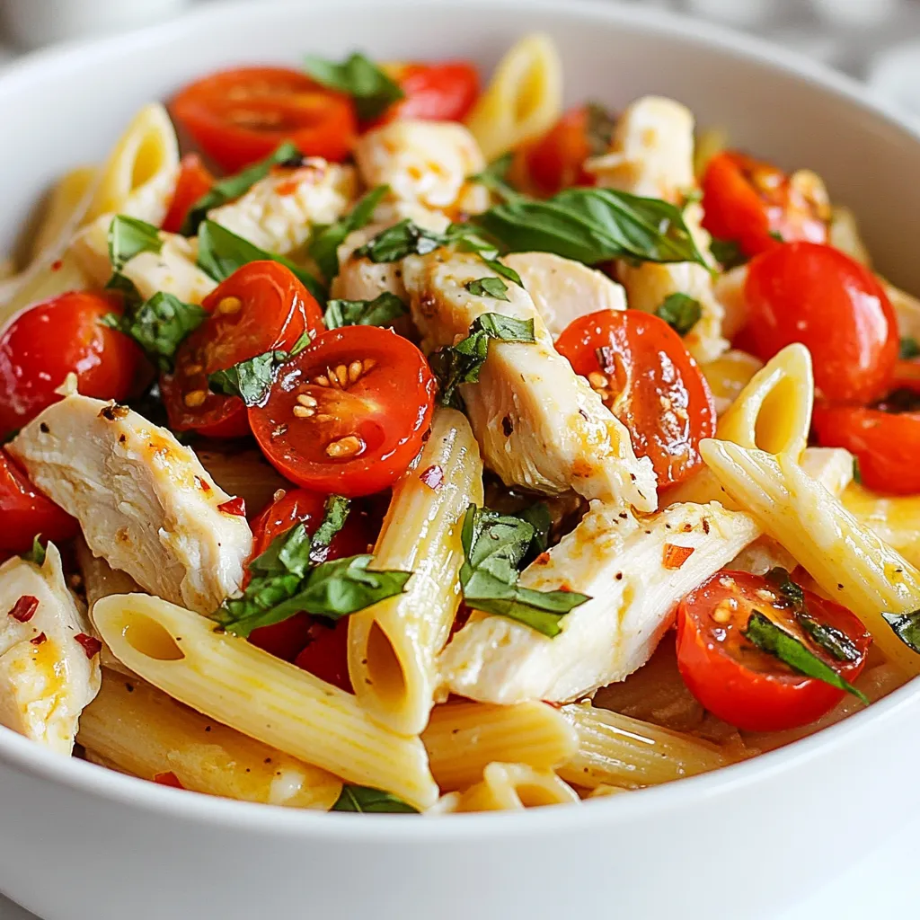 To make Bruschetta Chicken Pasta, you need these main items: - 1 lb chicken breast, diced - 12 oz pasta (penne or rotini) - 2 cups cherry tomatoes, halved - 1 cup fresh basil, chopped - 3 cloves garlic, minced - 1/2 cup mozzarella cheese, shredded - 1/4 cup balsamic vinegar - 3 tbsp olive oil - Salt and pepper to taste These ingredients work well together to create a rich and tasty dish. The fresh basil and tomatoes add a vibrant flavor. You can add some optional items to boost taste: - Crushed red pepper flakes for heat These crushed red pepper flakes give a nice kick. If you like it spicy, just sprinkle some in! Here’s what you need to cook this dish: - Large pot for boiling pasta - Large skillet for sautéing - Cutting board and knife for chopping - Measuring cups and spoons - Serving plates Having the right tools makes cooking easier. A good knife helps you chop quickly, and a large skillet allows even cooking. {{ingredient_image_1}} First, fill a large pot with water. Add salt, then bring it to a boil. Once boiling, add 12 ounces of pasta. You can use penne or rotini. Cook the pasta according to the package directions. It should be firm but not hard, called al dente. This usually takes about 8-10 minutes. After cooking, drain the pasta and set it aside. Next, take a large skillet and heat 1 tablespoon of olive oil on medium heat. Once the oil is hot, add 1 pound of diced chicken breast. Season the chicken with salt and pepper. Cook it for about 6-8 minutes. You want it to be golden brown and cooked all the way through. When it’s done, remove the chicken from the skillet and set it aside. In the same skillet, add another tablespoon of olive oil. Once heated, add 3 cloves of minced garlic. Sauté the garlic for about 1 minute until it smells good. Then, add 2 cups of halved cherry tomatoes. Cook them for 3-4 minutes, stirring often. The tomatoes should soften and release their juices. Now, return the cooked chicken to the skillet. Add the drained pasta to the mix. Pour in 1/4 cup of balsamic vinegar and half of the chopped basil. Toss everything together gently. Make sure all the ingredients are well mixed and heated through. Finally, remove the skillet from the heat. Stir in 1/2 cup of shredded mozzarella cheese. Keep stirring until the cheese melts and mixes in well. Taste your dish and add more salt, pepper, or crushed red pepper flakes if you want it spicier. Once everything is mixed, plate your pasta and sprinkle the rest of the basil on top. Drizzle a little olive oil for a nice shine before serving. Enjoy! To cook pasta perfectly, use a big pot. Fill it with water and add salt. The water should taste like the sea. Bring the water to a boil before adding your pasta. Stir the pasta right after adding it to prevent sticking. Cook it until it is al dente, which means it should still be firm. Check the package for exact cooking times. After cooking, drain the pasta but don’t rinse it. This keeps the starch, which helps the sauce stick. When picking chicken, look for fresh, high-quality cuts. Skinless, boneless chicken breasts work best for this dish. They cook evenly and absorb flavors well. Check for a bright pink color and no strong odor. If you can, buy organic or free-range chicken. It often tastes better and is healthier. If you're in a hurry, pre-diced chicken is also fine. Just be mindful of the cooking time. To enhance the flavor of your bruschetta chicken pasta, consider adding fresh herbs. Basil is great, but try parsley or oregano too. You can also add a squeeze of lemon juice for brightness. If you like heat, toss in some crushed red pepper flakes. A sprinkle of Parmesan cheese adds a nice salty kick. For extra richness, drizzle a little extra olive oil on top before serving. Don't forget to taste as you go; adjusting the seasoning will make a big difference! Pro Tips Perfect Pasta Cooking: Always cook your pasta in generously salted water to enhance its flavor. Aim for a taste reminiscent of the sea! Chicken Seasoning: For maximum flavor, marinate your diced chicken in olive oil, salt, pepper, and herbs for at least 30 minutes before cooking. Fresh Herbs Timing: Add fresh basil at the end of cooking to maintain its vibrant flavor and bright color. Cooking it too long can dull its taste. Balsamic Reduction: For an extra flavor boost, consider reducing balsamic vinegar in a saucepan until it thickens slightly before adding it to your dish. {{image_2}} You can easily make this dish vegetarian. Swap the chicken for diced eggplant or zucchini. These veggies soak up flavors well. Use the same cooking method for a tasty meal. You can also add chickpeas for protein. This change keeps the dish filling and delicious. If you need a gluten-free meal, choose gluten-free pasta. Options like brown rice or quinoa pasta work great. They still give you that great texture. Just follow the cooking instructions on the package. The rest of the dish stays the same, so it tastes just as good. Incorporating seasonal veggies adds color and flavor. Try bell peppers, spinach, or asparagus. You can sauté them with the garlic for extra taste. Toss them in with the tomatoes and chicken. This makes your pasta more vibrant and healthy. Plus, it’s a fun way to use fresh produce! To store leftover bruschetta chicken pasta, use an airtight container. Make sure to cool the pasta before sealing. This helps keep it fresh. You can store it in the fridge for up to three days. If you want to keep it longer, consider freezing it. When reheating bruschetta chicken pasta, you have a few options. The best way is to use the stove. Place the pasta in a skillet over low heat. Add a splash of water or olive oil to keep it moist. Stir often until it is warm. You can also use a microwave. Heat in short bursts, stirring in between, to avoid hot spots. To freeze bruschetta chicken pasta, first cool it completely. Then, portion it into freezer-safe bags or containers. Squeeze out excess air to prevent freezer burn. It can last up to three months in the freezer. When ready to eat, thaw it in the fridge overnight before reheating. This keeps the taste fresh and delicious. I recommend penne or rotini pasta for this dish. Both shapes hold sauce well. Their curves grab the tasty mix of chicken and tomatoes. You can also use spaghetti if you prefer long noodles. It will still taste great! Yes, you can prepare Bruschetta Chicken Pasta ahead of time. Cook the pasta and chicken, then mix the bruschetta ingredients. Store them separately in the fridge. This way, you can combine them when you're ready to eat. Just reheat and add cheese before serving. To add heat, sprinkle in crushed red pepper flakes. Start with a little, then taste. You can always add more if you want more spice. Another option is to use spicy chicken sausage instead of plain chicken. This adds flavor and heat! Bruschetta Chicken Pasta pairs well with a fresh salad. A simple green salad with vinaigrette is perfect. Garlic bread is another great choice. It helps soak up the delicious sauce. For drinks, try a light white wine or sparkling water with lemon. In this blog post, we explored the tasty world of Bruschetta Chicken Pasta. We covered the best main and optional ingredients to elevate your dish. I shared step-by-step instructions to guide you through cooking it perfectly. You also learned helpful tips and fun variations for everyone. Don't forget the ways to store leftovers and reheat them. Enjoy making this flavorful dish that brings joy to your table. Your cooking can impress friends and family, so dive into this recipe and savor each bite.