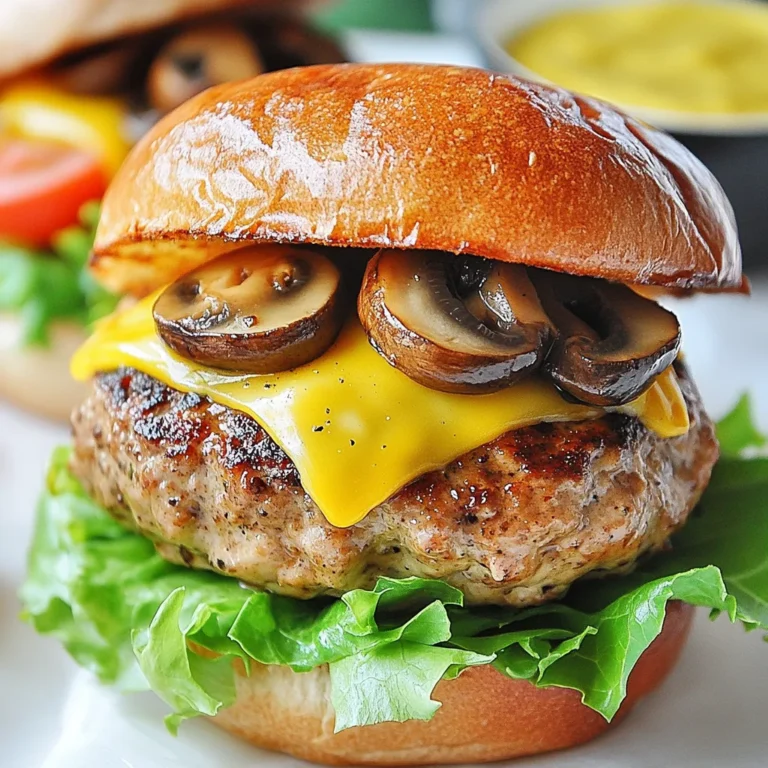 To make delicious Mushroom Swiss Turkey Burgers, you need just a few simple ingredients. Here’s what you will need: - 1 lb ground turkey - 1 cup mushrooms, finely chopped - 1/2 cup Swiss cheese, shredded - 1/4 cup breadcrumbs - 1 tablespoon Worcestershire sauce - 1 clove garlic, minced - 1 teaspoon onion powder - Salt and pepper to taste - 4 whole wheat burger buns - Lettuce leaves, for serving - Sliced tomatoes, for serving - Mustard or your favorite condiment These ingredients work together to create a juicy, flavorful burger. Ground turkey gives you a lean protein base. Finely chopped mushrooms add moisture and a rich, earthy flavor. Swiss cheese melts perfectly over the turkey, making each bite creamy and savory. Breadcrumbs help bind the mixture, so the patties hold their shape while cooking. Worcestershire sauce adds a nice umami kick. Garlic and onion seasoning brighten the flavor profile. Whole wheat burger buns offer a hearty touch, while lettuce and tomatoes add freshness. You can choose mustard or any condiment you like to complete your burger. This mix of ingredients will surely impress your family and friends! {{ingredient_image_1}} First, heat a drizzle of olive oil in a skillet over medium heat. Add the finely chopped mushrooms. Sauté them for about 5 minutes. You want them to soften and lose most of their moisture. Once done, remove the mushrooms from heat and let them cool slightly. In a large mixing bowl, combine the ground turkey and the cooled mushrooms. Add the shredded Swiss cheese, breadcrumbs, Worcestershire sauce, minced garlic, onion powder, salt, and pepper. Mix everything well. Make sure all ingredients are evenly combined. Once mixed, divide the mixture into four equal parts. Shape each part into a burger patty. Now it's time to cook! Preheat your grill or a non-stick skillet over medium heat. Place the turkey patties on it. Cook them for 5-6 minutes on each side. You want the internal temperature to reach 165°F (75°C) and the patties to be golden brown. In the last minute of cooking, place a slice of Swiss cheese on each patty. Let it melt while the burgers finish cooking. To make the best mushroom Swiss turkey burgers, start by ensuring even cooking. Shape the patties evenly. This helps them cook at the same rate. Make them about ¾ inch thick. Thicker patties take longer to cook, while thinner ones can dry out. Enhancing flavor with spices is key to a juicy burger. Use onion powder and garlic for a savory touch. You can also add paprika or even a pinch of cayenne for a kick. A little salt and pepper elevate the taste, so don’t skip them. If you have leftover burgers, proper refrigeration helps keep them fresh. Place the cooled burgers in an airtight container. They can last up to three days in the fridge. Make sure they cool down first to avoid condensation inside the container. For reheating tips, use a skillet on low heat. This keeps the burger moist. You can also microwave them, but this may dry them out. If you want a crispy texture, heat them in the oven at 350°F for about 10 minutes. Enjoy your leftovers just like the first bite! Pro Tips Fresh Mushrooms are Key: Use fresh mushrooms for the best flavor. Dried mushrooms can alter the texture and moisture content of your burgers. Don’t Overmix: When combining ingredients, mix just until combined. Overmixing can make the burgers tough. Rest the Patties: Let the cooked patties rest for a few minutes before serving. This allows the juices to redistribute, making for a juicier burger. Experiment with Seasonings: Feel free to customize the seasoning blend. Adding herbs like thyme or spices like smoked paprika can enhance the flavor profile. {{image_2}} You can switch the ground turkey for ground chicken or beef. Ground chicken gives a lighter taste. Beef adds a rich flavor that many love. Each option changes the burger's taste and texture. For cheese, try different types like cheddar or pepper jack. Cheddar brings a sharpness that contrasts well with mushrooms. Pepper jack adds a spicy kick. Experiment with your favorites to find the best combo! You can boost the flavor by adding spices. Try paprika for a smoky note. Cumin gives a warm, earthy taste. A sprinkle of cayenne can bring heat if you like it spicy. For toppings, think outside the box. Add avocado for creaminess. Crispy bacon adds crunch and flavor. You can also use pickles for tang. Customize your burger to match your mood! To keep your mushroom Swiss turkey burgers fresh, store them in the fridge. Place the burgers in an airtight container. Make sure to separate layers with parchment paper. This helps prevent sticking. They stay fresh for up to three days. If you want to freeze the patties, wrap each one in plastic wrap. Place them in a freezer bag or container. They can last up to three months in the freezer. Just label the bags with the date. Cooked mushroom Swiss turkey burgers last about three days in the fridge. Store them in the same airtight container. Before eating, always check for signs of spoilage. Watch for changes in color or a sour smell. If the burger feels sticky or slimy, it’s best to throw it away. Always prioritize safety when it comes to food! To ensure your turkey burgers are safe, check the internal temperature. It should reach 165°F (75°C). Use a meat thermometer for accuracy. This temperature kills harmful bacteria. You can also look for visual clues. The burgers should be golden brown on the outside. When you cut into them, the juices should run clear. There should be no pink meat inside. Yes, you can use different buns for these burgers! Whole wheat buns are tasty, but feel free to get creative. You might try brioche or sourdough for a richer flavor. If you need gluten-free options, use lettuce wraps or gluten-free buns. They will still hold the burger and toppings well. Great sides enhance your burger meal. Try sweet potato fries or classic potato wedges. They add a crunchy texture. You can also serve a fresh salad. A simple green salad with a light vinaigrette works well. Roasted vegetables make a nice pairing, too. They add color and flavor to your plate. This post covered how to make tasty Mushroom Swiss Turkey Burgers. We explored ingredients like ground turkey, mushrooms, and cheese. I shared step-by-step instructions for cooking, storage tips, and variations. Don't hesitate to try new flavors or swaps. Store leftovers properly for later enjoyment. Enjoy making these burgers your own. Happy cooking!