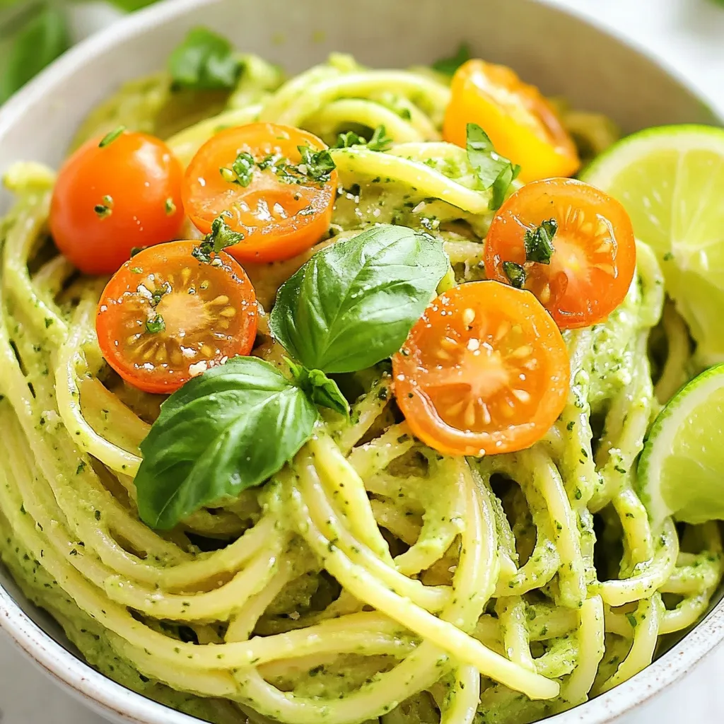 - 2 ripe avocados - 3 tablespoons fresh lime juice - 1 garlic clove, minced - 1/4 cup fresh basil leaves - 1/4 cup extra virgin olive oil - Salt and pepper to taste - 12 ounces pasta (spaghetti or fettuccine works well) - 1/2 cup cherry tomatoes, halved - Fresh cilantro for garnish - Lime wedges for serving To make creamy avocado lime pasta, you need fresh, ripe ingredients. Start with two ripe avocados. They should feel soft but not mushy. Next, you will need three tablespoons of fresh lime juice. This adds a bright, zesty flavor. A single garlic clove, minced, brings a nice kick to the dish. Use about a quarter cup of fresh basil leaves for a fragrant touch. The olive oil helps blend the sauce smoothly, so grab a quarter cup of extra virgin olive oil. Don't forget salt and pepper to taste. Choose spaghetti or fettuccine for your pasta. Both work well and will hold the sauce nicely. You also need half a cup of cherry tomatoes. Halve them to add color and sweetness to your dish. For garnishes, have fresh cilantro ready. Lime wedges will also add a fresh burst of flavor when serving. Each ingredient plays a vital role in making this dish creamy and delicious. {{ingredient_image_1}} Start by bringing a large pot of salted water to a boil. The salt adds flavor to the pasta. Once boiling, add 12 ounces of your chosen pasta, like spaghetti or fettuccine. Cook the pasta according to the package instructions until it becomes al dente. This means it should be firm to the bite. After cooking, drain the pasta but make sure to save about 1 cup of the pasta water. This water helps later with the sauce. In a food processor, combine 2 ripe avocados, 3 tablespoons of fresh lime juice, 1 minced garlic clove, and 1/4 cup of fresh basil leaves. Blend these ingredients until the mixture is smooth and creamy. While blending, slowly drizzle in 1/4 cup of extra virgin olive oil. This helps the sauce come together and adds richness. After blending, taste the sauce. Add salt and pepper to enhance the flavor. If the sauce is too thick, use the reserved pasta water to reach your desired consistency. In a large mixing bowl, combine the cooked pasta with the avocado sauce. Toss everything together until the pasta is evenly coated. If the sauce feels too thick, add a bit more of the reserved pasta water. This will help loosen it up. Next, gently fold in 1/2 cup of halved cherry tomatoes. Mix them in well so they are spread throughout the pasta. This adds freshness and color. Serve the pasta right away, garnished with fresh cilantro and lime wedges for an extra flavor boost. To enhance the flavor of your avocado sauce, I suggest using fresh lime juice and a pinch of salt. You can also add crushed red pepper for a spicy kick. For more depth, try adding a sprinkle of smoked paprika. If your sauce is too thick, don’t worry! Just add a bit of reserved pasta water. This water has starch that helps thicken the sauce without losing creaminess. Start with a tablespoon and mix until you reach the right consistency. For an elegant look, plate the pasta in shallow bowls. This helps show off the vibrant green color of the sauce. Add a sprig of fresh basil on top for decoration. You can also drizzle a little extra olive oil over the pasta before serving. To make your dish pop, add halved cherry tomatoes and fresh cilantro. These not only add flavor but also brighten up your plate. Serve lime wedges on the side for a zesty finish. One common mistake is overcooking the pasta. Always follow package instructions and check for al dente. The pasta should be firm to the bite for the best texture. Another pitfall is letting the sauce lose its creamy texture. If you mix the sauce too aggressively, it can become grainy. Gently fold the sauce into the pasta until everything is evenly coated. This keeps it smooth and delicious. Pro Tips Use Ripe Avocados: Ensure your avocados are perfectly ripe for the creamiest sauce. A ripe avocado should yield slightly to gentle pressure when squeezed. Customize Your Herbs: Experiment with different herbs like cilantro or parsley to switch up the flavor profile of your sauce. Optimal Pasta Cooking: Always cook pasta al dente for the best texture, and remember to reserve some pasta water for adjusting the sauce consistency. Serving Suggestions: For added flavor, consider topping the dish with crumbled feta or grated Parmesan cheese before serving. {{image_2}} For an extra boost, you can add protein to your pasta. Here are some tasty options: - Grilled chicken: Slice it thin and mix it in. - Shrimp: Cook shrimp in olive oil for a quick addition. - Tofu: Use firm tofu for a plant-based choice. - Chickpeas: These add protein and a nice texture. Each protein helps make this dish filling and satisfying. If you want a vegan version, simply swap the regular pasta for gluten-free pasta. Here are some easy swaps: - Use chickpea pasta or lentil pasta for a great texture. - Instead of cheese, add nutritional yeast for a cheesy flavor. You’ll enjoy a creamy, plant-based dish that fits any diet. You can mix up the flavors for fun. Here are some ideas: - Add red pepper flakes for a spicy kick. - Stir in fresh spinach for extra greens. - Use cilantro instead of basil for a fresh twist. - Try lemon juice for a zesty change. These small changes can create a whole new dish each time! To keep your creamy avocado lime pasta fresh, store it in an airtight container. Place it in the fridge within two hours of cooking. This helps prevent bacteria growth. The pasta will stay good for about 2-3 days. If you can, keep the sauce and pasta separate. This helps maintain the creamy texture. When reheating, avoid the microwave if you can. It can make the pasta dry. Instead, use a skillet on low heat. Add a splash of water or olive oil. Stir gently until warm. If you prefer the microwave, use a microwave-safe dish. Heat in short bursts, stirring in between. You can freeze leftover creamy avocado lime pasta, but it may change texture. To freeze, place portions in freezer-safe bags. Remove as much air as possible. Label with the date. It will keep well for up to 3 months. When ready to eat, thaw in the fridge overnight. Reheat gently on the stove to revive the creaminess. Yes, you can make the avocado sauce ahead of time. To do this, blend the ingredients as usual. After blending, store the sauce in an airtight container. Press plastic wrap directly onto the surface of the sauce. This helps limit air exposure. Keep it in the fridge for up to two days. When ready to use, stir the sauce well. If it’s too thick, add a splash of water. To keep avocados fresh, you can use a few simple tricks. Use lime juice or lemon juice right after cutting. The acidity slows down the browning process. Another method is to store them in water. Just cover the surface of the avocado with water and seal it tightly. You can also try using an airtight container. These methods help keep the green color longer. For this recipe, you can use various pasta types. Spaghetti and fettuccine are great choices. They hold the creamy sauce well. Penne or farfalle also work nicely if you prefer shapes. Feel free to try whole wheat or gluten-free options too. Each type brings a different texture to the dish. Choose what you like best! This blog post covered how to make a tasty avocado pasta dish. We explored the key ingredients and provided step-by-step cooking instructions. You learned tips for perfecting the sauce, serving ideas, and common mistakes to avoid. We also offered variations for dietary needs and storage tips. Now, you can enjoy a creamy, flavorful meal that fits your taste and preferences. Remember, cooking is an adventure, so feel free to experiment and make it your own. Happy cooking!