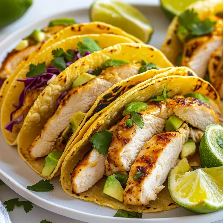 - 1 lb boneless, skinless chicken thighs - 2 tablespoons olive oil - Juice of 2 limes - Zest of 1 lime - 3 cloves garlic, minced - 1 teaspoon ground cumin - 1 teaspoon paprika - 1 teaspoon chili powder - Salt and pepper to taste - 1 cup fresh cilantro, chopped - 8 small corn tortillas To make the best cilantro lime chicken tacos, you need fresh and vibrant ingredients. The chicken thighs give a juicy bite. The lime juice adds a bright taste. The garlic brings a nice kick. The spices like cumin, paprika, and chili powder create depth and warmth. Finally, fresh cilantro adds a burst of flavor. - 1 avocado, sliced - 1 cup shredded red cabbage - 1/2 cup queso fresco, crumbled (optional) - Lime wedges for serving For extra flair, add sliced avocado for creaminess. Shredded red cabbage gives a nice crunch. You can also sprinkle queso fresco for a salty touch. Lime wedges are perfect for squeezing over the tacos right before eating. - Medium bowl for mixing marinade - Grill or skillet for cooking chicken - Tongs for flipping chicken - Knife and cutting board for slicing toppings - Plates for serving tacos Having the right tools makes cooking easier. A bowl helps mix the marinade well. A grill or skillet cooks the chicken evenly. Tongs make it safe to flip the chicken. A knife and cutting board help prepare your toppings quickly. Lastly, plates will make serving a breeze. {{ingredient_image_1}} First, grab a medium bowl. In it, mix 2 tablespoons of olive oil, the juice and zest of 2 limes, and 3 minced garlic cloves. Add 1 teaspoon each of ground cumin, paprika, and chili powder. Sprinkle in some salt and pepper. Stir well to blend all the flavors. Next, add 1 pound of boneless, skinless chicken thighs. Make sure every piece gets coated in that tasty marinade. Cover the bowl and place it in the fridge. Let it sit for at least 30 minutes or up to 2 hours for the best flavor. Now, it’s time to cook. Preheat your grill or skillet to medium-high heat. Take the chicken from the marinade. Cook each thigh for about 5 to 7 minutes on both sides. You want it to be fully cooked and no longer pink. Use a meat thermometer to check. The chicken should reach 165°F (75°C). Once done, let the chicken rest for a few minutes. This helps keep it juicy. After resting, slice the chicken into strips. Next, warm 8 small corn tortillas on the grill or in a dry skillet. You want them soft and pliable. Now, it’s time to build your tacos. Place a few strips of chicken into each tortilla. Top with shredded red cabbage and sliced avocado. Don’t forget to sprinkle fresh cilantro on top. If you like, add some crumbled queso fresco for extra flavor. Serve with lime wedges on the side to squeeze over the tacos. Enjoy your delicious meal! To make a great marinade, use fresh lime juice and zest. I mix olive oil, lime juice, and garlic. Ground cumin, paprika, and chili powder add depth. Don’t forget salt and pepper. Let the chicken sit in the marinade for at least 30 minutes. For more flavor, marinate for two hours. This time allows the chicken to soak up all the tasty goodness. Grilling gives the chicken a nice smoky flavor. It takes about 5-7 minutes per side on medium-high heat. Use a grill thermometer to ensure the chicken reaches 165°F. If you prefer skillet cooking, heat a little oil in your pan. Cook the chicken on medium-high for the same time. Both methods will keep the chicken juicy and delicious. Warm your corn tortillas before filling them. This makes them soft and pliable. Layer strips of chicken in each tortilla. Top with shredded cabbage, avocado slices, and chopped cilantro. For a creamy touch, add crumbled queso fresco. Serve with lime wedges for a fresh squeeze of flavor. Enjoy these tacos with your favorite sides, like rice or beans. Pro Tips Marinate Longer for More Flavor: For the best flavor, marinate the chicken for at least 2 hours, or overnight if possible. This allows the spices and lime to deeply penetrate the meat. Use Fresh Ingredients: Fresh cilantro and lime juice will enhance the taste of your tacos significantly. Avoid bottled lime juice if you can. Perfect Taco Assembly: Warm the tortillas just before serving to keep them soft and pliable. This will make your tacos easier to fold and eat. Adjust Spice Level: If you prefer a milder flavor, reduce the amount of chili powder or use a milder variety. You can also add toppings like sour cream to balance the heat. {{image_2}} You can easily turn these tacos into a tasty vegetarian dish. Swap the chicken for grilled zucchini, bell peppers, or mushrooms. These veggies soak up the marinade well and add great flavor. You can also use tofu or tempeh for a protein boost. Just cut them into strips and marinate as you would the chicken. Grill them until tender, and you'll have a satisfying meal. If you want to try something different, consider using shrimp or fish. Shrimp cooks quickly and pairs well with lime. Just marinate for a shorter time, about 15-20 minutes, to keep them juicy. For fish, flaky white fish like tilapia or cod works best. Make sure to cook it until it flakes easily with a fork. These options add a fresh twist while still being easy to prepare. You can change the flavor profile with a few simple swaps. Add some chipotle powder for a smoky kick. If you like heat, try jalapeño or serrano peppers in the marinade. For a sweeter touch, add a bit of honey or mango. You can also mix in different herbs, like parsley or mint, to give your tacos a unique taste. Experimenting with these variations makes every meal special. After enjoying your cilantro lime chicken tacos, store leftovers in an airtight container. Keep them in the fridge. They stay fresh for up to three days. Make sure the chicken and toppings are separate. This helps keep the tortillas from getting soggy. If you have extra lime wedges, store them in a small bag or container. To reheat, use a skillet over medium heat. Warm the chicken for about 3-4 minutes until hot. For the tortillas, warm them in the skillet or microwave. If using the microwave, heat them for 10-15 seconds. This keeps them soft and pliable. Avoid overheating, as this can dry them out. You can freeze the chicken for up to three months. Place the cooked chicken in a freezer-safe bag. Remove as much air as possible to prevent freezer burn. When ready to eat, thaw it in the fridge overnight. Reheat as needed. However, I recommend not freezing the tortillas or fresh toppings. They taste best when fresh! Yes, you can use chicken breasts. They have less fat, so they cook faster. You may want to reduce cooking time by a minute or two. The taste will be slightly different, but still delicious. Small corn tortillas work best for these tacos. They are soft, easy to fold, and add great flavor. You can also try flour tortillas if you prefer a softer texture. To add spice, include jalapeños or hot sauce. You can also add more chili powder to the marinade. For an extra kick, try using chipotle peppers in adobo sauce. These tacos pair well with rice or beans. You can also serve them with a fresh salad or chips and salsa. A cold drink, like lemonade, complements the flavors nicely. Cilantro lime chicken tacos are easy to make and taste great. We covered ingredients, cooking steps, and helpful tips. You can also try fun variations to suit your taste. Don’t forget about storing leftovers or reheating them. Tacos are a versatile meal that can fit any occasion. Enjoy making these delicious tacos, and share them with friends and family. Your next meal will be a hit!