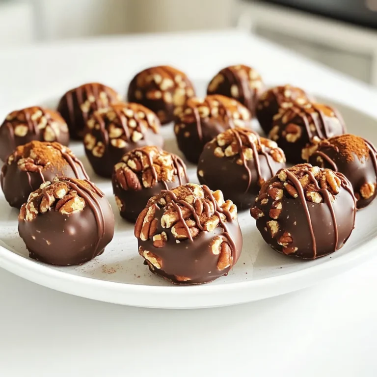 Here are the simple and tasty ingredients you'll need to make No Bake Pumpkin Pecan Truffles: - 1 cup canned pumpkin puree - 1 cup almond flour - 1/2 cup finely chopped pecans - 1/4 cup maple syrup - 1 tablespoon pumpkin pie spice - 1 teaspoon vanilla extract - 1/4 teaspoon salt - 1/2 cup dark chocolate chips (for coating) - Extra chopped pecans (for rolling) Each ingredient plays a key role in flavor and texture. The pumpkin puree gives a rich, creamy base. Almond flour adds a nutty taste and keeps the truffles moist. Finely chopped pecans bring a delightful crunch. Maple syrup sweetens the mix and binds it together. Pumpkin pie spice gives that warm, cozy flavor we all love. Vanilla extract adds depth, while salt enhances all the tastes. For the coating, dark chocolate chips melt to create a smooth layer. Extra chopped pecans roll on top for added texture and a nice finish. Gather these ingredients, and you’re ready to create a delicious treat! - In a large mixing bowl, combine: - 1 cup canned pumpkin puree - 1 cup almond flour - 1/2 cup finely chopped pecans - 1/4 cup maple syrup - 1 tablespoon pumpkin pie spice - 1 teaspoon vanilla extract - 1/4 teaspoon salt - Mix until fully incorporated. You want a smooth and thick mixture. - Cover the bowl with plastic wrap. This keeps the mixture fresh. - Refrigerate for 30 minutes. Chilling helps it firm up for easier handling. - After chilling, scoop out small portions of the mixture. - Roll them into bite-sized balls, about 1 inch in diameter. - Place the truffles on a parchment-lined baking sheet. This prevents sticking. - Melt dark chocolate chips in a microwave-safe bowl. - Heat in short bursts, stirring every 30 seconds until smooth. - Dip each truffle into the melted chocolate. Use a fork to coat it well. - Allow excess chocolate to drip off. - Roll the chocolate-coated truffles in extra chopped pecans. This adds crunch. - Return the truffles to the parchment-lined sheet. Refrigerate for another 20 minutes to let chocolate set completely. Chilling the mixture is key to making these truffles. When you cover the bowl and refrigerate for 30 minutes, it helps firm the mixture. This step makes it easier to roll the truffles into shape. If you find your mixture too wet, you can add more almond flour. Just do it a little at a time. This will help you get the right texture. Melting chocolate evenly is important for a nice finish. I suggest using a microwave-safe bowl. Melt the dark chocolate chips in intervals. Stir every 30 seconds until smooth. This will prevent the chocolate from burning. When coating the truffles, use a fork. Dip each truffle and roll it gently. This helps avoid clumping and ensures they are fully coated. For an eye-catching look, arrange the truffles on a beautiful platter. You can drizzle some extra melted chocolate over the top for flair. A sprinkle of pumpkin pie spice on top adds color and ties in the flavors. This simple touch makes your truffles stand out at any holiday gathering. {{image_2}} You can easily change the flavor of your truffles. Adding spices like cinnamon or nutmeg can boost the taste. These spices blend well with pumpkin. Just add a little to your mix and taste as you go. You might like it stronger or milder. You can also swap out nuts. Instead of pecans, try walnuts or almonds. Each nut brings its own taste. Seeds like sunflower or pumpkin seeds work too. This way, you can customize your truffles to match your preferences. If you need gluten-free truffles, it's simple. Almond flour is already gluten-free. Just make sure the other ingredients are safe too. Maple syrup and pumpkin puree are fine. For a vegan option, replace the dark chocolate with dairy-free chocolate. Make sure to check the labels on all your ingredients. This way, everyone can enjoy these tasty treats. Coating your truffles can be fun. While dark chocolate is rich, you can use white chocolate for a sweeter taste. Just melt it the same way and dip your truffles. Another fun idea is rolling them in crushed cookies or coconut. Crushed graham crackers or Oreos add a nice crunch. Coconut gives a tropical twist. Experiment with different coatings to find your favorite! To keep the mixture fresh, place it in an airtight container. You can also cover the bowl with plastic wrap. Refrigerate the mixture for up to three days. This allows the flavors to meld well. Chilling helps the mixture firm up, making it easier to roll. You may also want to refrigerate it again after shaping the truffles. This keeps them sturdy for coating. Once you coat the truffles in chocolate, store them in a sealed container. Layer parchment paper between them to prevent sticking. Keep them in the fridge for up to a week. For longer storage, you can freeze them. Place the truffles in a freezer-safe container. They can last up to three months in the freezer. When ready to eat, just thaw in the fridge before serving. Yes, you can use fresh pumpkin. Just make sure to cook it first. Steam or roast your pumpkin until soft. Once it cools, blend it until smooth. Canned pumpkin is easier, but fresh adds great flavor. These truffles can last about five days in the fridge. Store them in an airtight container. This keeps them fresh and tasty. If you want to keep them longer, consider freezing them. You can use any nut flour, like hazelnut or cashew flour. If you need it nut-free, try oat flour or sunflower seed flour. Just note that the taste and texture may change a bit. Absolutely! You can make them a day or two before your event. Just store them in the fridge until you are ready to serve. This makes it easy to enjoy your holiday treats without stress. To get a smooth chocolate coat, melt chocolate slowly. Use a microwave on low power, stirring often. This helps prevent burning. You can also add a teaspoon of coconut oil to make it even smoother. These pumpkin truffles blend simple ingredients with fun steps. You mix pumpkin, almond flour, and spices to create a tasty treat. After chilling and shaping the mixture, coating it in dark chocolate adds rich flavor. Plus, you can modify them to suit different diets or preferences. In the end, these truffles are not hard to make and look great on a plate. I hope this guide inspires you to try making them your own way. Enjoy creating and sharing these delightful bites!