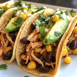 - 1.5 lbs boneless, skinless chicken breasts - 1 can (15 oz) black beans, rinsed and drained - 1 can (15 oz) corn, drained - 1 can (10 oz) diced tomatoes with green chilies The base of my crockpot chicken tacos is simple yet full of flavor. I always start with boneless, skinless chicken breasts. They cook well and shred easily. Next, I add black beans and corn. They bring a hearty texture and add fiber. Diced tomatoes with green chilies give a nice kick. The juice from these tomatoes keeps everything moist and tasty. - 2 tablespoons taco seasoning - 1 teaspoon cumin - Juice of 1 lime - Fresh cilantro, for garnish - Optional toppings: Avocado slices, shredded cheese Seasonings are key in this dish. Taco seasoning and cumin add depth to the chicken. A squeeze of lime juice brightens the flavors. Once the tacos are ready, I like to top them with fresh cilantro. It adds a pop of color and taste. For a richer bite, I recommend adding avocado slices or shredded cheese. These toppings make the meal even more satisfying. {{ingredient_image_1}} To make your crockpot chicken tacos, start by layering your ingredients. Place the boneless, skinless chicken breasts at the bottom of the crockpot. This helps the chicken stay moist. Next, add the finely chopped onion and minced garlic over the chicken. Then, add the rinsed black beans, drained corn, and diced tomatoes with their juice on top. For chopping, use a sharp knife for even pieces. This helps all the flavors mix well. Measure the taco seasoning and cumin carefully. A good balance of spices makes your dish pop with flavor. Set your crockpot to low for a long, slow cook. This allows the chicken to become very tender. You can also set it to high if you are short on time. Cooking on low takes about 6 to 8 hours. If you choose high, it will only take 3 to 4 hours. Just make sure the chicken reaches an internal temperature of 165°F. Once the chicken is cooked, it’s time to shred it. Use two forks to pull the chicken apart easily. You can also use a hand mixer for quicker shredding. After shredding, mix the chicken back into the sauce in the crockpot. For serving, warm your tortillas in a pan for a few seconds. Fill each tortilla with the chicken mixture. Top with fresh cilantro, avocado slices, and shredded cheese if you like. Enjoy your savory tacos! To keep your chicken tender, use boneless, skinless breasts. They cook evenly and stay juicy. Add lime juice before cooking. This will help tenderize the meat. Make sure not to overcook it. When chicken is dry, it loses flavor. Adjusting seasoning is easy. After cooking, taste the mixture. If it needs more spice, sprinkle in extra taco seasoning. Add a pinch of salt to bring out the flavors. You can also stir in fresh cilantro for a burst of freshness. Preparing your ingredients ahead of time saves you hassle. Chop the onion and garlic the night before. You can even mix the taco seasoning with the other spices early. This way, everything is ready to go when you start cooking. Shredding chicken can take time, but there are quick methods. Use two forks to shred it in the crockpot. If you're short on time, try using a hand mixer. Just be careful not to over-shred; you want it chunkier, not mushy. Pro Tips Choosing the Right Chicken: Opt for organic or free-range chicken for better flavor and texture. Customize Your Spice Level: Adjust the amount of taco seasoning and add jalapeños if you like it spicy. Prep Ahead: You can prepare the ingredients the night before and store them in the fridge for a quick morning prep. Serving Suggestions: Serve with lime wedges on the side for a zesty kick and extra fresh cilantro for garnish. {{image_2}} You can switch up the beans in this dish. Try pinto beans or chickpeas for a new taste. You can also add more veggies. Bell peppers, zucchini, or spinach work well. For a dairy-free option, skip the cheese. Use guacamole or a dairy-free sour cream instead. Want to add some heat? Toss in sliced jalapeños to the slow cooker. They will bring a nice kick. You can also use other spices for more flavor. Try smoked paprika or chili powder. These spices will elevate the taste of your tacos. Experimenting with spices is a fun way to make this dish your own! Store leftovers in an airtight container. This keeps the chicken moist and fresh. Place the chicken mixture in the fridge within two hours of cooking. It lasts up to three days in the fridge. Before serving, check for any off smells or changes in texture. To freeze the chicken mixture, let it cool completely first. Transfer it to a freezer-safe bag. Remove as much air as possible and seal it tightly. You can freeze it for up to three months. When ready to eat, thaw it overnight in the fridge. For reheating, place the mixture in a pot over low heat. Stir until it’s warmed through. You can also use the microwave, heating in short bursts. Stir in between to avoid hot spots. Serve it with fresh tortillas and toppings for a quick meal. Can I use frozen chicken breasts? Yes, you can use frozen chicken breasts. Just add an extra hour to the cooking time. This will help ensure it cooks through safely. I often use frozen chicken for quick meals. It saves time and still tastes great. What type of tortillas are best for serving? Corn tortillas work best for these tacos. They have a nice flavor and hold up well. You can also use flour tortillas if you prefer a softer bite. Just warm them before filling for the best taste. How can I make this recipe spicier? To spice it up, add sliced jalapeños or extra taco seasoning. Chipotle powder is another great choice for a smoky heat. You can also serve with hot sauce to let everyone add their own spice. Caloric breakdown per serving Each serving has about 300 calories. This makes it a tasty and filling meal without being too heavy. Key nutrients in the recipe This dish is rich in protein from the chicken and beans. It also has fiber from the black beans and corn. Plus, tomatoes add vitamins A and C. This meal is both nutritious and delicious! This recipe for chicken and black bean crockpot is easy and tasty. You learned about the main ingredients, seasonings, cooking steps, and helpful tips. Don't forget the fun variations to suit your taste. Remember, storing leftovers is simple and safe, whether in the fridge or freezer. Try this dish for a quick meal that everyone will enjoy. Cooking can be fun and stress-free! Happy cooking!