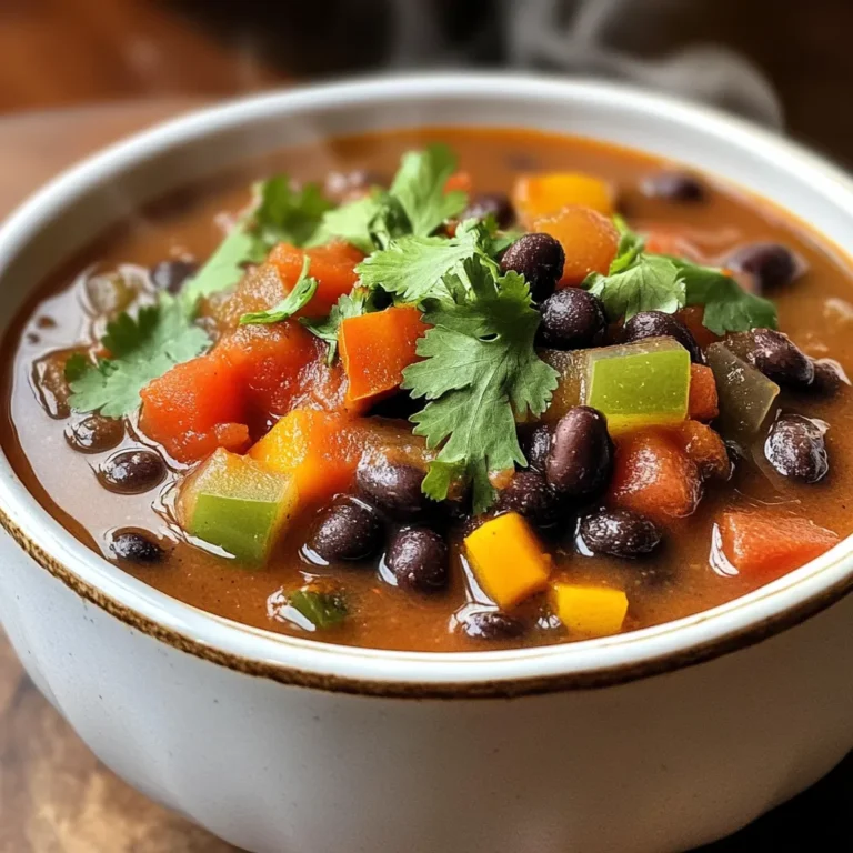 - 1 tablespoon olive oil - 1 medium onion, diced - 3 cloves garlic, minced - 1 bell pepper (red or yellow), diced - 2 carrots, diced - 1 teaspoon ground cumin - 1 teaspoon smoked paprika - 1/2 teaspoon cayenne pepper (adjust to taste) - 1 can (15 oz) black beans, drained and rinsed - 4 cups vegetable broth - 1 can (14.5 oz) diced tomatoes, with juice - Salt and black pepper to taste - 1 tablespoon lime juice - Fresh cilantro for garnish This soup packs a punch with simple, fresh ingredients. Each one plays a key role in creating layers of flavor. I start with olive oil. It gives a nice, rich base. Use a medium onion for sweetness. Garlic adds zest, while bell pepper brings crunch. Carrots add color and a slight sweetness. Next, spices bring heat and depth. Cumin adds earthiness. Smoked paprika gives a warm flavor. If you want it spicy, cayenne pepper is your friend. Black beans are the star. They add protein and creaminess. Vegetable broth keeps it light yet hearty. Diced tomatoes add a touch of acidity and brightness. Finally, I finish with lime juice for tang. Fresh cilantro brightens the dish and adds a pop of green. Each ingredient works together to make a bowl of spicy black bean soup that’s both tasty and comforting. {{ingredient_image_1}} 1. Heat the olive oil: Start by pouring 1 tablespoon of olive oil into a large pot. Set the heat to medium. This oil adds richness to the soup. 2. Sauté the onion: Once the oil is warm, add the diced onion. Cook it for about 5 minutes. The onion should become soft and see-through. 3. Add garlic, bell pepper, and carrots: Next, stir in 3 minced garlic cloves, 1 diced bell pepper, and 2 diced carrots. Cook these veggies for another 5 to 7 minutes. This step builds a strong flavor base. 4. Incorporate spices: Now it’s time to add the spices. Stir in 1 teaspoon of ground cumin, 1 teaspoon of smoked paprika, and 1/2 teaspoon of cayenne pepper. Cook for 1 minute. This will make your kitchen smell amazing! 1. Combine black beans, broth, and tomatoes: Add 1 can of drained and rinsed black beans, 4 cups of vegetable broth, and 1 can of diced tomatoes (with juice) into the pot. Mix everything well. 2. Simmer the mixture: Bring the soup to a boil. Then, lower the heat and let it simmer for 25 to 30 minutes. This allows all the flavors to mix together. 3. Blend to desired consistency: After simmering, use an immersion blender to blend the soup. You can choose to make it smooth or keep it chunky. If you don’t have an immersion blender, carefully transfer some soup to a regular blender. Blend it and return it to the pot. 1. Adjust seasoning: Taste the soup. Add salt, black pepper, and 1 tablespoon of lime juice. These ingredients brighten the flavor. 2. Optional spice increase: If you like more heat, add extra cayenne pepper. Adjust it to your liking. This soup can be as spicy as you want! Sautéing your veggies is key for deep flavor. Cook the onion first until it’s soft and clear. Then, add garlic, bell pepper, and carrots. Sauté these for about 5-7 minutes until tender. This helps release their natural sweetness and adds layers to your soup. When blending, use an immersion blender for smooth results. If you prefer some chunks, blend just half of the soup and mix it back in. This gives you control over the texture. To spice things up, try adding some extra spices. A pinch of chili powder or oregano can boost the flavor. If you want more heat, add fresh jalapeños or a dash of hot sauce. Start with a small amount and taste as you go. Adjusting the spice level is easy. If it's too hot, add a dollop of sour cream or yogurt. These can cool down the heat and make the soup creamy. Pair this soup with rice or cornbread for a full meal. The creamy soup goes well with the crunchy texture of cornbread. You can also serve it with a fresh salad for balance. For garnishes, top with fresh cilantro, diced avocado, or a squeeze of lime juice. These add freshness and color. Enjoy your tasty bowl of spicy black bean soup! Pro Tips Adjust the Heat: Feel free to modify the amount of cayenne pepper according to your spice tolerance for a personalized kick. Fresh Ingredients: Using fresh vegetables instead of frozen can enhance the flavor and texture of your soup. Blending Options: If you prefer a smooth texture, blend the entire soup, but for a heartier dish, leave some chunks of beans and vegetables. Garnishing: Top your dish with a dollop of sour cream or avocado slices for added creaminess and flavor contrast. {{image_2}} You can swap black beans for other beans. Pinto or kidney beans work well too. If you want a new taste, try chickpeas. For the broth, vegetable broth is best, but chicken broth can add more flavor. If you want a vegan option, use vegetable broth. This soup is naturally vegan, but double-check the broth choice. If you want a mild soup, reduce the cayenne pepper. You can also skip it altogether. To add heat, use fresh jalapeños or serrano peppers. Dice them and add them when cooking the other veggies. Hot sauces like sriracha or chipotle sauce can also pump up the heat. Just add a little at a time until it’s right for you. Feel free to mix in other veggies. Corn, zucchini, or spinach are great choices. Adding protein like cooked chicken or turkey makes it heartier. If you want a creamier soup, consider using coconut milk instead of broth. This adds a rich flavor and texture. You can also switch up the broth base with mushroom broth for an earthy taste. To cool your spicy black bean soup, let it sit at room temperature for no more than two hours. This helps avoid bacteria growth. Once cooled, transfer it to storage containers. I recommend using airtight containers to keep the soup fresh. Glass jars work well for this. You can also use plastic containers, but ensure they are freezer-safe if you plan to freeze some. When reheating, aim to bring the soup back to a gentle simmer. This method helps keep the flavors intact. If using a microwave, heat in short bursts. Stir between heating to ensure even warmth. For stovetop reheating, use low heat and stir often. This way, you prevent the soup from sticking to the pot and losing its taste. To freeze, first let the soup cool completely. Pour it into freezer-safe containers, leaving space at the top for expansion. You can also use freezer bags for easier storage. To thaw, place the soup in the fridge overnight. For a quick thaw, submerge the sealed bag in cold water. This soup can last in the freezer for up to three months. Enjoy the ease of having a warm, spicy meal ready whenever you need! You can use many types of beans in black bean soup. Here are some good options: - Pinto beans: These have a creamy texture and mild flavor. - Kidney beans: They add a hearty feel and robust taste. - Navy beans: These are small and soft, blending well with other flavors. - Cannellini beans: Their smoothness makes the soup rich. Feel free to mix beans too. Just keep the cooking time in mind, as some beans take longer to cook than black beans. Yes, you can make this soup ahead of time. Here are some tips: - Cook and cool: Make the soup, let it cool, and store it in the fridge. - Flavor boost: Soup often tastes better the next day as flavors blend. - Storage: Use airtight containers for best results. When ready to eat, simply reheat on the stove or in the microwave. You can thicken the soup without blending it in a few easy ways: - Add more beans: Mash some black beans with a fork and stir them in. - Use cornmeal: Mix a few tablespoons of cornmeal with water and add it to the soup. - Stir in potatoes: Diced potatoes can absorb liquid and thicken the soup. These methods keep the texture nice while giving it a hearty feel. Yes, this recipe is gluten-free. Here’s why: - Beans: Black beans are naturally gluten-free. - Vegetables: All the fresh veggies are safe for gluten-free diets. - Broth: Just check the vegetable broth label to ensure it has no gluten. This soup is great for anyone avoiding gluten while still being delicious! In this article, I covered how to make a delicious spicy black bean soup. We reviewed key ingredients, preparation steps, and cooking techniques. I shared useful tips for flavor and texture, plus ideas for variations. Remember, you can customize your soup with different beans or spices. Store any leftovers properly to keep flavors fresh. Enjoy creating your perfect bowl of soup, tailored just for you!