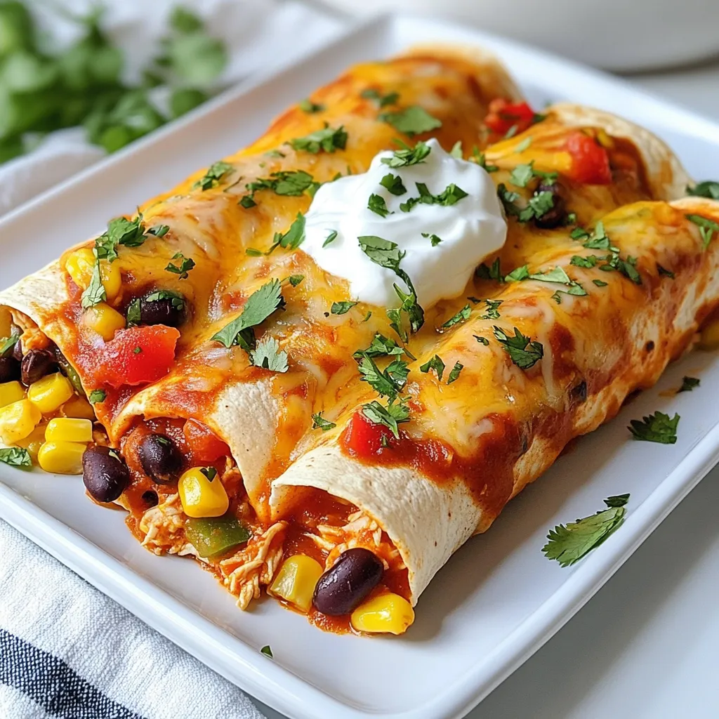 For these high protein chicken enchiladas, you need a mix of tasty ingredients. Here’s what you will use: - 2 cups cooked chicken, shredded - 1 cup black beans, drained and rinsed - 1 cup green bell pepper, diced - 1 cup corn kernels (fresh or frozen) - 1 cup low-fat cottage cheese - 1 cup shredded low-fat cheese (like Monterey Jack or Cheddar) - 1/2 cup Greek yogurt (for topping) - 1 cup enchilada sauce (store-bought or homemade) - 8 whole wheat tortillas - 2 teaspoons cumin - 1 teaspoon chili powder - Salt and pepper to taste - Fresh cilantro, chopped (for garnish) These ingredients work together to create a balanced meal. You get protein from the chicken and beans, while the veggies add vitamins. The shredded chicken and black beans are the stars of this dish. They pack a protein punch. Chicken provides lean protein, which helps build muscles. Black beans also add fiber, making your meal filling. Cottage cheese and shredded cheese boost the protein even more. This dish is perfect for anyone needing a protein boost. You can add more flavor and texture with optional ingredients. Consider adding: - Chopped onions for sweetness - Jalapeños for heat - Spinach or kale for extra greens - Avocado for creaminess Feel free to get creative with these add-ins. They can make your enchiladas even more delicious and nutritious. {{ingredient_image_1}} Start by cooking your chicken if it’s not already done. I find that shredded chicken works best. You can use rotisserie chicken for even less work. In a large bowl, mix together the shredded chicken, black beans, diced green bell pepper, and corn. Add in the low-fat cottage cheese, cumin, chili powder, salt, and pepper. Make sure every ingredient gets blended well. This mix gives your enchiladas great flavor and keeps them high in protein. Grab a whole wheat tortilla and lay it flat. Spoon a good amount of the chicken mixture into the center. Roll the tortilla tightly and place it seam-side down in a greased 9x13 inch baking dish. Repeat this for each tortilla until you use up all the filling. This step is where your enchiladas start to take shape and look inviting. Preheat your oven to 375°F (190°C). Pour the enchilada sauce evenly over all the rolled tortillas. Make sure they are well covered to keep them moist. Sprinkle the shredded low-fat cheese on top. Cover the dish with aluminum foil to avoid sticking. Bake for 20 minutes, then remove the foil. Bake for another 10 to 15 minutes until the cheese is melted and bubbly. Let the enchiladas sit for a few minutes after baking. This resting time helps the flavors settle. Enjoy them warm with a dollop of Greek yogurt and a sprinkle of fresh cilantro. To boost protein in your chicken enchiladas, add more high-protein items. You can mix in extra beans or use lean turkey instead of chicken. Cottage cheese is already a great choice, but you can also try ricotta for a creamy texture. Greek yogurt on top adds protein and a tangy flavor. For more flavor, try adding spices like paprika or smoked paprika. Fresh lime juice brightens the dish and adds a zesty kick. You could also toss in jalapeños for heat or fresh herbs for freshness. Consider adding a sprinkle of cumin or coriander to deepen the taste. Don't overfill your tortillas; they can break. Make sure to seal them tightly, or they may open during baking. Avoid using too much enchilada sauce, as it can make the dish soggy. Lastly, remember to let the enchiladas cool before serving. This helps the flavors meld beautifully. Pro Tips Prep Ahead: Prepare the filling a day in advance and refrigerate it. This saves time on the day you plan to bake the enchiladas. Spice it Up: Adjust the level of cumin and chili powder to your taste. Add a pinch of cayenne pepper for an extra kick! Cheese Options: Experiment with different types of low-fat cheese such as pepper jack for a spicy twist or mozzarella for a milder flavor. Freezing Tips: These enchiladas freeze well. Assemble them without the sauce, cover tightly, and freeze. When ready to bake, add sauce and adjust cooking time. {{image_2}} You can easily make these enchiladas vegetarian. Replace the chicken with extra beans or lentils. Use a mix of black beans and chickpeas for texture. You can also add more vegetables, like zucchini or mushrooms. These swaps keep the protein high and flavor rich. The sauce you choose can change the dish's taste. You can use green enchilada sauce for a fresh twist. Red sauce gives a deeper flavor. For cheese, try using pepper jack for some heat. Mozzarella also melts well and adds creaminess. While whole wheat tortillas are great, you have options. Corn tortillas are gluten-free and add a nice flavor. Spinach or cauliflower wraps can be fun and colorful. Choose a tortilla that fits your diet and tastes. After you enjoy your high protein chicken enchiladas, store the leftovers in a sealed container. They can last in the fridge for up to three days. Make sure you let them cool before sealing. This keeps the enchiladas fresh and tasty. You can freeze enchiladas for a quick meal later. Wrap each enchilada tightly in plastic wrap or foil. Place them in a freezer-safe bag. These enchiladas can stay in the freezer for up to three months. When you are ready to eat, just thaw them in the fridge overnight before reheating. To reheat, preheat your oven to 350°F (175°C). Place the enchiladas in a baking dish. Cover them with foil to keep them moist. Heat for about 20 minutes. If you want them crispy, remove the foil for the last 5 minutes. You can also microwave them. Heat for about 1-2 minutes on a microwave-safe plate. Make sure they are hot all the way through. Serve warm with Greek yogurt and fresh cilantro. Enjoy! These enchiladas pack a protein punch. The main source is the chicken. Each serving gives you lean protein for muscle and energy. I also add black beans and cottage cheese. Black beans add fiber and protein. Cottage cheese offers creamy texture and more protein. Together, these ingredients make a healthy meal. Yes, you can easily make these enchiladas dairy-free. Swap out cottage cheese for dairy-free alternatives. Use cashew cream or tofu for a similar texture. For cheese, try dairy-free shreds made from nuts or soy. Greek yogurt can be replaced with a plant-based yogurt. These swaps keep the dish tasty and creamy. Adjusting spice is simple. If you like mild flavors, reduce or skip the chili powder. You can also use sweet bell peppers for less heat. For more spice, add jalapeños or a dash of hot sauce. Taste as you go to find your perfect level. Enjoy the flavors that suit your palate! This blog post covered high-protein enchiladas from start to finish. We looked at key ingredients, from protein sources to tasty optional add-ins. You learned step-by-step how to prep and bake your dish, along with tips for enhancing flavor. Variations let you switch up sauces and tortillas. We also discussed storage and reheating, plus answered common questions. High-protein enchiladas are easy to make and fun to enjoy. Try them today!