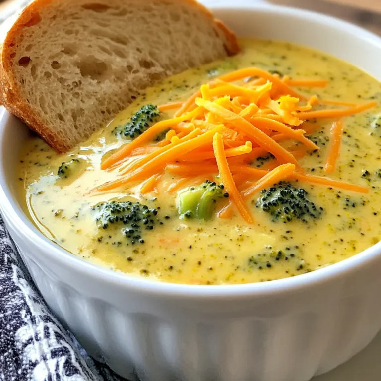 To make Copycat Panera Broccoli Cheddar Soup, gather these simple items: - 4 cups broccoli florets - 1 medium onion, diced - 2 cloves garlic, minced - 1 cup carrots, shredded - 1/2 cup celery, diced - 4 tablespoons butter - 1/4 cup all-purpose flour - 4 cups vegetable broth - 1 cup whole milk - 2 cups shredded sharp cheddar cheese - 1 teaspoon Dijon mustard - Salt and pepper to taste - 1/4 teaspoon nutmeg (optional) Each serving of this rich soup has about: - Calories: 280 - Protein: 12g - Carbohydrates: 24g - Fat: 16g - Fiber: 3g - Sugar: 3g This gives a nice balance of nutrients, making it a filling choice. You can swap some ingredients for a lighter meal: - Use low-fat milk instead of whole milk to cut calories. - Replace butter with olive oil for a heart-healthier fat. - Try using almond flour in place of all-purpose flour for gluten-free options. - Add more veggies like spinach or kale to boost fiber and nutrients. - Swap sharp cheddar for a lower-fat cheese if desired. These changes keep the flavor rich while making it a bit healthier. {{ingredient_image_1}} 1. Melt 4 tablespoons of butter in a large pot over medium heat. 2. Add 1 diced onion, 2 minced garlic cloves, and 1/2 cup diced celery. Sauté for about 5 minutes until the onion looks clear. 3. Mix in 1 cup of shredded carrots and 4 cups of broccoli florets. Cook for 3 to 4 minutes until the veggies soften. 4. Sprinkle 1/4 cup of all-purpose flour on top. Stir well for 2 minutes to avoid clumps. 5. Gradually pour in 4 cups of vegetable broth while stirring. Bring to a gentle simmer and lower the heat. 6. Stir in 1 cup of whole milk until fully mixed. Let it simmer for about 10 minutes, or until the veggies are tender. 7. Take the pot off the heat. Use an immersion blender to blend the soup for a few seconds. Leave some chunks for texture. 8. Put the pot back on low heat. Mix in 2 cups of shredded sharp cheddar cheese. Stir until melted and smooth. 9. Add 1 teaspoon of Dijon mustard, salt and pepper to taste, and 1/4 teaspoon of nutmeg if you like. Stir well and adjust the taste if needed. 10. Serve warm with crusty bread for a tasty meal. - Melting butter: 1-2 minutes - Sautéing the onion and celery: 5 minutes - Cooking broccoli and carrots: 3-4 minutes - Adding flour and stirring: 2 minutes - Simmering with broth: 10-12 minutes - Blending: a few seconds - Melting cheese: 3-5 minutes - Onions should look clear and soft. - Broccoli should turn bright green and tender. - The soup should thicken slightly after adding flour. - Cheese should melt completely without clumping. - The soup should have a creamy texture, with some veggie chunks visible. To get a smooth and creamy soup, blend it well. Use an immersion blender for best results. This tool lets you control the texture. Blend just enough to combine the flavors, but leave some chunks. This gives your soup depth and character. The key to that Panera flavor lies in the cheese. Use sharp cheddar for a rich taste. Adding Dijon mustard gives a nice kick. A touch of nutmeg can elevate the flavor, too. Always taste and adjust the seasoning. Salt and pepper can make a big difference. Serve this soup warm in bowls. A crusty bread on the side makes it better. You can also top it with extra cheese or croutons. Adding fresh herbs like chives can brighten it up. This soup is great for lunch or dinner. Enjoy it with family or friends for a cozy meal. Pro Tips Fresh Ingredients: Use fresh broccoli and carrots for the best flavor and texture in your soup. Cheese Choice: Opt for sharp cheddar cheese for a more robust flavor; you can also mix in some Gruyère for extra creaminess. Blending Technique: Blend the soup to your desired level of creaminess; leaving some chunks will add texture to the dish. Seasoning Balance: Taste and adjust the seasoning after adding cheese; the saltiness can vary depending on the cheese used. {{image_2}} You can easily make this soup gluten-free. Just swap the all-purpose flour for gluten-free flour. This simple change keeps the soup thick and creamy without the gluten. Use a gluten-free broth too. With these swaps, you can enjoy this dish without worry. To make a vegetarian version, use vegetable broth. For a vegan option, use plant-based milk like almond or oat milk. Replace the cheddar cheese with a vegan cheese option. You can also add nutritional yeast for a cheesy flavor without dairy. This way, everyone can join in on the soup fun. While sharp cheddar cheese is a classic choice, you can try other cheeses. Gruyere or mozzarella can add a unique twist. For a bolder flavor, use pepper jack. Each cheese brings its own taste and texture, so feel free to experiment. Mixing cheeses can be delicious too! To keep your broccoli cheddar soup fresh, let it cool first. Use an airtight container. Store it in the fridge. It should last for about three to four days. If you want to enjoy it later, freezing is a great option. When you are ready to eat, reheat the soup gently. Pour it into a pot over medium heat. Stir often to avoid burning. If it seems too thick, add a splash of milk or broth. Heat until warm but do not boil. For freezing, use a freezer-safe container. Leave some space at the top. The soup will expand when frozen. It can last up to three months in the freezer. When you're ready to enjoy it, thaw it in the fridge overnight. Then, reheat as mentioned above. Yes, you can use frozen broccoli. Just make sure to thaw it first. Frozen broccoli cooks faster than fresh. Add it to the pot after the onions and garlic. Cook until heated through. This makes it easy and quick! To add spice, try a few options. You can mix in red pepper flakes. Start with a pinch and taste. You can also use a dash of hot sauce. Another idea is to add jalapeños for a kick. Adjust to your taste! This soup pairs well with many sides. A crunchy baguette or crusty bread is great. You can also serve it with a fresh salad. Try a simple green salad with a light dressing. For a heartier meal, add a sandwich! This blog post covered every part of making delicious broccoli cheddar soup. We discussed ingredients, cooking steps, and tips for the best taste. You learned how to adapt the recipe to fit your diet. Storing and reheating the soup is easy too. Now, with this knowledge, you can enjoy a warm bowl of soup anytime. Dive in, experiment, and share your tasty results! Enjoy your cooking journey!