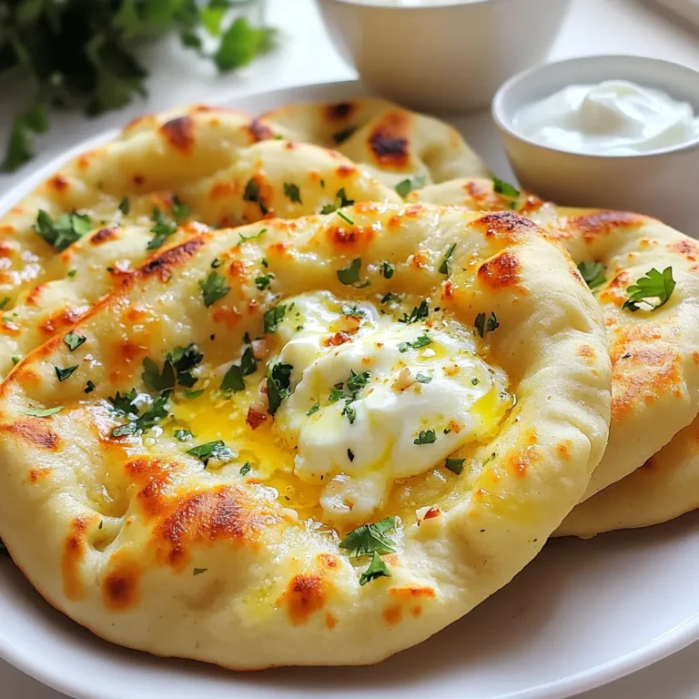 To make delicious cheese stuffed garlic naan, gather these key ingredients: - 2 cups all-purpose flour - 1 teaspoon sugar - 1 teaspoon salt - 1 teaspoon baking powder - 1/2 teaspoon baking soda - 1/2 cup yogurt - 1/2 cup warm water - 1 tablespoon oil (for dough) - 1 cup shredded mozzarella cheese - 2 tablespoons fresh garlic, minced - 2 tablespoons fresh cilantro, chopped - 2 tablespoons butter (for brushing) You can add some fun twists to your naan with these optional ingredients: - Chopped green chilies for spice - Other cheese types, like cheddar or feta - Dried herbs like oregano or thyme If you need alternatives, here are some great substitutes: - Use whole wheat flour instead of all-purpose flour. - Swap yogurt with dairy-free yogurt for a vegan option. - Try almond milk or oat milk in place of regular yogurt. - For a nut-free option, use coconut yogurt. To start, gather your ingredients. In a large bowl, mix 2 cups of all-purpose flour, 1 teaspoon of sugar, 1 teaspoon of salt, 1 teaspoon of baking powder, and 1/2 teaspoon of baking soda. This mix is the base of your naan. Next, create a well in the center of the dry mix. Gradually add 1/2 cup of yogurt and 1/2 cup of warm water. Stir until you form a soft dough. Add 1 tablespoon of oil to the dough. Knead it for about 5 to 7 minutes. This step is key for a smooth texture. Cover the dough with a damp cloth. Let it rest for at least 30 minutes. This resting time helps the dough rise. After the dough has rested, divide it into 6 equal portions. Roll each piece into a ball. On a floured surface, take one ball and flatten it into a small disc. Now, it’s time to add the cheese! Place 2 tablespoons of shredded mozzarella cheese in the center of the disc. Pinch the edges to seal the cheese inside. Gently flatten the stuffed disc again. This keeps the cheese safe for cooking. You can cook your naan in two ways: using a tandoor or a skillet. If you have a tandoor, heat it to medium-high. Cook one naan at a time for about 2 to 3 minutes on one side. Wait until it puffs and gets golden spots. If you use a skillet, heat it similarly. Cook the naan until it puffs. Flip it over and brush the top with melted butter. Sprinkle minced garlic and chopped cilantro on top. Cook for another 1 to 2 minutes. Once cooked, remove the naan from the heat. Cover it with a clean kitchen towel to keep it warm. Repeat this process for the rest of the dough balls. Enjoy your cheese stuffed garlic naan straight from the skillet or tandoor! To make your naan soft, knead the dough well. The dough needs to be smooth and elastic. Let it rest for at least 30 minutes. This helps the gluten relax. It makes rolling easier. If your naan feels tough, it may need more resting time. When stuffing, use shredded cheese. It melts better than blocks. Place the cheese in the center of the dough. Pinch the edges tightly to seal. Flatten the stuffed ball gently. If it tears, it may leak cheese while cooking. Cook your naan on medium-high heat. This gives a nice golden color. Each side cooks for about 2-3 minutes. If your naan browns too fast, lower the heat. If it puffs up, that’s a good sign! Brush with melted butter right after flipping. Add garlic and cilantro for extra flavor. {{image_2}} You can add fresh herbs to your cheese stuffed garlic naan for extra flavor. Try mixing in chopped parsley, dill, or basil with the mozzarella cheese. This will give your naan a fresh taste. Just add about two tablespoons of chopped herbs to the cheese before stuffing. The herbs will add color and aroma, making the naan even more inviting. Don't limit yourself to just cheese! You can add other tasty fillings. Spinach is a great choice. Simply sauté fresh spinach with garlic and some spices before stuffing. Paneer also works well. Crumble paneer and mix it with spices like cumin and coriander. You can create a new twist on the classic naan with these variations. If you're avoiding gluten, you can still enjoy cheese stuffed garlic naan. Use a gluten-free flour blend instead of all-purpose flour. Mix it with xanthan gum to help with texture. The rest of the steps remain the same. You can make delicious naan that fits your diet. Just be careful with cooking times, as gluten-free dough may need slight adjustments. To keep leftover naan fresh, place it in an airtight container. If you do not have one, wrap it in plastic wrap or foil. This keeps the naan from drying out. Store it at room temperature for up to two days. For longer storage, it’s best to freeze the naan. When you want to eat leftover naan, you have a few easy ways to reheat it. You can use a skillet, oven, or microwave. - Skillet: Heat a skillet over medium heat. Place the naan in the skillet for about 1-2 minutes on each side. This keeps the naan soft and warm. - Oven: Preheat your oven to 350°F (175°C). Wrap the naan in aluminum foil and bake for about 5-7 minutes. It will warm up nicely. - Microwave: Place the naan on a microwave-safe plate. Cover with a damp paper towel. Heat for about 10-15 seconds. Be careful not to overheat, or it may become tough. If you want to store naan for a long time, freezing is a great option. Here’s how to do it: 1. Cool Completely: Let the naan cool down before freezing. This helps prevent ice crystals. 2. Wrap Individually: Wrap each naan in plastic wrap. This keeps them fresh and prevents sticking. 3. Use a Freezer Bag: Place the wrapped naan in a freezer-safe bag. Squeeze out as much air as possible. 4. Label and Date: Write the date on the bag. This helps you remember when you stored it. When you want to enjoy frozen naan, thaw it in the fridge overnight and reheat using your favorite method. Cheese stuffed garlic naan is a soft flatbread filled with gooey cheese and garlic. It’s a popular dish in Indian cuisine. The bread is soft and chewy, with a rich flavor from the garlic. You can enjoy it with many meals or just by itself. The cheese melts inside, making it a tasty treat. Yes, you can make the dough ahead of time. Prepare the dough and let it rest as directed. After resting, you can wrap it tightly in plastic wrap. Store it in the fridge for up to 24 hours. When you are ready, take it out and let it come to room temperature before using. This makes it easy for you to whip up fresh naan quickly. Cheese stuffed garlic naan pairs well with many dishes. Here are some great options: - Butter chicken: The creamy sauce complements the naan. - Paneer tikka masala: A rich vegetarian option that works well. - Dal makhani: This lentil dish is hearty and flavorful. - Yogurt or chutney: Serve with a side for dipping. These pairings enhance the flavors and make your meal complete. This blog post covers how to make delicious cheese stuffed garlic naan. We talked about the key ingredients and optional variations. I provided simple steps for preparing the dough, stuffing, and cooking techniques. You learned tips for the best texture and how to store leftovers. Making naan is easy and fun. You can customize it to your taste. Enjoy experimenting with flavors and impressing friends. Happy cooking!