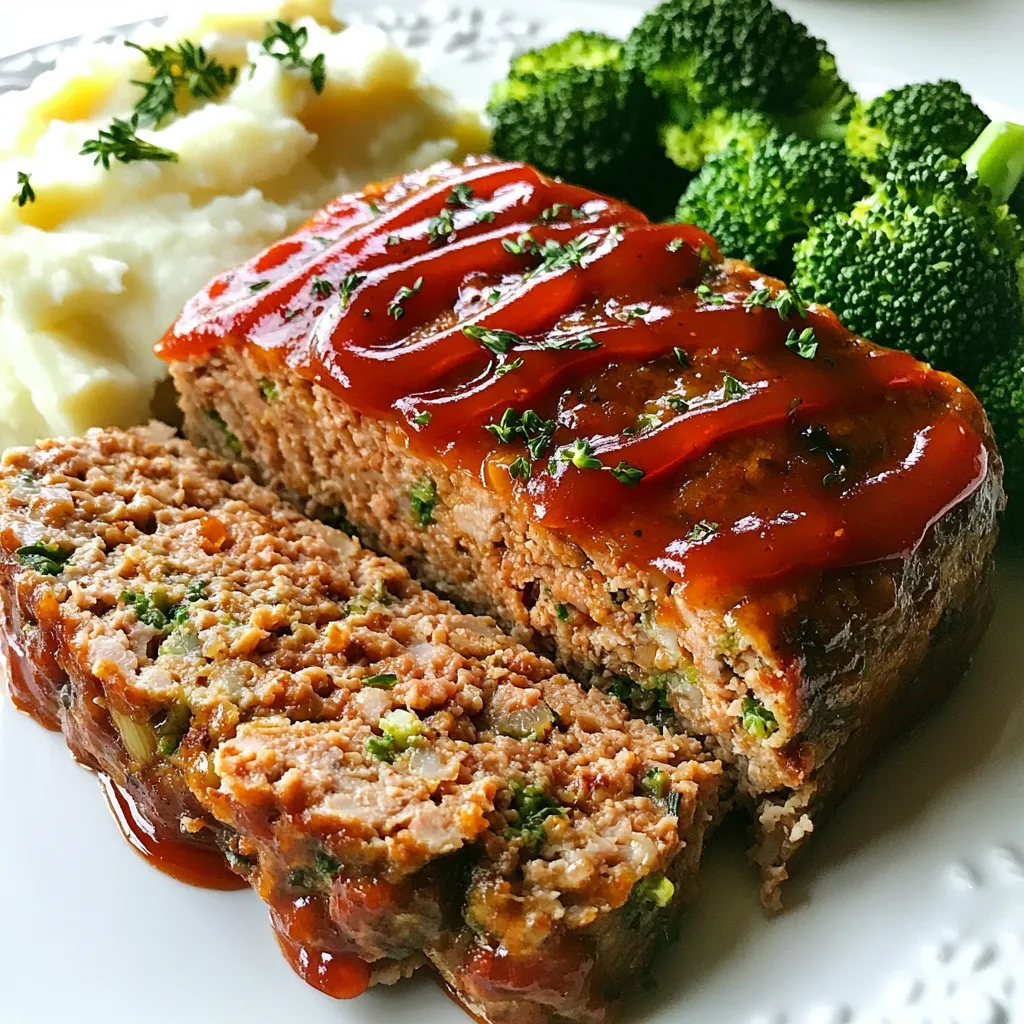 To make a tasty garlic herb turkey meatloaf, you need: - 1 ½ lbs ground turkey - 1 cup breadcrumbs (preferably whole wheat) - 1 small onion, finely chopped - 4 cloves garlic, minced - 2 large eggs - ¼ cup fresh parsley, chopped - 1 teaspoon dried oregano - 1 teaspoon dried thyme - ½ teaspoon salt - ¼ teaspoon black pepper - ½ cup milk (or plant-based milk) - ¼ cup grated Parmesan cheese (optional for added flavor) - ¼ cup ketchup (plus more for topping) These ingredients create a flavorful base for your meatloaf. The turkey provides lean protein, while the herbs add a fresh taste. You can add extra flavor with: - ¼ cup grated Parmesan cheese - More ketchup for topping These optional ingredients enhance the taste and moisture of the meatloaf. Parmesan adds a savory kick, while extra ketchup brings sweetness. If you don't have some ingredients, here are good swaps: - Use ground chicken instead of ground turkey. - Replace breadcrumbs with crushed oats or gluten-free crumbs. - Swap fresh parsley with dried parsley if needed. - Use any milk alternative if you prefer a plant-based option. These substitutes keep your meatloaf tasty and fit your needs. Don't be afraid to get creative with flavors! {{ingredient_image_1}} First, set your oven to 350°F (175°C). This temperature helps cook the meatloaf evenly. Next, take a loaf pan and lightly grease it. You can use cooking spray or olive oil. This step keeps the meatloaf from sticking. Make sure the pan is ready before mixing the ingredients. In a large bowl, combine the ground turkey and breadcrumbs. Add the finely chopped onion and minced garlic next. Then, crack in the two large eggs. Toss in the chopped parsley, dried oregano, dried thyme, salt, and pepper. Pour in the milk to keep the meatloaf moist. Mix everything with your hands or a spatula. Be gentle to avoid overmixing. If you like cheese, fold in the grated Parmesan for extra flavor. Now it’s time to shape the meatloaf. Transfer the mixture into your greased loaf pan. Form it into a loaf shape with your hands. Once shaped, spread a thin layer of ketchup on top. This adds sweetness and keeps it moist. Place the pan in the oven and bake for 55-65 minutes. Use a meat thermometer to check for doneness. The center should reach 165°F (75°C). After baking, let it rest for 10 minutes before slicing. This helps the juices settle for a juicy slice. To keep your meatloaf moist, use a mix of ingredients. Ground turkey is lean, so adding milk helps. The breadcrumbs soak up moisture too. You can also add grated vegetables like zucchini or carrots. They add moisture and flavor without being too heavy. A topping of ketchup before baking adds a sweet glaze that seals in moisture. Mix just enough to combine the ingredients. Overmixing makes the meatloaf tough. Use your hands or a spatula for mixing. You want to see some lumps. This keeps the texture light. If you fold in cheese, do it gently. The best way to check if the meatloaf is done is with a meat thermometer. Insert it into the center; it should read 165°F (75°C). If you don’t have a thermometer, check if the juices run clear when you cut into it. Let it rest for ten minutes before slicing. This helps keep the juices in. Pro Tips Use Fresh Herbs: Fresh herbs such as parsley, oregano, and thyme enhance the flavor profile of the meatloaf. Consider using them instead of dried versions when possible. Don’t Overmix: Mix the meatloaf ingredients just until combined. Overmixing can lead to a dense and tough texture instead of a tender loaf. Rest Before Slicing: Let the meatloaf rest for about 10 minutes after baking. This helps the juices redistribute, ensuring each slice is moist and flavorful. Experiment with Toppings: While ketchup is classic, try topping the meatloaf with BBQ sauce, a balsamic glaze, or even a mixture of mustard and honey for a unique twist. {{image_2}} You can switch up the meat in this turkey meatloaf. Try ground chicken, beef, or pork. Each choice gives a unique flavor. Ground beef adds richness. Chicken keeps it light. Pork gives a nice fat content. Just adjust cooking times if you change the meat. Want to boost the taste? Add some diced bell peppers or mushrooms. They mix well with the garlic and herbs. You could also try different herbs like basil or rosemary. For a spicy kick, add some red pepper flakes. Mixing in cheese, like cheddar, gives a creamy texture. Make this meatloaf gluten-free easily. Use gluten-free breadcrumbs instead of regular ones. For a dairy-free option, skip the Parmesan cheese. Replace regular milk with almond or oat milk. This way, everyone can enjoy a slice of meatloaf without worry. You can store leftover garlic herb turkey meatloaf in the fridge. Place it in an airtight container. It stays fresh for about 3 to 4 days. Make sure it cools down first to avoid moisture buildup. For best taste, eat it within this time frame. Freezing is a great option for longer storage. Wrap the meatloaf tightly in plastic wrap. Then, place it in a freezer-safe bag. This way, it can last up to 3 months. When ready to eat, thaw it overnight in the fridge. To reheat, preheat your oven to 350°F (175°C). Place the meatloaf in a baking dish. Cover it with foil to keep it moist. Heat for about 20 to 25 minutes or until warm. You can also microwave slices for 1 to 2 minutes. Just make sure they are heated all the way through. You should cook turkey meatloaf for 55 to 65 minutes. This ensures it reaches 165°F (75°C). Use a meat thermometer to check the center for safety. Cooking time may vary based on your oven. Always check it a few minutes early. Yes, you can make this meatloaf in advance. Prepare the mixture and shape it in the pan, then cover it. Store it in the fridge for up to 24 hours. When ready to cook, just pop it in the oven. This saves time on busy days. Garlic herb turkey meatloaf pairs well with many sides. I love serving it with mashed potatoes and steamed broccoli. You can also add a simple salad or roasted veggies. These sides add color and nutrition to your meal. Enjoy it topped with extra ketchup or balsamic glaze for flavor! This blog post covered how to make a tasty turkey meatloaf. We explored the main and optional ingredients, including substitute ideas. I shared step-by-step instructions for prepping, mixing, shaping, and baking. Tips helped you keep it moist and delicious. We also looked at different meat options and variations, plus storage and reheating methods. Make meatloaf your way and enjoy it with loved ones. Happy cooking!