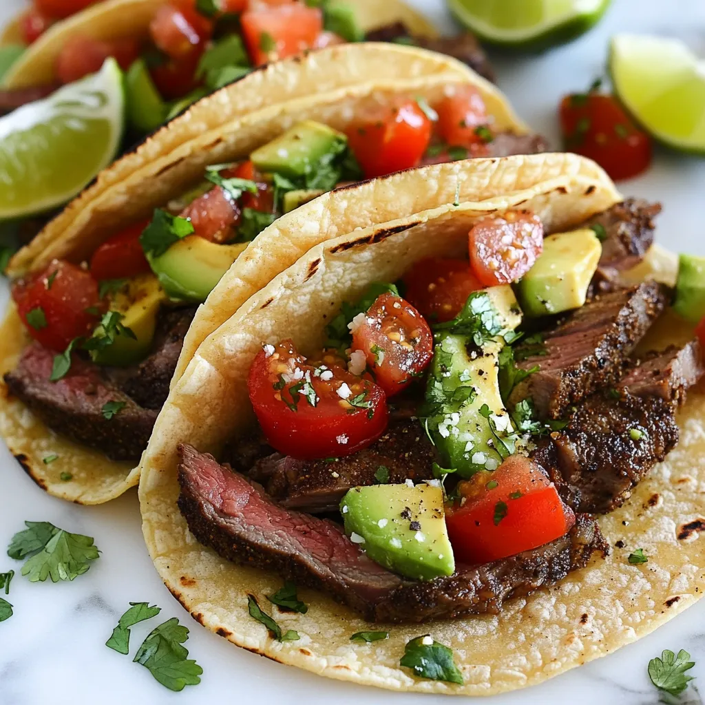 For these tacos, you need: - 1 lb flank steak - 8 small corn tortillas The flank steak gives the tacos a rich taste. Corn tortillas add a soft, warm base. The coffee rub makes the steak special. You will need: - 2 tablespoons ground coffee - 1 tablespoon brown sugar - 1 teaspoon smoked paprika - 1 teaspoon garlic powder - 1 teaspoon onion powder - 1 teaspoon cumin - 1/2 teaspoon cayenne pepper - Salt and black pepper to taste This blend brings a mix of sweet and spicy flavors. The coffee adds depth, while the sugar balances it. Toppings make each taco unique. You should have: - 1 cup cilantro, chopped - 1 cup diced tomatoes - 1 avocado, sliced - Lime wedges for serving Cilantro adds freshness. Tomatoes and avocado give creaminess. Lime juice brings bright flavor. {{ingredient_image_1}} First, grab a small bowl. In it, mix together the ground coffee, brown sugar, smoked paprika, garlic powder, onion powder, cumin, cayenne pepper, salt, and black pepper. This mix creates a deep, rich flavor for the steak. Make sure to stir well so all the spices blend. You want a nice, even coating for your meat. Next, take your flank steak and pat it dry. This step helps the rub stick better. Now, rub the coffee blend evenly over the steak. Press it into the meat so it sticks. Let the steak sit for about 30 minutes at room temperature. This wait helps the flavors soak in. Preheat your grill or skillet on high heat. Cook the steak for about 5-7 minutes on each side. This timing gives you a medium-rare steak, but you can cook longer if you prefer it more done. Once cooked, take the steak off the heat and let it rest for around 5 minutes. This resting time keeps the juices in. Slice the steak thinly against the grain for the best texture. While the steak rests, warm the corn tortillas. You can do this on the grill or in a dry skillet for about 30 seconds on each side. This makes them soft and easy to fold. Now, it’s time to build your tacos! Take a warmed tortilla, place a few slices of steak on it, and then add diced tomatoes, avocado slices, and chopped cilantro. For a burst of freshness, serve lime wedges on the side. Squeeze some lime juice over the tacos right before you eat. Enjoy your tasty creations! To get the perfect steak doneness, use a meat thermometer. For medium-rare, aim for 130°F. Cook your flank steak for about 5-7 minutes per side. Let it rest for 5 minutes before cutting. This keeps the juices inside. Always slice against the grain for tender bites. I prefer small corn tortillas for these tacos. They add a nice flavor and texture. You can also use flour tortillas if you like them better. Warm them up in a skillet for a few seconds. This makes them soft and ready to hold all that tasty filling. To boost flavors, add fresh cilantro and diced tomatoes on top. Slices of creamy avocado add richness. Lime wedges give a fresh burst when squeezed. You can also try adding sliced jalapeños for a kick. These extras make your tacos even more enjoyable. Pro Tips Resting the Steak: Allow the steak to rest after cooking. This helps the juices redistribute, ensuring a juicy and flavorful bite. Choosing the Right Coffee: Use a medium roast coffee for a balanced flavor. Dark roasts can become too bitter when cooked. Slice Against the Grain: When cutting the steak, always slice against the grain. This ensures a tender texture in each bite. Warm Tortillas: Warm your corn tortillas before assembling the tacos. This makes them more pliable and enhances their flavor. {{image_2}} If you can't find flank steak, use skirt steak or sirloin. Both cuts work well. They have great flavor and cook nicely. Skirt steak adds a fun, chewy texture. Sirloin is tender and juicy. Adjust cooking times based on the cut you choose. You can mix things up with different spices. Try using chili powder, paprika, or even taco seasoning. Each spice adds its own twist to the flavor. For a sweeter kick, add a pinch of cinnamon. You can also skip the coffee and use smoked salt for a unique taste. Want to make these tacos vegetarian? Swap the steak for grilled portobello mushrooms or seasoned tofu. Both options soak up flavors well. You can also use roasted veggies like bell peppers and zucchini. Don't forget to top with fresh cilantro, tomatoes, and avocado. These make every bite delicious! To store leftover steak, let it cool first. Wrap it in plastic wrap or foil. Place it in an airtight container. This helps keep it fresh for up to three days. Reheat steak gently to keep it juicy. Use a skillet over medium heat. Add a splash of water or broth to keep it moist. Heat for about 5 minutes, flipping once. You can also use the microwave. Heat in short bursts of 30 seconds, checking often. For toppings, store each in separate containers. Keep diced tomatoes and avocado slices in airtight containers in the fridge. Use them within two days for the best taste. As for tortillas, wrap them in foil and store in a cool, dry place. They last up to a week. For longer storage, freeze them in a freezer bag. Yes, you can! If you want to try a different cut, consider sirloin or ribeye. They both have great flavor and tenderness. Just remember that cooking times may change based on the thickness. The spice level is mild to medium. The cayenne pepper adds a nice kick, but you can adjust it. For less heat, use less cayenne. If you want more spice, add sliced jalapeños or a hot sauce. These tacos pair well with a fresh salad or rice. You can also serve them with black beans or corn on the side. Don't forget a refreshing drink, like iced tea or a light beer, to enjoy with your meal. We covered how to make tasty coffee rubbed steak tacos. You learned about the main ingredients and how to cook them right. I shared tips for perfect doneness and the best tortillas. Plus, I gave you ideas for variations and storage. These tacos can impress anyone at your table. Try different toppings and seasonings to make them your own. Enjoy this tasty meal and make it your go-to recipe!