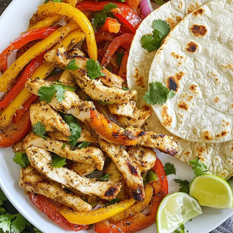 To make tasty sheet pan chicken fajitas, gather these key ingredients: - 1 lb boneless, skinless chicken breasts, sliced into strips - 1 red bell pepper, sliced - 1 yellow bell pepper, sliced - 1 green bell pepper, sliced - 1 red onion, sliced - 3 tablespoons olive oil - 2 teaspoons chili powder - 1 teaspoon cumin - 1 teaspoon garlic powder - 1 teaspoon paprika - Salt and pepper to taste - Juice of 1 lime - Fresh cilantro, chopped (for garnish) - Flour or corn tortillas, for serving You can switch some ingredients if needed. For a leaner option, use chicken thighs. If you want more veggies, add zucchini or mushrooms. For a spicy kick, try jalapeños. Instead of olive oil, you can use avocado oil. If you're out of lime, lemon juice works too. Using fresh ingredients makes a big difference. Fresh chicken tastes better and stays juicy. Fresh peppers and onions bring color and crunch. They also add a sweet flavor that dried spices cannot replace. Fresh cilantro gives a bright finish. Always choose fresh for the best taste in your fajitas. {{ingredient_image_1}} First, gather all your ingredients. You need: - 1 lb boneless, skinless chicken breasts, sliced into strips - 1 red bell pepper, sliced - 1 yellow bell pepper, sliced - 1 green bell pepper, sliced - 1 red onion, sliced - 3 tablespoons olive oil - 2 teaspoons chili powder - 1 teaspoon cumin - 1 teaspoon garlic powder - 1 teaspoon paprika - Salt and pepper to taste - Juice of 1 lime - Fresh cilantro, chopped (for garnish) - Flour or corn tortillas, for serving Next, preheat your oven to 400°F (200°C). This step is key. A hot oven cooks the chicken and veggies nicely. In a large bowl, combine the sliced chicken, red, yellow, and green bell peppers, and red onion. This mix will be colorful and tasty. In another bowl, whisk together the olive oil, chili powder, cumin, garlic powder, paprika, salt, pepper, and lime juice. This mixture adds great flavor. Pour the spice mix over the chicken and veggies. Toss everything until evenly coated. Make sure each piece gets some of that yummy blend. Spread the chicken and vegetable mixture evenly on a large baking sheet. Don't overcrowd the pan. Space helps everything cook well. Bake in your preheated oven for about 20-25 minutes. Stir halfway through to ensure even cooking. Check that the chicken is cooked through and the vegetables are tender. When done, remove from the oven and let it cool for a few minutes. This helps with serving. Stirring halfway through cooking is important. It helps the chicken and veggies cook evenly. Make sure to cut the chicken and vegetables into similar sizes. This way, they cook at the same rate. If you want extra color, add more peppers or onions. They bring freshness and crunch. Always check the chicken’s internal temperature. It should reach 165°F (75°C) for safety. Using a large baking sheet helps. It lets the heat circulate around food, creating a great texture. To make your chicken taste great, marinate it. I suggest using olive oil, lime juice, and spices. Mix the chili powder, cumin, garlic powder, paprika, salt, and pepper in a bowl. Add the chicken strips and toss well. Let it sit for at least 15 minutes. This step lets the flavors soak into the chicken. You can also marinate for a few hours for even more flavor. Cutting vegetables right is key for even cooking. I like to slice bell peppers and onions into thin strips. This helps them cook quickly and evenly. Use a sharp knife for better control. Always keep your fingers curled under while cutting. This keeps your fingers safe and ensures uniform pieces. Aim for about the same size to ensure they cook at the same rate. When serving, I like to use warm tortillas. This adds a nice touch. Lay out the chicken and veggies in the center. You can sprinkle fresh cilantro on top. This adds color and flavor. Feel free to add lime wedges on the side. Guests can squeeze lime for extra zing. For a fun touch, serve with salsa or guacamole. This makes your meal look and taste even better. Pro Tips Marinate for More Flavor: Allow the chicken to marinate in the spice mixture for at least 30 minutes (or up to 24 hours) before baking for enhanced flavor. Use Fresh Vegetables: Opt for fresh, crisp vegetables to ensure the best texture and flavor in your fajitas. Customize Your Heat: Adjust the amount of chili powder based on your heat preference, or add sliced jalapeños for an extra kick. Serve with a Side: Pair your fajitas with a side of guacamole or salsa for an extra layer of flavor and freshness. {{image_2}} You can make sheet pan fajitas meat-free easily. Replace chicken with sliced portobello mushrooms or tofu. Both options soak up flavor well. Use the same spices and cooking methods. Include extra veggies like zucchini or corn for more color. This dish stays vibrant and tasty without meat. You can switch chicken for beef or shrimp. For beef, use flank steak or sirloin, cut into strips. Marinate it in lime juice and spices for extra flavor. For shrimp, choose medium or large shrimp, peeled and deveined. Both proteins cook quickly, so check for doneness at about 15 minutes. Adjust cooking time as needed to keep everything tender. You can change the spice mix to give your fajitas a new twist. Try adding cayenne pepper for heat or dried oregano for earthiness. A dash of smoked paprika gives a nice smoky flavor. You can also experiment with fresh herbs, like cilantro or parsley, for added freshness. Each spice brings its own character, making your fajitas unique and exciting. To store your leftover sheet pan chicken fajitas, let them cool first. Place the chicken and veggies in an airtight container. You can keep them in the fridge for up to three days. If you want to store them longer, freeze them in a freezer-safe bag. They can last up to three months in the freezer. Just make sure to squeeze out as much air as possible before sealing. Reheating your fajitas is easy. For the best taste, use an oven. Preheat it to 350°F (175°C). Spread the fajitas on a baking sheet and heat for about 10-15 minutes. This helps keep the chicken juicy and the veggies crisp. If you’re in a hurry, you can also use a microwave. Heat them for about 1-2 minutes, but know that the veggies may not stay as crisp. Meal prepping can make your week easier. You can slice the chicken and veggies a day ahead. Store them in separate containers in the fridge. When you’re ready to cook, mix them with the spice blend and olive oil. This saves time and keeps flavors fresh. You can also prepare larger batches and freeze them in portions. This way, you can enjoy quick, tasty meals anytime! You can use flour or corn tortillas for sheet pan fajitas. Flour tortillas are soft and chewy. They hold up well with all the juicy chicken and veggies. Corn tortillas have a great flavor and are gluten-free. Choose what you like best! You can also warm them before serving. This makes them even better. Yes, you can make sheet pan chicken fajitas in advance. Prepare the chicken and veggies the night before. Keep them in the fridge in a sealed container. When you are ready to cook, just bake them. This saves time on busy nights. You can also reheat leftovers easily for lunch or dinner. The best way to slice chicken for fajitas is to cut it into thin strips. Start with boneless, skinless chicken breasts. Slice against the grain to keep it tender. Aim for strips about 1/2 inch wide. This size cooks evenly and absorbs the flavors well. Plus, it makes for easy eating! This blog post covered key points for making great sheet pan chicken fajitas. I shared ingredient lists, steps for cooking, and tips for flavor. You can use substitutes and try variations like plant-based options. Storing leftovers and reheating them keeps the fun going. I hope these ideas help you create tasty fajitas at home. Enjoy your cooking and impress your friends at your next meal!