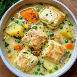 To create a delicious Veggie Pot Pie Soup, you need fresh and hearty ingredients. Here’s what you will need: - 1 tablespoon olive oil - 1 medium onion, diced - 3 cloves garlic, minced - 2 medium carrots, diced - 2 medium potatoes, diced - 1 zucchini, diced - 1 cup frozen peas - 4 cups vegetable broth - 1 teaspoon dried thyme - 1 teaspoon dried rosemary - 1 teaspoon salt - ½ teaspoon black pepper - 1 cup heavy cream (or coconut milk for a dairy-free option) - 1 cup biscuit dough (store-bought or homemade) - Fresh parsley, chopped (for garnish) These ingredients come together to make a warm and comforting soup. The mix of vegetables gives it color and taste. Each veggie adds a unique flavor, making every spoonful delightful. If you want a lighter soup, you can swap heavy cream for coconut milk. Coconut milk adds a creamy texture with a hint of sweetness. For those avoiding dairy, this option is perfect. For the biscuit dough, you can use store-bought dough for quick prep. If you prefer homemade, there are many easy recipes online. Just remember, whatever you choose, fresh is best! Herbs and spices can elevate your soup’s taste. Here are my top picks: - Dried thyme: Adds a warm, earthy note. - Dried rosemary: Gives a fragrant touch. - Salt: Enhances all the flavors. - Black pepper: Adds a bit of heat. Feel free to experiment with more herbs. Try basil or oregano for a twist. Fresh herbs like parsley can also brighten the dish when used as a garnish. {{ingredient_image_1}} Start by heating one tablespoon of olive oil in a large pot over medium heat. Once hot, add one diced onion. Sauté the onion for about five minutes until it becomes translucent. This adds a great base flavor. Next, stir in three minced garlic cloves and cook for one more minute. You want to get that lovely garlic aroma. Now, add two diced carrots and two diced potatoes to the pot. Stir them in well. Cook for five to seven minutes until they begin to soften. This step builds flavor and texture. After that, mix in one diced zucchini and one cup of frozen peas. Cook for another three to four minutes. Next, pour in four cups of vegetable broth. Then, season the soup with one teaspoon each of dried thyme and rosemary. Add one teaspoon of salt and half a teaspoon of black pepper for taste. Bring the mixture to a gentle simmer. Once it simmers, reduce the heat. Let it cook for about 15 to 20 minutes until all the veggies are tender. This is where the magic happens, and the flavors meld together. After that, stir in one cup of heavy cream or coconut milk. Heat it for an additional five minutes. This makes your soup creamy and rich. While the soup warms, preheat your oven according to the biscuit dough package instructions. If you choose to make homemade dough, prepare it at this time. Once preheated, drop spoonfuls of the biscuit dough on top of the soup. Leave some space between them. If you want crispy biscuits, bake them on a tray until golden brown. After baking, serve the soup hot in bowls, topped with the freshly baked biscuits. Don’t forget to garnish with chopped parsley for a pop of color! To make your Veggie Pot Pie Soup thick and creamy, use heavy cream or coconut milk. Both options add a nice richness. If you want it even thicker, mix a tablespoon of cornstarch with cold water and stir it in. Let the soup simmer for a few more minutes. This will help it get nice and smooth. Adding the cream at the end keeps it creamy and prevents curdling. Cut your veggies into similar sizes. This helps them cook evenly. Start with harder vegetables like carrots and potatoes. Sauté them first to bring out their flavors. Add softer vegetables, like zucchini and peas, later on. This way, they stay bright and fresh. Always wash your veggies well before cutting. It keeps the soup clean and tasty. For a lovely presentation, serve the soup in deep bowls. Place the freshly baked biscuits right on top. This makes a beautiful and cozy dish. Sprinkle chopped parsley on the soup for a pop of color. You can also drizzle a little extra cream on top for a fancy touch. Enjoy it with a side salad for a full meal! Pro Tips Use Fresh Herbs: Fresh thyme and rosemary will enhance the flavor of your soup more than dried herbs. Add them at the end for a bright, fresh taste. Customize Your Veggies: Feel free to swap in your favorite vegetables or whatever you have on hand. Bell peppers, corn, or green beans work well in this soup. Thicken the Soup: If you prefer a thicker soup, you can mash some of the potatoes or add a cornstarch slurry to achieve your desired consistency. Serve with More Biscuits: Consider making extra biscuits to serve on the side for a heartier meal, perfect for dipping into the soup. {{image_2}} You can easily add more veggies to this soup. Try bell peppers for crunch. You can also add spinach for extra color and nutrition. Broccoli or cauliflower can add a nice bite. Just chop them small so they cook well. You want a mix of colors for a beautiful bowl. More veggies mean more fiber and vitamins. To make this soup vegan, swap heavy cream for coconut milk. It adds creaminess without dairy. For a gluten-free option, use gluten-free biscuit dough. You can find this in stores or make your own. Just check the labels for wheat. These swaps keep the soup rich and tasty. Herbs and spices can change the whole taste. Try adding fresh parsley or basil for brightness. If you like heat, add a pinch of red pepper flakes. You can also use Italian seasoning for a different twist. Mix and match to find your favorite flavor combo. Experimenting is part of the fun! After you enjoy your Veggie Pot Pie Soup, store leftovers in an airtight container. Keep the soup in the fridge for up to three days. Make sure to let it cool down before sealing it. This way, you prevent steam from building up and ruining the texture. You can freeze this soup for later! Pour cooled soup into freezer-safe containers. Leave some space at the top for expansion. It lasts in the freezer for about three months. When ready to eat, thaw it overnight in the fridge. This keeps the flavor fresh and tasty. To reheat, pour the soup into a pot over low heat. Stir often to prevent sticking. If it seems too thick, add a splash of vegetable broth or water. Heat until warm, then serve. You can also use a microwave, but stir halfway for even heating. Enjoy your comforting bowl again! Yes, you can swap heavy cream with coconut milk. This makes the soup dairy-free. You can also use oat milk or cashew cream for a lighter option. Each choice adds a unique flavor and keeps the soup creamy. Just remember, the texture may change slightly. Coconut milk adds a slight sweetness, while oat milk keeps it neutral. Feel free to mix in other veggies. Broccoli, green beans, or bell peppers all work great. Each vegetable adds a different taste and texture. You can also add spinach for extra greens. Just ensure to cut the vegetables into small pieces for even cooking. You can use fresh or frozen veggies based on what you have. To make the soup gluten-free, choose gluten-free biscuit dough. Many brands offer gluten-free options. You can also make your own with gluten-free flour. Use cornstarch or arrowroot as a thickener if needed. Always check the labels to confirm they are gluten-free. This way, everyone can enjoy your Veggie Pot Pie Soup! You learned how to make a tasty Veggie Pot Pie Soup. We covered key ingredients, cooking steps, and helpful tips. You gained insights on variations and storage too. Consider trying different herbs for new flavors. Always remember to store leftovers properly and use substitutes when needed. Enjoy making this comforting dish on your own!
