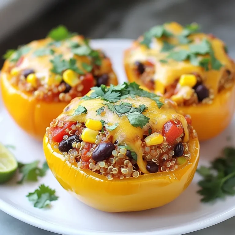 - 4 large bell peppers (any color) - 1 cup quinoa, rinsed - 2 cups vegetable broth - 1 can (15 oz) black beans, drained and rinsed - 1 cup corn kernels (fresh or frozen) - 1 cup diced tomatoes (canned or fresh) - 1 teaspoon cumin - 1 teaspoon paprika - 1/2 teaspoon chili powder - Salt and pepper to taste - 1 cup shredded cheddar cheese (optional) - Fresh cilantro for garnish Fiesta stuffed peppers are colorful and tasty. They bring a pop of flavor to any meal. Use any color of bell peppers. Red, yellow, or green all work well. Choose fresh ingredients for the best taste. Rinse the quinoa before cooking. This removes a bitter coating. The vegetable broth adds rich flavor to the quinoa. - Black olives, chopped - Avocado, diced - Jalapeños, chopped for heat - Sour cream or Greek yogurt for serving - Lime wedges for a zesty touch Feel free to customize your stuffed peppers. Add black olives for a salty bite. Diced avocado gives a creamy texture. For heat, chop up jalapeños and mix them in. Sour cream or Greek yogurt adds creaminess on top. Squeeze lime for a fresh flavor boost. - Brown rice instead of quinoa - Chicken or beef broth for more flavor - Canned mixed beans in place of black beans - Mozzarella cheese instead of cheddar - Spinach or kale for extra greens You can swap ingredients based on your taste. Brown rice works well if you prefer it over quinoa. Chicken or beef broth adds a meaty taste. Use mixed beans for variety and texture. If you like mozzarella, it melts great on top. Adding spinach or kale gives you more nutrients. {{ingredient_image_1}} To start, choose four large bell peppers. You can pick any color you like. Cut off the tops and remove the seeds inside. This step is key. It makes room for the tasty filling. Brush the outsides with a little olive oil. This helps them cook nicely. Place the peppers upright in a baking dish. Next, grab one cup of rinsed quinoa. In a saucepan, bring two cups of vegetable broth to a boil. Once boiling, add the quinoa. Lower the heat and cover the pan. Let it simmer for about 15 minutes. The quinoa will absorb the broth and become fluffy. Fluff it with a fork when it’s done. In a large bowl, mix the cooked quinoa with black beans, corn, and diced tomatoes. Add spices like cumin, paprika, and chili powder. Don’t forget to season with salt and pepper. Stir everything until it’s well mixed. Now, it’s time to stuff those peppers! Fill each one with the quinoa mixture. Pack it in tightly to hold everything together. If you like cheese, sprinkle some on top. Cover the baking dish with aluminum foil. Bake in your preheated oven at 375°F for 25 minutes. After that, remove the foil. Bake for another 10 minutes. This step makes the peppers tender and the cheese bubbly. When finished, let them cool for a few minutes. Garnish with fresh cilantro for a pop of color! When picking bell peppers, look for smooth, shiny skins. They should feel firm, not soft. Choose peppers with vibrant colors for more flavor. Green, red, yellow, and orange all taste great. Each color has a unique sweetness level. Red is the sweetest, while green is more bitter. Always select peppers that are heavy for their size. This tells you they are fresh and juicy. Ovens can cook unevenly, so check your stuffed peppers often. If your oven runs hot, reduce the baking time by a few minutes. If it's cooler, add a few extra minutes. Always start with the recommended time, then check for doneness. The peppers should be soft but not mushy. If you notice they are browning too fast, cover them with foil. This helps them cook evenly. To boost flavor, don’t skip the spices. Cumin, paprika, and chili powder add warmth. You can also add garlic or onion for more depth. Try squeezing lime juice over the top for freshness. Fresh herbs, like cilantro, make a big difference too. You can even mix in cooked sausage or ground turkey for a heartier dish. Cheese on top adds creaminess and richness. Feel free to get creative and make it your own! Pro Tips Choose Colorful Peppers: Selecting a variety of colored bell peppers not only enhances the visual appeal of your dish but also adds subtle variations in flavor. Extra Flavor Boost: Consider adding diced jalapeños or a splash of hot sauce to the quinoa mixture for an extra kick of flavor and spice. Make Ahead: Prepare the stuffed peppers a day in advance. Simply assemble them and store in the fridge. Bake right before serving for a hassle-free meal. Serve with a Side: Pair the stuffed peppers with a side salad or guacamole for a complete meal that balances flavors and textures. {{image_2}} You can easily make vegetarian or vegan stuffed peppers. Start with the base recipe. Use quinoa, black beans, corn, and tomatoes. For vegan, skip the cheese or use a plant-based cheese. You may also add spinach, zucchini, or mushrooms. These veggies add flavor and nutrition. You can even use lentils instead of beans for a different texture. If you love meat, try adding ground beef, turkey, or chicken. Brown the meat first. Mix it with the quinoa and veggies. The meat adds protein and a hearty taste. You can also use sausage for more spice. Just cook the sausage before mixing it in. Adjust seasonings to match the meat's flavor. Stuffed peppers have many global flavors. For a Mediterranean twist, use rice, feta, and olives. Add herbs like oregano and basil for a fresh taste. For a Mexican style, mix in taco seasoning and top with avocado. You can also try Asian flavors with rice, soy sauce, and ginger. Each option makes a unique dish. Feel free to explore and enjoy! To keep your stuffed peppers fresh, store them in an airtight container. You can place them in the fridge for up to four days. If you plan to eat them later, let them cool first. This helps avoid moisture build-up, which can make them soggy. Freezing stuffed peppers is easy! Wrap each pepper tightly in plastic wrap. Then, place them in a freezer-safe bag. They can stay frozen for up to three months. Thaw them overnight in the fridge before cooking. This makes meal prep a breeze! Reheat your stuffed peppers in the oven for the best taste. Preheat the oven to 350°F (175°C). Place them in a baking dish and cover with foil to keep them moist. Heat for about 20 minutes. If you want a crispy top, remove the foil for the last five minutes. Enjoy your tasty leftovers! Yes, you can use brown rice. Brown rice adds a nice texture. It also has a nutty flavor. Just note that it takes longer to cook than quinoa. You will need about 45 minutes to make it tender. Make sure to use the right amount of liquid. For every cup of brown rice, use two cups of vegetable broth. Stuffed peppers are done when they are tender. You can check them with a fork. The peppers should be soft but still hold their shape. If you added cheese, it should be melted and bubbly. Bake them covered for 25 minutes, then uncover and bake for 10 more minutes. This helps them cook evenly. Great sides include a fresh salad or warm bread. A simple green salad helps balance the meal. You can also serve it with avocado slices for creaminess. Rice or quinoa on the side adds more texture. For a fun twist, serve with tortilla chips and salsa. This adds crunch and flavor. Fiesta stuffed peppers are easy to make and fun to enjoy. Start with fresh bell peppers and a tasty filling of quinoa or meat. There are many ways to customize your peppers with different ingredients. Remember to cook them just right for the best flavor. In the end, stuffed peppers are a great meal prep option. You can store, freeze, and reheat them easily. With the tips and variations shared, you can make this dish your own. Enjoy experimenting with flavors and make every bite count!
