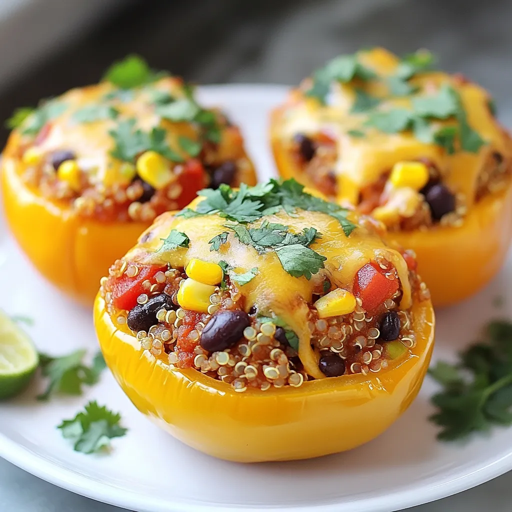 - 4 large bell peppers (any color) - 1 cup quinoa, rinsed - 2 cups vegetable broth - 1 can (15 oz) black beans, drained and rinsed - 1 cup corn kernels (fresh or frozen) - 1 cup diced tomatoes (canned or fresh) - 1 teaspoon cumin - 1 teaspoon paprika - 1/2 teaspoon chili powder - Salt and pepper to taste - 1 cup shredded cheddar cheese (optional) - Fresh cilantro for garnish Fiesta stuffed peppers are colorful and tasty. They bring a pop of flavor to any meal. Use any color of bell peppers. Red, yellow, or green all work well. Choose fresh ingredients for the best taste. Rinse the quinoa before cooking. This removes a bitter coating. The vegetable broth adds rich flavor to the quinoa. - Black olives, chopped - Avocado, diced - Jalapeños, chopped for heat - Sour cream or Greek yogurt for serving - Lime wedges for a zesty touch Feel free to customize your stuffed peppers. Add black olives for a salty bite. Diced avocado gives a creamy texture. For heat, chop up jalapeños and mix them in. Sour cream or Greek yogurt adds creaminess on top. Squeeze lime for a fresh flavor boost. - Brown rice instead of quinoa - Chicken or beef broth for more flavor - Canned mixed beans in place of black beans - Mozzarella cheese instead of cheddar - Spinach or kale for extra greens You can swap ingredients based on your taste. Brown rice works well if you prefer it over quinoa. Chicken or beef broth adds a meaty taste. Use mixed beans for variety and texture. If you like mozzarella, it melts great on top. Adding spinach or kale gives you more nutrients. {{ingredient_image_1}} To start, choose four large bell peppers. You can pick any color you like. Cut off the tops and remove the seeds inside. This step is key. It makes room for the tasty filling. Brush the outsides with a little olive oil. This helps them cook nicely. Place the peppers upright in a baking dish. Next, grab one cup of rinsed quinoa. In a saucepan, bring two cups of vegetable broth to a boil. Once boiling, add the quinoa. Lower the heat and cover the pan. Let it simmer for about 15 minutes. The quinoa will absorb the broth and become fluffy. Fluff it with a fork when it’s done. In a large bowl, mix the cooked quinoa with black beans, corn, and diced tomatoes. Add spices like cumin, paprika, and chili powder. Don’t forget to season with salt and pepper. Stir everything until it’s well mixed. Now, it’s time to stuff those peppers! Fill each one with the quinoa mixture. Pack it in tightly to hold everything together. If you like cheese, sprinkle some on top. Cover the baking dish with aluminum foil. Bake in your preheated oven at 375°F for 25 minutes. After that, remove the foil. Bake for another 10 minutes. This step makes the peppers tender and the cheese bubbly. When finished, let them cool for a few minutes. Garnish with fresh cilantro for a pop of color! When picking bell peppers, look for smooth, shiny skins. They should feel firm, not soft. Choose peppers with vibrant colors for more flavor. Green, red, yellow, and orange all taste great. Each color has a unique sweetness level. Red is the sweetest, while green is more bitter. Always select peppers that are heavy for their size. This tells you they are fresh and juicy. Ovens can cook unevenly, so check your stuffed peppers often. If your oven runs hot, reduce the baking time by a few minutes. If it's cooler, add a few extra minutes. Always start with the recommended time, then check for doneness. The peppers should be soft but not mushy. If you notice they are browning too fast, cover them with foil. This helps them cook evenly. To boost flavor, don’t skip the spices. Cumin, paprika, and chili powder add warmth. You can also add garlic or onion for more depth. Try squeezing lime juice over the top for freshness. Fresh herbs, like cilantro, make a big difference too. You can even mix in cooked sausage or ground turkey for a heartier dish. Cheese on top adds creaminess and richness. Feel free to get creative and make it your own! Pro Tips Choose Colorful Peppers: Selecting a variety of colored bell peppers not only enhances the visual appeal of your dish but also adds subtle variations in flavor. Extra Flavor Boost: Consider adding diced jalapeños or a splash of hot sauce to the quinoa mixture for an extra kick of flavor and spice. Make Ahead: Prepare the stuffed peppers a day in advance. Simply assemble them and store in the fridge. Bake right before serving for a hassle-free meal. Serve with a Side: Pair the stuffed peppers with a side salad or guacamole for a complete meal that balances flavors and textures. {{image_2}} You can easily make vegetarian or vegan stuffed peppers. Start with the base recipe. Use quinoa, black beans, corn, and tomatoes. For vegan, skip the cheese or use a plant-based cheese. You may also add spinach, zucchini, or mushrooms. These veggies add flavor and nutrition. You can even use lentils instead of beans for a different texture. If you love meat, try adding ground beef, turkey, or chicken. Brown the meat first. Mix it with the quinoa and veggies. The meat adds protein and a hearty taste. You can also use sausage for more spice. Just cook the sausage before mixing it in. Adjust seasonings to match the meat's flavor. Stuffed peppers have many global flavors. For a Mediterranean twist, use rice, feta, and olives. Add herbs like oregano and basil for a fresh taste. For a Mexican style, mix in taco seasoning and top with avocado. You can also try Asian flavors with rice, soy sauce, and ginger. Each option makes a unique dish. Feel free to explore and enjoy! To keep your stuffed peppers fresh, store them in an airtight container. You can place them in the fridge for up to four days. If you plan to eat them later, let them cool first. This helps avoid moisture build-up, which can make them soggy. Freezing stuffed peppers is easy! Wrap each pepper tightly in plastic wrap. Then, place them in a freezer-safe bag. They can stay frozen for up to three months. Thaw them overnight in the fridge before cooking. This makes meal prep a breeze! Reheat your stuffed peppers in the oven for the best taste. Preheat the oven to 350°F (175°C). Place them in a baking dish and cover with foil to keep them moist. Heat for about 20 minutes. If you want a crispy top, remove the foil for the last five minutes. Enjoy your tasty leftovers! Yes, you can use brown rice. Brown rice adds a nice texture. It also has a nutty flavor. Just note that it takes longer to cook than quinoa. You will need about 45 minutes to make it tender. Make sure to use the right amount of liquid. For every cup of brown rice, use two cups of vegetable broth. Stuffed peppers are done when they are tender. You can check them with a fork. The peppers should be soft but still hold their shape. If you added cheese, it should be melted and bubbly. Bake them covered for 25 minutes, then uncover and bake for 10 more minutes. This helps them cook evenly. Great sides include a fresh salad or warm bread. A simple green salad helps balance the meal. You can also serve it with avocado slices for creaminess. Rice or quinoa on the side adds more texture. For a fun twist, serve with tortilla chips and salsa. This adds crunch and flavor. Fiesta stuffed peppers are easy to make and fun to enjoy. Start with fresh bell peppers and a tasty filling of quinoa or meat. There are many ways to customize your peppers with different ingredients. Remember to cook them just right for the best flavor. In the end, stuffed peppers are a great meal prep option. You can store, freeze, and reheat them easily. With the tips and variations shared, you can make this dish your own. Enjoy experimenting with flavors and make every bite count!
