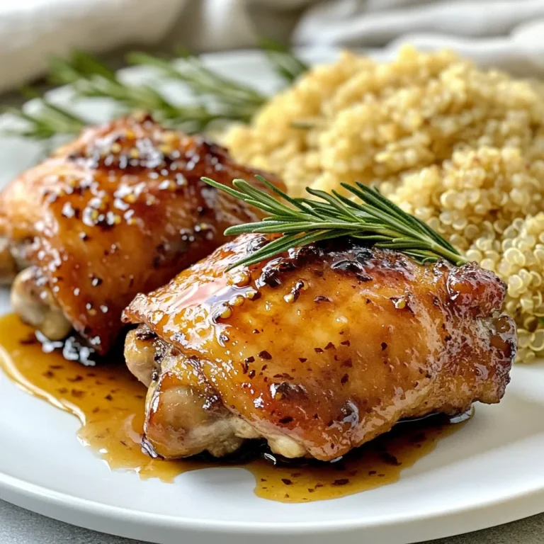 - 4 bone-in, skin-on chicken thighs - 1/4 cup balsamic vinegar - 2 tablespoons honey - 2 tablespoons olive oil - 3 garlic cloves, minced - 1 teaspoon dried thyme - 1 teaspoon salt - 1/2 teaspoon black pepper - Fresh rosemary for garnish - Cooked quinoa or rice for serving Each serving of Balsamic Honey Chicken Thighs has around: - Calories: 320 - Protein: 23g - Fat: 22g - Carbohydrates: 8g - Fiber: 0g - Sugar: 6g This dish is rich in flavor and provides a nice balance of protein and healthy fats. The honey and balsamic vinegar offer a sweet and tangy taste that makes each bite special. Pairing it with quinoa or rice adds fiber and makes the meal more filling. Enjoy this dish for a satisfying dinner! {{ingredient_image_1}} To start, gather your ingredients for the marinade. In a large bowl, mix together: - 1/4 cup balsamic vinegar - 2 tablespoons honey - 2 tablespoons olive oil - 3 minced garlic cloves - 1 teaspoon dried thyme - 1 teaspoon salt - 1/2 teaspoon black pepper Whisk these ingredients well until they blend smoothly. This mixture will bring flavor and shine to the chicken. Next, add your chicken thighs to the bowl. Make sure each piece is well coated. This step is key for deep flavor. Let the chicken marinate for at least 30 minutes. You can also refrigerate it for up to 2 hours for even better taste. Now it’s time to cook! Preheat your oven to 400°F (200°C). Heat an oven-safe skillet over medium-high heat. Once it’s hot, place the marinated chicken thighs skin side down. Sear them for about 5-7 minutes. You want the skin to be crispy and golden brown. After that, flip the chicken thighs over. Spoon some of the leftover marinade on top. Then, transfer the skillet to your preheated oven. Bake for 25-30 minutes. Check that the internal temperature reaches 165°F (75°C). The juices should run clear when done. Once cooked, let the chicken rest for 5-7 minutes. This helps the juices settle. Serve the thighs with the pan juices drizzled on top. Garnish with fresh rosemary for a nice touch. Optionally, pair with cooked quinoa or rice for a complete meal. To get the best flavor, start with good marinating. Use a bowl to mix balsamic vinegar, honey, olive oil, minced garlic, dried thyme, salt, and black pepper. Whisk until blended. Then, add the chicken thighs and make sure they are fully covered in the marinade. Let them sit for at least 30 minutes. If you can, marinate them in the fridge for up to 2 hours. This helps the flavors soak in well. Crispy skin makes the dish extra tasty. To get that crunch, heat an oven-safe skillet over medium-high heat. Place the marinated chicken thighs skin side down in the hot skillet. Let them sear for about 5-7 minutes. You want the skin to turn golden brown. After that, flip them over and add some marinade on top before putting the skillet in the oven. When serving, let the chicken thighs rest for about 5-7 minutes after cooking. This helps keep them juicy. Drizzle the pan juices over the chicken for added flavor. You can garnish with fresh rosemary for a nice touch. Pair the chicken with cooked quinoa or rice for a complete meal. Enjoy every bite! Pro Tips Marinate for Maximum Flavor: Allow the chicken to marinate for at least 30 minutes, but for the best results, refrigerate for up to 2 hours. This enhances the flavor and tenderness of the meat. Get Crispy Skin: Ensure the skillet is hot before adding the chicken. Searing the skin side first will render the fat and create a deliciously crispy texture. Check for Doneness: Use a meat thermometer to ensure the chicken reaches an internal temperature of 165°F (75°C). This guarantees that the chicken is cooked through and safe to eat. Let it Rest: After baking, allow the chicken to rest for 5-7 minutes before serving. This helps the juices redistribute, keeping the meat moist and flavorful. {{image_2}} You can swap chicken thighs for other meats. Try bone-in chicken breasts for a lighter meal. If you prefer pork, use pork chops. For a vegetarian option, tofu works well. Just press the tofu to remove water, then marinate it. Adjust the cooking time based on what protein you choose. Adding flavors can make this dish even better. Try fresh herbs like basil or thyme. You can also add some red pepper flakes for heat. For a sweet twist, mix in orange juice or zest. If you like tang, add a splash of lemon juice. These flavors can give a whole new life to your dish. You can grill these chicken thighs for a smoky flavor. Start by marinating the chicken, then heat your grill. Cook on medium heat for about 6-8 minutes per side. For slow cooking, place the marinated chicken in a slow cooker. Cook on low for 6-8 hours. Both methods will give you juicy, tasty chicken. After you enjoy your Balsamic Honey Chicken Thighs, cool them to room temperature. Place the leftover chicken in an airtight container. This keeps the flavor fresh. Store it in the fridge for up to three days. If you want to keep it longer, freezing is a great option. To reheat, preheat your oven to 350°F (175°C). Place the chicken thighs on a baking tray. Cover them with foil to keep the moisture in. Heat for about 15-20 minutes or until warm. You can also use a microwave. Heat in short bursts to avoid drying it out. For freezing, wrap each chicken thigh tightly in plastic wrap. Then, place them in a freezer bag. Remove as much air as possible. Label the bag with the date. You can freeze the thighs for up to three months. When you’re ready to eat, thaw them in the fridge overnight before reheating. The best way to marinate chicken is to use a mix of flavors. Start with an acid, like balsamic vinegar. Add sweetness from honey. Olive oil keeps it moist. Combine minced garlic, herbs, salt, and pepper for extra taste. Make sure to coat the chicken well in the marinade. Let it sit for at least 30 minutes. For more flavor, marinate for up to 2 hours. This helps the chicken soak up all those yummy flavors. Yes, you can use boneless chicken thighs. They cook faster than bone-in thighs. Adjust the cooking time to about 20-25 minutes in the oven. Make sure the internal temperature reaches 165°F (75°C). Boneless thighs are great for quick meals. They still absorb the marinade well and stay juicy. You need to cook the chicken for about 25-30 minutes in the oven. Start by searing the skin-side down for 5-7 minutes. This gives it a nice crispy texture. After flipping, bake until the chicken is cooked through. Always check the internal temperature with a meat thermometer. It should reach 165°F (75°C) for safety. Many sides go well with Balsamic Honey Chicken Thighs. I recommend serving it with cooked quinoa or rice. Both are great for soaking up the tasty juices. You can also pair it with roasted veggies. A fresh salad adds crunch and brightness. Choose sides that balance the rich flavors of the chicken. This article provided a clear guide to making balsamic honey chicken thighs. We covered ingredients, step-by-step cooking, and tips for great results. You can explore variations, storage, and helpful FAQs. By following these steps, you create a tasty dish that family and friends will love. Enjoy cooking and feeding those you care about!
