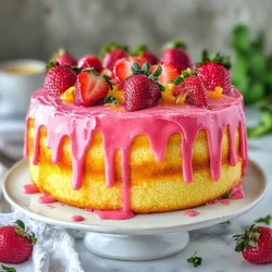 - 2 cups all-purpose flour - 1 tablespoon baking powder - ½ teaspoon salt - ½ cup unsalted butter, softened - 1 cup whole milk - 3 large eggs - 1 tablespoon lemon zest - ½ cup fresh lemon juice - 1 cup strawberries, pureed (fresh or frozen) - 1 teaspoon vanilla extract - 1 cup unsalted butter, softened - 4 cups powdered sugar - 2 tablespoons fresh lemon juice - 2 tablespoons strawberry puree (for color) - 1 tablespoon milk (if needed for consistency) The ingredients for strawberry lemonade cake blend bright flavors. The dry mix includes flour, baking powder, and salt. This base supports the cake's rise and texture. For the wet ingredients, we use softened butter, milk, and eggs. Lemon zest and lemon juice bring a fresh taste. Strawberry puree adds sweetness and a lovely color. For the frosting, we start with butter and powdered sugar. Fresh lemon juice gives it a zesty kick. The strawberry puree adds a beautiful pink hue. If the frosting feels too thick, add a bit of milk for smoothness. Together, these ingredients create a delightful cake bursting with flavor. {{ingredient_image_1}} 1. Preheat your oven to 350°F (175°C). Grease and flour two 9-inch round cake pans. 2. In a large bowl, mix 2 cups of all-purpose flour, 1 tablespoon of baking powder, and ½ teaspoon of salt. This helps the cake rise well. 3. In another bowl, cream together ½ cup of softened unsalted butter and 1 ½ cups of granulated sugar. Mix until light and fluffy, about 3-4 minutes. 1. Add 3 large eggs, 1 tablespoon of lemon zest, and 1 teaspoon of vanilla extract to the butter mixture. Mix well after each egg. 2. Gradually add the flour mixture to the butter mix. Alternate with 1 cup of whole milk and ½ cup of pureed strawberries. Start and end with the flour. Mix until just combined. 1. Pour the batter evenly into the prepared pans. Smooth the tops with a spatula. 2. Bake for 25-30 minutes. A toothpick should come out clean from the center. Let the cakes cool in the pans for about 10 minutes. Then, transfer them to wire racks to cool completely. 1. Beat 1 cup of softened unsalted butter in a bowl until creamy. Gradually mix in 4 cups of powdered sugar. 2. Add 2 tablespoons of fresh lemon juice and 2 tablespoons of strawberry puree. Mix until smooth. If it’s too thick, add 1 tablespoon of milk for a better consistency. 1. Once the cakes are cool, place one layer on a serving plate. Spread a generous layer of frosting on top. 2. Place the second layer on top and frost the top and sides of the cake. Decorate with fresh strawberries for a beautiful finish. To get a fluffy cake, start by creaming the butter and sugar well. You need to mix them for about 3 to 4 minutes. This step adds air, making the cake light. Also, use room temperature ingredients. Cold butter or eggs can make the batter dense. For the best frosting, aim for a smooth but thick texture. If it’s too thick, add a tablespoon of milk. This helps in spreading it easily. For a beautiful color, use fresh strawberry puree. It gives a lovely pink hue without artificial colors. When serving, presentation is key. Use a pastel plate for a spring vibe. Garnish with fresh lemon slices and whole strawberries. For a special touch, drizzle strawberry puree on the plate around the cake slice. Pair it with a refreshing lemonade to enhance the flavors. Pro Tips Use Room Temperature Ingredients: Ensure your butter, eggs, and milk are at room temperature before mixing. This helps create a smoother batter and a more even cake texture. Don’t Overmix: When combining the wet and dry ingredients, mix until just combined. Overmixing can lead to a dense cake, so stop as soon as you see no dry flour. Cool Cakes Completely: Allow the cakes to cool completely before frosting. This prevents the frosting from melting and ensures a beautiful finish. Enhance the Flavor: For an extra burst of flavor, consider adding a splash of vanilla extract to the strawberry puree. It complements the cake beautifully and adds depth to the taste. {{image_2}} To make your Strawberry Lemonade Cake even better, try adding extra fruits. Raspberries or blueberries can give a new twist. Just mix them in with the cake batter. They add color and flavor. You can also try herbs like mint. Mint gives a fresh taste that pairs well with lemon and strawberries. Just chop a few leaves and fold them into the batter. If you need a gluten-free cake, you can easily swap the flour. Use a good gluten-free flour blend instead of all-purpose flour. Make sure to pick one that works well for baking. This change will keep your cake light and tasty without gluten. For a dairy-free option, switch out the regular milk and butter. Coconut milk works great and adds a nice flavor. Use dairy-free butter alternatives to replace the unsalted butter. This way, everyone can enjoy your cake without dairy. To keep your Strawberry Lemonade Cake fresh, wrap it tightly in plastic wrap. Place it in an airtight container and store it in the fridge. It stays good for about four days. If you have leftover slices, they can also be frozen. Wrap each slice in plastic wrap, then place them in a freezer bag. They last up to three months in the freezer. To freeze cake layers, let them cool completely first. Wrap each layer in plastic wrap, then foil. Store them in the freezer for easy future use. When you're ready to bake, thaw them overnight in the fridge. This cake tastes best when fresh, but it can last. Keep it in the fridge, and it stays fresh for about four days. After that, the flavors may fade. For the best taste, enjoy it within two days. If you like tartness, add a splash of lemon juice over your slice. This can wake up the flavors again. Want a quick snack? You can turn the cake batter into muffins! Just pour the batter into a muffin tin instead of cake pans. Fill each cup about two-thirds full. Bake at the same temperature, but check them after 15-20 minutes. They are done when a toothpick comes out clean. This way, you have tasty muffins for breakfast or a snack! How to make Strawberry Lemonade Cake from scratch? To make Strawberry Lemonade Cake from scratch, start with the dry ingredients. Mix 2 cups of all-purpose flour, 1 tablespoon of baking powder, and ½ teaspoon of salt. Then, cream ½ cup of softened unsalted butter with 1 ½ cups of granulated sugar until fluffy. Add 3 large eggs, 1 tablespoon of lemon zest, and 1 teaspoon of vanilla extract. Gradually add your dry mix with 1 cup of milk and 1 cup of pureed strawberries. Bake at 350°F for 25-30 minutes. Can I use frozen strawberries instead of fresh? Yes, you can use frozen strawberries in this recipe. Just make sure to thaw and puree them first. This will give your cake the same fruity flavor. However, fresh strawberries may provide a brighter taste. What is the best way to keep the cake moist? To keep the cake moist, avoid overbaking. Use a toothpick to check for doneness. A little lemon juice over the cakes while they cool can add extra moisture. Cover the cake with plastic wrap once it cools to keep it fresh. Why is my cake dry, and how to fix it? Your cake may be dry if you overmix the batter or bake it too long. Always measure your flour correctly. Use the spoon-and-level method for accuracy. If your cake is dry, a simple syrup can help. Brush it on the layers before frosting. How to avoid flaky frosting when decorating? To avoid flaky frosting, make sure your butter is softened but not melted. Mixing the butter well before adding powdered sugar is key. If your frosting is too thick, add a little milk. This will help create a smooth texture. How many servings does the cake yield? This Strawberry Lemonade Cake yields about 12 servings. It’s perfect for gatherings or celebrations. You can easily adjust the recipe if you need more. Is there a way to customize the cake’s nutritional content? Yes, you can customize the cake’s nutritional content. Use whole wheat flour for added fiber or a sugar substitute for less sugar. Consider using non-dairy butter and coconut milk to make it dairy-free. This blog shared how to make a delicious Strawberry Lemonade Cake. You learned the right mix of dry and wet ingredients. We covered key steps, from mixing to baking, and creating that tasty frosting. Tips helped you master cake texture and frosting consistency. You even saw fun variations and storage tips. Now it's time to bake! Enjoy your creation and share with friends. Your cake is sure to impress everyone!