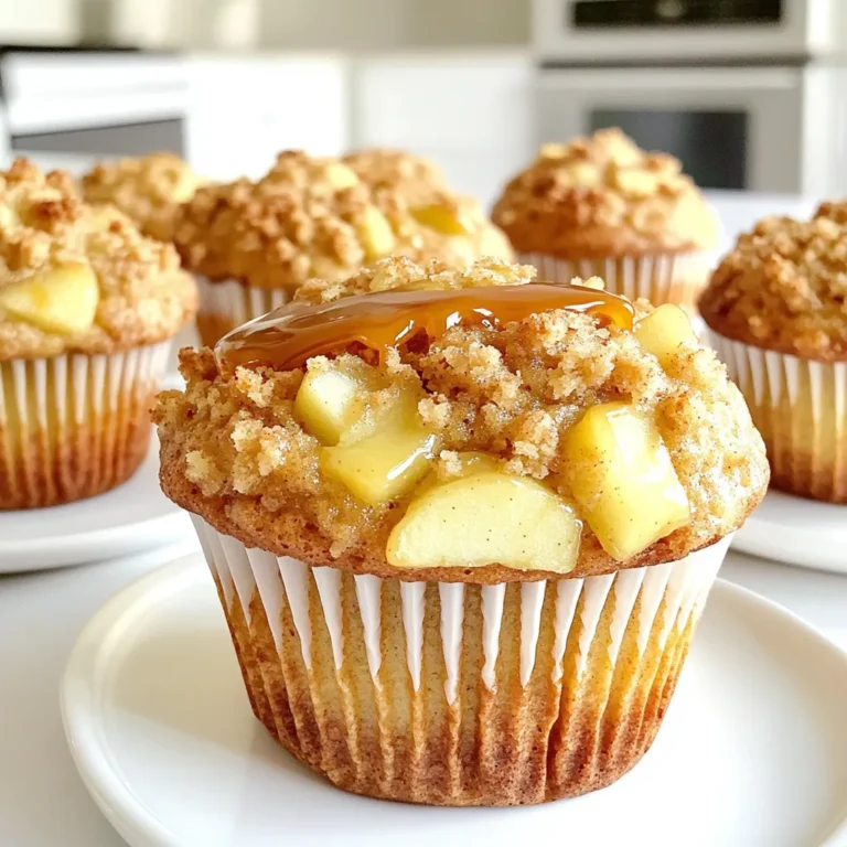 For the muffins, you will need: - 2 cups all-purpose flour - 1 cup granulated sugar - 1 tablespoon baking powder - 1/2 teaspoon baking soda - 1/2 teaspoon salt - 1 teaspoon ground cinnamon - 1/2 cup unsalted butter, melted - 1 cup buttermilk - 2 large eggs - 1 teaspoon vanilla extract - 2 cups peeled and diced apples (about 2 large apples) - 1 cup caramel sauce (store-bought or homemade) These ingredients come together to create a moist and sweet muffin. The apples add a nice crunch, while the caramel adds a rich flavor. For the streusel topping, gather these items: - 1/2 cup all-purpose flour - 1/4 cup brown sugar - 1/4 cup rolled oats - 1/2 teaspoon ground cinnamon - 1/4 cup unsalted butter, cold and cubed The streusel adds a wonderful texture. The oats provide a nice chew, and the brown sugar gives a deep, caramel-like sweetness. You can make some simple swaps if you need to. Here are a few ideas: - Use whole wheat flour instead of all-purpose for more fiber. - Swap buttermilk with regular milk. Add 1 tablespoon of vinegar to sour it. - Replace diced apples with pears or peaches if you're feeling adventurous. - Use coconut oil instead of butter for a dairy-free option. These substitutions can help you tailor the recipe to your taste or dietary needs while keeping the muffins tasty. To start, preheat your oven to 350°F (175°C). Line a muffin tin with paper liners or grease it lightly. In a large bowl, whisk together the dry ingredients. Combine 2 cups of flour, 1 cup of sugar, 1 tablespoon of baking powder, 1/2 teaspoon of baking soda, 1/2 teaspoon of salt, and 1 teaspoon of cinnamon. In a separate bowl, mix 1/2 cup of melted butter, 1 cup of buttermilk, 2 eggs, and 1 teaspoon of vanilla. Pour the wet mix into the dry mix. Stir gently until just combined. Then, fold in 2 cups of diced apples and half of the caramel sauce. For the streusel topping, take a small bowl. Mix together 1/2 cup of flour, 1/4 cup of brown sugar, 1/4 cup of rolled oats, and 1/2 teaspoon of cinnamon. Add 1/4 cup of cold cubed butter. Use your fingers or a pastry cutter to combine until it looks like coarse crumbs. Now, fill each muffin cup about two-thirds full with the batter. Sprinkle a generous amount of streusel topping on each muffin. Bake the muffins in the oven for 20-25 minutes. Check for doneness by inserting a toothpick into the center. If it comes out clean, they are ready. Once baked, remove them from the oven and let them cool in the pan for 5 minutes. Then, transfer the muffins to a wire rack to cool completely. Once cooled, drizzle the remaining caramel sauce on top for a sweet finish. To get soft and fluffy muffins, use room-temperature ingredients. Warm eggs and buttermilk blend better. Sift your dry ingredients to add air. This will help your muffins rise nicely. Use fresh ingredients for the best taste. Make sure your oven is preheated. An even temperature helps muffins bake well. Place the muffin tin in the center of the oven. This ensures hot air circulates around all the muffins. Check for doneness at 20 minutes using a toothpick. If it comes out clean, your muffins are ready. Mix your batter gently. Stir until the dry and wet ingredients are just combined. You might see a few lumps, and that's okay. Overmixing makes muffins tough and chewy. Always fold in the diced apples gently to keep their shape. {{image_2}} You can easily add nuts or dried fruits to your muffins. Chopped walnuts or pecans add a nice crunch. Dried cranberries or raisins give a sweet twist. Add about 1/2 cup of your choice to the batter. Mix them in gently so they spread evenly. This extra texture makes the muffins even more delightful. If you want gluten-free muffins, swap the all-purpose flour for a gluten-free blend. Make sure the blend has xanthan gum for better texture. You can also use almond flour, but adjust the liquid slightly. Keep the rest of the ingredients the same. Your muffins will still taste yummy and moist! Try different fruit or spices for a unique twist. Pears work well instead of apples. For a fun flavor, add a dash of nutmeg or ginger. You can also use chocolate chips in place of caramel for a sweet treat. Explore these options to make your muffins your own! To keep your caramel apple streusel muffins fresh, store them in an airtight container. This method locks in moisture and flavor. Place a paper towel at the bottom to absorb any extra moisture. Muffins stay good for about 2 to 3 days at room temperature. If you want them to last longer, consider refrigerating them. Freezing muffins is a great way to save some for later. First, let the muffins cool completely. Then, wrap each muffin tightly in plastic wrap. You can also place them in a freezer-safe bag or container. They will stay fresh for about 2 to 3 months in the freezer. When you want to enjoy them, just thaw them at room temperature or pop them in the microwave for a quick warm-up. Reheating muffins brings back their soft texture. You can use the oven or microwave. For the oven, preheat to 350°F (175°C). Place the muffins on a baking sheet and heat for about 10 minutes. For the microwave, heat one muffin for about 15 to 20 seconds. Check to see if it's warm enough. Enjoy your muffins warm, with a drizzle of caramel sauce if desired! Yes, you can! Other fruits work well too. Try pears, peaches, or berries. These fruits add a different taste and texture. Just make sure to chop them into small pieces. This keeps your muffins moist and tasty. Making caramel sauce is simple! You need sugar, butter, and cream. - 1 cup granulated sugar - 6 tablespoons unsalted butter - 1/2 cup heavy cream 1. In a pan, cook the sugar over medium heat. 2. Stir until it melts and turns amber. 3. Add the butter and mix until melted. 4. Slowly pour in the cream while stirring. 5. Let it cool before using. This sauce adds a rich flavor to the muffins. If your muffins are dry, there are easy fixes. - Add more moisture: Mix in extra buttermilk or applesauce. - Check your baking time: Remove them from the oven right when they’re done. - Store them properly: Keep muffins in an airtight container. These steps help keep your muffins soft and delicious! In this post, we covered key muffin ingredients, from batter to streusel. We explored steps to mix and bake muffins perfectly. I shared tips for great texture and even baking. You can also create fun variations and store them well. Muffins are versatile and easy to make. With these methods, you can enjoy tasty treats anytime. Happy baking!