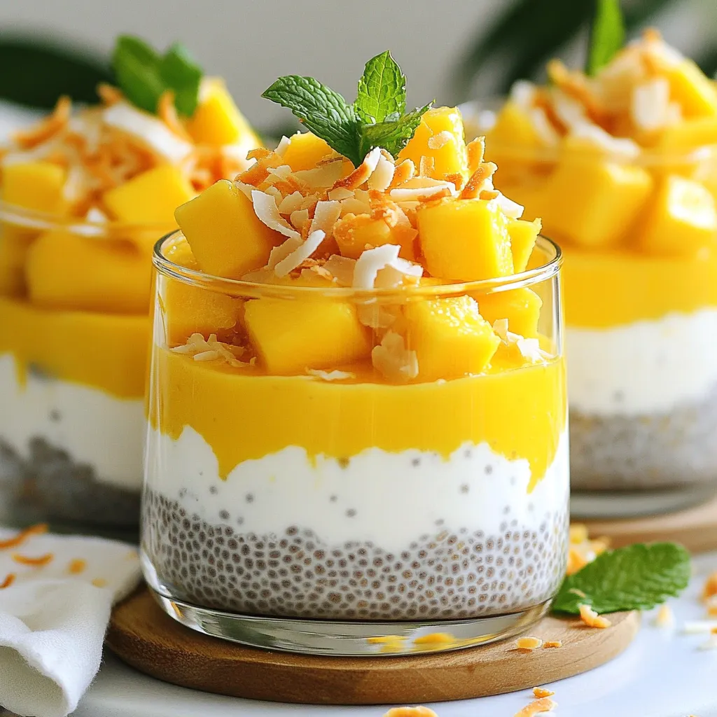 - 1 cup coconut milk - 1/2 cup almond milk - 1/4 cup chia seeds - 2 tablespoons maple syrup (or honey) - 1 ripe mango, diced - 1 teaspoon vanilla extract - A pinch of salt - Toasted coconut flakes (for garnish) - Fresh mint leaves (for garnish) For this Mango Coconut Chia Pudding, you need simple and tasty ingredients. First, grab coconut milk. This gives a rich and creamy base. Next, use almond milk. It adds a nice nutty flavor. Then, you’ll need chia seeds. These tiny seeds are full of fiber and help thicken the pudding. Sweetness comes from maple syrup or honey. You can pick either one, based on your taste. A ripe mango brings in fruity goodness. Make sure it is sweet and juicy. You will also need vanilla extract for a touch of warmth. Don’t forget a pinch of salt! This enhances all the flavors. For garnishes, use toasted coconut flakes. They add crunch and flavor. Finally, fresh mint leaves give a nice color and freshness on top. These ingredients work together perfectly. Each one adds a unique taste to the pudding. You’ll find this recipe not only easy, but also fun to make! {{ingredient_image_1}} 1. Mixing wet ingredients Start by taking a mixing bowl. Pour in 1 cup of coconut milk and 1/2 cup of almond milk. Add 2 tablespoons of maple syrup or honey. Also, include 1 teaspoon of vanilla extract and a pinch of salt. Whisk these together until everything blends well. 2. Incorporating chia seeds Now, it's time to add the chia seeds. Gradually sprinkle in 1/4 cup of chia seeds while whisking. This helps to keep the seeds from clumping. You want them evenly mixed into your wet ingredients. 3. Refrigeration process After mixing, cover the bowl with plastic wrap. Place it in the fridge for at least 4 hours or overnight. This step allows the chia seeds to absorb the liquid and thicken into a pudding. 4. Achieving the perfect consistency Once the pudding sets, take it out of the fridge. Stir it well to make it creamy. If you feel it’s too thick, you can add a splash of almond milk to adjust the texture. 5. Layering and serving To serve, grab some glasses. Start by adding a layer of chia pudding at the bottom. Next, add a layer of diced mango. Repeat these layers until the glasses are full. Finally, top each glass with toasted coconut flakes and a fresh mint leaf for a nice touch. To make the best mango coconut chia pudding, avoid clumps of chia seeds. When you mix the chia seeds into the liquid, do it slowly. Whisk constantly as you add the seeds. This step keeps them evenly distributed. If you skip this, you might end up with clumps. Refrigeration is key for this dish. Cover the bowl tightly to keep the pudding fresh. The chia seeds need time to soak up the liquid. I recommend letting it sit for at least four hours. However, overnight is even better. This way, the pudding becomes thick and creamy. The right pudding texture is smooth and rich. After chilling, stir the pudding well before serving. This step ensures it’s even. If it's too thick, add a splash of almond milk to loosen it up. You want a creamy consistency that is easy to spoon. Presentation makes a big difference. For a lovely look, layer the pudding in clear glasses. Start with a layer of chia pudding. Next, add diced mango, and then more pudding. Repeat the layers until the glass is full. For flavor pairings, think about fresh fruit. Berries or bananas can add a nice touch. A squeeze of lime juice can brighten the flavors. This dish is perfect for many occasions. Serve it as a healthy breakfast or a light dessert. It’s great for brunch or summer parties. Everyone loves a refreshing treat that tastes so good! Pro Tips Choose Ripe Mangos: Ensure the mango is perfectly ripe for the best sweetness and flavor. A ripe mango will yield slightly to gentle pressure and have a sweet aroma at the stem end. Chia Seed Mixing: When adding chia seeds, whisk continuously to prevent clumping. This ensures a smooth and creamy texture in the pudding. Overnight Setting: For optimal results, allow the chia pudding to set overnight. This gives the seeds ample time to absorb the liquid and develop the perfect consistency. Garnish for Appeal: Enhance presentation and flavor by garnishing with toasted coconut flakes and fresh mint leaves. This adds a delightful crunch and a refreshing herbal note. {{image_2}} You can easily customize your mango coconut chia pudding. - Dairy-free options: If you want to keep it dairy-free, stick with coconut milk and almond milk. You can also try oat milk or soy milk for a different taste. - Sweetener substitutions: Maple syrup adds nice flavor, but honey works well too. If you want a low-calorie option, use stevia or agave syrup. - Different fruits for layering: Mango is fantastic, but you can layer in berries, kiwi, or banana. Each fruit brings a unique flavor and texture. Adding a twist to your pudding can make it even more special. - Adding spices: Spices like cinnamon or nutmeg can add warmth. Just a pinch can change the whole profile of the pudding. - Infusing other flavors: You can infuse fresh mint or a squeeze of lime for a refreshing twist. These flavors brighten the dish and make it more vibrant. To keep your mango coconut chia pudding fresh, choose a good container. I recommend using glass jars with tight lids. They help keep out air and moisture. You can also use plastic containers, but make sure they are BPA-free. Store your pudding in the refrigerator right after it sets. This will keep it cool and tasty. Make sure to cover it well to avoid any odors from other foods. Your chia pudding stays fresh for about 4 to 5 days in the fridge. If you see any water on top or if it smells strange, it’s best to toss it. Signs of spoilage include a change in texture or an off smell. If you notice clumps forming, that can be a sign, too. Enjoy your pudding while it’s fresh for the best taste! Chia pudding lasts about 5 days in the fridge. Store it in an airtight container. Make sure to check for any changes in smell or texture before eating. Yes, you can use different types of milk. Almond, soy, or oat milk all work well. Each milk adds a unique flavor to your pudding. Yes, soaking chia seeds is necessary. Soaking helps them absorb liquid and thicken the pudding. This step ensures a smooth and creamy texture. Chia seeds are packed with nutrients. They are high in fiber, protein, and omega-3 fatty acids. This recipe benefits your heart and helps keep you full longer. This blog post covered everything you need to make a tasty chia pudding. You learned about key ingredients like coconut and almond milk, chia seeds, and sweeteners. I shared clear steps for preparation, tips for the right texture, and fun serving ideas. You also found variations and storage tips to keep your pudding fresh. Chia pudding is not just healthy; it's also fun to make. Try different combinations and enjoy this simple treat!