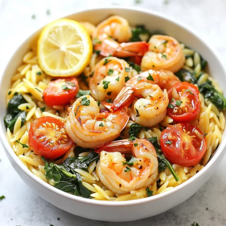 To make Garlic Butter Shrimp Orzo, you'll need the following: - 1 lb shrimp, peeled and deveined - 1 cup orzo pasta - 4 tablespoons unsalted butter - 4 cloves garlic, minced - 1 teaspoon red pepper flakes - 1 cup cherry tomatoes, halved - 2 cups spinach, roughly chopped - 1 cup vegetable broth - 1 lemon, juiced and zested - Salt and pepper to taste - Fresh parsley, chopped for garnish When cooking, using fresh ingredients makes a big difference. For the shrimp, choose large, firm ones. They should smell like the ocean and have a slight shine. Fresh garlic is key for great flavor, so pick bulbs that feel heavy and firm. For the cherry tomatoes, look for bright colors and a smooth surface. Spinach should be vibrant green without any wilting or browning. The lemon adds freshness, so using a juicy one is best. If you're missing any ingredients, don't worry! You can swap out the shrimp for chicken or scallops. If you want a vegetarian option, try using chickpeas instead. For pasta, you can use any small pasta shape like couscous or quinoa. If you can't find fresh spinach, frozen works too. Just thaw it and squeeze out the excess water before adding. Red pepper flakes can be replaced with paprika for a milder flavor. Lastly, if you want a richer taste, try adding a splash of white wine to the skillet with the broth. {{ingredient_image_1}} 1. Start by boiling water in a big pot. Cook the orzo according to the package. Check for al dente texture, then drain it and set it aside. 2. In a large skillet, melt the butter over medium heat. Once melted, add minced garlic and red pepper flakes. Sauté for about one minute until it smells great. 3. Now, add the shrimp to the skillet. Cook them for 2-3 minutes on each side. Look for them to turn pink and opaque. Season with salt and pepper. 4. Next, stir in the cherry tomatoes and spinach. Squeeze in the lemon juice and add the zest. Cook until the spinach wilts and tomatoes soften. 5. Pour in the vegetable broth and bring it to a gentle simmer. Let it bubble for about 3-4 minutes. 6. Add the cooked orzo into the skillet, mixing everything well. Cook for another 2 minutes to meld all those yummy flavors. 7. Finally, take it off the heat and add fresh parsley on top. Enjoy your meal! - Use fresh shrimp for the best flavor. They cook quickly. - Don't overcrowd the pan. Cook in batches if needed. - Keep an eye on the shrimp. They cook fast, about 2-3 minutes each side. - Look for that pink and opaque color. That means they are done and juicy. - If the shrimp seem overcooked, take them off the heat right away. They keep cooking even after you remove them. - If the dish feels too dry, add a bit more vegetable broth. This will help keep it moist. - For more spice, add extra red pepper flakes while cooking. Adjust to your taste. - If you want more flavor, consider adding herbs like thyme or basil. Mix them in when you add the spinach. To cook orzo pasta well, follow these steps: - Use a large pot with plenty of water. - Add a pinch of salt to the water before boiling. - Stir the orzo often to prevent sticking. - Cook until al dente, which means firm but not hard. - Drain the orzo well and set it aside. Cooking orzo this way gives it a nice texture. You want each piece to be tender but not mushy. To boost the flavor of Garlic Butter Shrimp Orzo, add a few spices or herbs. Here are some great options: - Fresh basil for a sweet touch. - Oregano for a warm, earthy flavor. - A dash of paprika for a smoky kick. - Lemon zest for extra brightness. Feel free to mix and match these options. They can change the dish completely. Just be careful not to overpower the garlic and shrimp. A beautiful presentation makes any meal more enjoyable. Here’s how to serve Garlic Butter Shrimp Orzo: - Use a large, shallow bowl for a nice spread. - Place the orzo in the center, then arrange shrimp on top. - Add a few halved cherry tomatoes for color. - Finish with a sprinkle of fresh parsley. Serving this way makes the dish look fancy and inviting. It’s perfect for impressing guests or simply treating yourself! Pro Tips Fresh Shrimp: For the best flavor and texture, use fresh shrimp rather than frozen. If you must use frozen shrimp, ensure they are fully thawed before cooking. Cook Orzo Perfectly: To prevent orzo from becoming mushy, cook it just until al dente, as it will continue to cook slightly when combined with other ingredients. Lemon Zest Boost: Don't skip the lemon zest! It adds a bright, fresh flavor that enhances the dish and balances the richness of the butter. Customize Your Greens: Feel free to substitute spinach with other greens like kale or arugula for a different flavor profile and added nutrients. {{image_2}} You can swap shrimp for many different proteins. Chicken is a great option. Use diced chicken breast and cook it until golden. If you prefer fish, try salmon or scallops. Both add rich flavors. For a lighter touch, use tofu or tempeh. These options soak up the tasty garlic butter sauce well. To create a vegetarian Garlic Butter Orzo, skip the shrimp. Use more veggies instead. Add mushrooms, zucchini, or bell peppers. Cook them until soft and mix them with the orzo. For protein, include chickpeas or white beans. They add a nice texture and keep you full. Feel free to mix up the vegetables. Broccoli or asparagus work well in this dish. You can also add peas for a pop of color. For the broth, try using chicken broth for extra flavor, or stay with vegetable broth for a lighter taste. Adjust the broth to your personal preference. To keep your Garlic Butter Shrimp Orzo fresh, store it in an airtight container. Make sure it cools down first. This helps to prevent steam from making it soggy. Place it in the fridge if you plan to eat it within three days. Label the container with the date, so you know when to use it. When you’re ready to enjoy your leftover Garlic Butter Shrimp Orzo, reheat it gently. Use a skillet over low heat for even warming. Add a splash of vegetable broth or water to keep it moist. Stir often to avoid sticking. You can also use a microwave. Heat it in short bursts of 30 seconds, stirring in between. This helps it heat evenly. If you want to save Garlic Butter Shrimp Orzo for later, freezing is a great option. First, let it cool completely. Then, portion it into freezer-safe bags or containers. Squeeze out as much air as possible before sealing. This helps prevent freezer burn. Label your containers with the date. Use it within three months for the best taste. When ready to eat, thaw it in the fridge overnight before reheating. Making Garlic Butter Shrimp Orzo takes about 30 minutes. You spend 10 minutes prepping and 20 minutes cooking. This quick meal works well for busy nights. You can have a tasty dish ready in no time. Yes, you can use frozen shrimp. Just thaw them before cooking. To thaw, place them in cold water for about 15 minutes. This helps save time while keeping the shrimp fresh. Cook them as you would fresh shrimp for the best taste. Garlic Butter Shrimp Orzo pairs well with a simple salad or garlic bread. You can also serve it with steamed veggies for more color. For a refreshing touch, add lemon wedges on the side. This adds brightness to your meal and enhances the flavors. Garlic Butter Shrimp Orzo is a tasty dish that's easy to make. We covered the ingredients, tips, and variations. You learned how to cook shrimp just right and enhance flavors. Don’t forget to try storing leftovers for quick meals. Whether you stick with shrimp or try new proteins, you can make this dish fit your taste. Enjoy cooking and sharing your version of this delicious orzo!