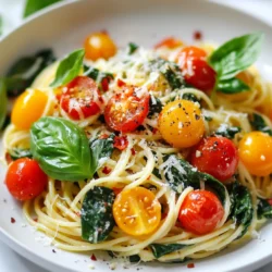 To make Quick Spinach Pasta, you need: - 8 oz spaghetti or your favorite pasta - 2 cups fresh spinach, roughly chopped - 2 tablespoons olive oil - 3 cloves garlic, minced - 1 cup cherry tomatoes, halved - 1 teaspoon red pepper flakes (adjust to preference) - ½ cup grated Parmesan cheese (or a vegan alternative) - Salt and pepper to taste You can add these for extra flavor: - Sliced mushrooms - Cooked chicken or shrimp - Lemon zest for brightness - Extra herbs like parsley or oregano If you have special diets, try these: - Use gluten-free pasta for a gluten-free meal. - Swap Parmesan with nutritional yeast for a vegan option. - Choose olive oil alternatives like avocado oil for different flavors. {{ingredient_image_1}} To start, fill a large pot with water and add salt. Bring it to a boil. Once boiling, add 8 oz of spaghetti or your favorite pasta. Cook it according to the package instructions until it's al dente. Al dente means the pasta is firm but not hard. This usually takes about 8-10 minutes. When done, save ½ cup of the pasta water. Drain the pasta and set it aside. In the same pot, pour in 2 tablespoons of olive oil. Heat it over medium heat. Add 3 minced garlic cloves and 1 teaspoon of red pepper flakes. Sauté for about 1 minute until the garlic smells great. Then, toss in 1 cup of halved cherry tomatoes. Cook them for 2-3 minutes until they start to soften. Next, stir in 2 cups of roughly chopped fresh spinach. Cook until the spinach wilts, which takes about 2 more minutes. Now, return the cooked pasta to the pot with the garlic, tomatoes, and spinach. Toss everything well. If it seems dry, add a splash of the reserved pasta water. This helps mix the flavors. Next, add ½ cup of grated Parmesan cheese. Season with salt and pepper to taste. Toss again until everything is creamy and well coated. Serve the pasta on plates and add fresh basil leaves if you like. Enjoy your quick spinach pasta! To cook pasta al dente, start with a large pot of water. Add salt; it helps flavor the pasta. Bring the water to a rolling boil before adding the spaghetti. Stir the pasta often to prevent it from sticking. Check the package for cooking time, but taste it a minute early. Al dente means the pasta should be firm to the bite. Once ready, save a bit of pasta water before draining. This water helps create a smooth sauce later. You can boost the flavor of your spinach pasta easily. Fresh herbs like basil and parsley add brightness. A sprinkle of red pepper flakes gives a nice kick. Minced garlic adds depth and warmth. When you sauté the garlic, don’t let it burn; it should turn golden. For a twist, try adding lemon zest or juice. It brightens the dish and balances the richness of the cheese. Serving your pasta well makes it look great. Use a large bowl or individual plates. Add the pasta first, then spoon the veggies on top. This way, it looks appealing. For garnish, fresh basil leaves add color and aroma. You can also add extra cheese on top if desired. Drizzle a bit of olive oil for shine. Serve it warm, and enjoy a simple yet delicious meal! Pro Tips Use Fresh Ingredients: Fresh spinach and ripe cherry tomatoes will enhance the flavor of your pasta dish significantly. Adjust Spice Level: Feel free to modify the amount of red pepper flakes based on your heat preference. Reserve Pasta Water: The reserved pasta water can help create a silkier sauce, so don't skip this step! Experiment with Cheese: Try different cheeses like feta or goat cheese for a unique twist on flavor. {{image_2}} You can easily add protein to your Quick Spinach Pasta. Chicken or shrimp works great. For chicken, use cooked, diced pieces. Sauté them with garlic for extra flavor. If you choose shrimp, cook them in olive oil until pink. Mix them in with the tomatoes and spinach. This adds a nice texture and makes the dish more filling. If you want a vegan version, swap the cheese for a plant-based alternative. Nutritional yeast can give a cheesy flavor. You can also skip the cheese altogether. For extra protein, add chickpeas or tofu. Just sauté them with the garlic and tomatoes. This keeps the dish hearty and satisfying. You don’t have to stick with spaghetti. Try penne, fusilli, or even whole wheat pasta. Gluten-free options are also available. Each type offers a unique texture. Choose what you like best. It’s all about making this dish your own. Just remember to cook the pasta according to the package instructions. To store leftover spinach pasta, let it cool first. Place it in an airtight container. This helps keep the pasta fresh. Store it in the fridge for up to three days. If you want to keep it longer, consider freezing it. When reheating, add a splash of water or olive oil. This keeps the pasta moist. Use a microwave or a skillet. If using a microwave, heat in short bursts. If you're using a skillet, heat on medium-low. Stir often for even warmth. To freeze spinach pasta, use a freezer-safe container. Make sure to leave some space for expansion. You can freeze it for up to three months. When ready to eat, thaw it in the fridge overnight. Reheat it as described for the best taste. It takes about 20 minutes to make Quick Spinach Pasta. You can cook the pasta in 10 minutes. Sautéing garlic and tomatoes takes just a few minutes. Adding spinach and mixing everything together is quick too. This dish is perfect for busy nights when you need a meal fast. Yes, you can use frozen spinach! Just make sure to thaw it first. Drain any excess water before adding it to the pan. Frozen spinach has a softer texture, but it still works well with this dish. You will still get great flavor and nutrition. Spinach pasta pairs well with many sides. You can serve it with a simple salad. A side of garlic bread also complements the dish. For protein, consider grilled chicken or shrimp. If you want a vegetarian option, serve it with roasted chickpeas. These sides help make your meal more balanced and tasty. This blog post covered how to make quick spinach pasta. We started with a list of key ingredients and explored optional ones for extra flavor. I showed you how to cook the pasta and sauté the garlic and tomatoes. We shared tips to get the pasta just right and enhance its taste. I also suggested fun variations like adding proteins or vegan swaps. Finally, we talked about how to store your dish and answered common questions. Enjoy making this easy, tasty meal!