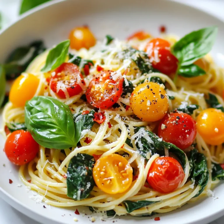 To make Quick Spinach Pasta, you need: - 8 oz spaghetti or your favorite pasta - 2 cups fresh spinach, roughly chopped - 2 tablespoons olive oil - 3 cloves garlic, minced - 1 cup cherry tomatoes, halved - 1 teaspoon red pepper flakes (adjust to preference) - ½ cup grated Parmesan cheese (or a vegan alternative) - Salt and pepper to taste You can add these for extra flavor: - Sliced mushrooms - Cooked chicken or shrimp - Lemon zest for brightness - Extra herbs like parsley or oregano If you have special diets, try these: - Use gluten-free pasta for a gluten-free meal. - Swap Parmesan with nutritional yeast for a vegan option. - Choose olive oil alternatives like avocado oil for different flavors. {{ingredient_image_1}} To start, fill a large pot with water and add salt. Bring it to a boil. Once boiling, add 8 oz of spaghetti or your favorite pasta. Cook it according to the package instructions until it's al dente. Al dente means the pasta is firm but not hard. This usually takes about 8-10 minutes. When done, save ½ cup of the pasta water. Drain the pasta and set it aside. In the same pot, pour in 2 tablespoons of olive oil. Heat it over medium heat. Add 3 minced garlic cloves and 1 teaspoon of red pepper flakes. Sauté for about 1 minute until the garlic smells great. Then, toss in 1 cup of halved cherry tomatoes. Cook them for 2-3 minutes until they start to soften. Next, stir in 2 cups of roughly chopped fresh spinach. Cook until the spinach wilts, which takes about 2 more minutes. Now, return the cooked pasta to the pot with the garlic, tomatoes, and spinach. Toss everything well. If it seems dry, add a splash of the reserved pasta water. This helps mix the flavors. Next, add ½ cup of grated Parmesan cheese. Season with salt and pepper to taste. Toss again until everything is creamy and well coated. Serve the pasta on plates and add fresh basil leaves if you like. Enjoy your quick spinach pasta! To cook pasta al dente, start with a large pot of water. Add salt; it helps flavor the pasta. Bring the water to a rolling boil before adding the spaghetti. Stir the pasta often to prevent it from sticking. Check the package for cooking time, but taste it a minute early. Al dente means the pasta should be firm to the bite. Once ready, save a bit of pasta water before draining. This water helps create a smooth sauce later. You can boost the flavor of your spinach pasta easily. Fresh herbs like basil and parsley add brightness. A sprinkle of red pepper flakes gives a nice kick. Minced garlic adds depth and warmth. When you sauté the garlic, don’t let it burn; it should turn golden. For a twist, try adding lemon zest or juice. It brightens the dish and balances the richness of the cheese. Serving your pasta well makes it look great. Use a large bowl or individual plates. Add the pasta first, then spoon the veggies on top. This way, it looks appealing. For garnish, fresh basil leaves add color and aroma. You can also add extra cheese on top if desired. Drizzle a bit of olive oil for shine. Serve it warm, and enjoy a simple yet delicious meal! Pro Tips Use Fresh Ingredients: Fresh spinach and ripe cherry tomatoes will enhance the flavor of your pasta dish significantly. Adjust Spice Level: Feel free to modify the amount of red pepper flakes based on your heat preference. Reserve Pasta Water: The reserved pasta water can help create a silkier sauce, so don't skip this step! Experiment with Cheese: Try different cheeses like feta or goat cheese for a unique twist on flavor. {{image_2}} You can easily add protein to your Quick Spinach Pasta. Chicken or shrimp works great. For chicken, use cooked, diced pieces. Sauté them with garlic for extra flavor. If you choose shrimp, cook them in olive oil until pink. Mix them in with the tomatoes and spinach. This adds a nice texture and makes the dish more filling. If you want a vegan version, swap the cheese for a plant-based alternative. Nutritional yeast can give a cheesy flavor. You can also skip the cheese altogether. For extra protein, add chickpeas or tofu. Just sauté them with the garlic and tomatoes. This keeps the dish hearty and satisfying. You don’t have to stick with spaghetti. Try penne, fusilli, or even whole wheat pasta. Gluten-free options are also available. Each type offers a unique texture. Choose what you like best. It’s all about making this dish your own. Just remember to cook the pasta according to the package instructions. To store leftover spinach pasta, let it cool first. Place it in an airtight container. This helps keep the pasta fresh. Store it in the fridge for up to three days. If you want to keep it longer, consider freezing it. When reheating, add a splash of water or olive oil. This keeps the pasta moist. Use a microwave or a skillet. If using a microwave, heat in short bursts. If you're using a skillet, heat on medium-low. Stir often for even warmth. To freeze spinach pasta, use a freezer-safe container. Make sure to leave some space for expansion. You can freeze it for up to three months. When ready to eat, thaw it in the fridge overnight. Reheat it as described for the best taste. It takes about 20 minutes to make Quick Spinach Pasta. You can cook the pasta in 10 minutes. Sautéing garlic and tomatoes takes just a few minutes. Adding spinach and mixing everything together is quick too. This dish is perfect for busy nights when you need a meal fast. Yes, you can use frozen spinach! Just make sure to thaw it first. Drain any excess water before adding it to the pan. Frozen spinach has a softer texture, but it still works well with this dish. You will still get great flavor and nutrition. Spinach pasta pairs well with many sides. You can serve it with a simple salad. A side of garlic bread also complements the dish. For protein, consider grilled chicken or shrimp. If you want a vegetarian option, serve it with roasted chickpeas. These sides help make your meal more balanced and tasty. This blog post covered how to make quick spinach pasta. We started with a list of key ingredients and explored optional ones for extra flavor. I showed you how to cook the pasta and sauté the garlic and tomatoes. We shared tips to get the pasta just right and enhance its taste. I also suggested fun variations like adding proteins or vegan swaps. Finally, we talked about how to store your dish and answered common questions. Enjoy making this easy, tasty meal!