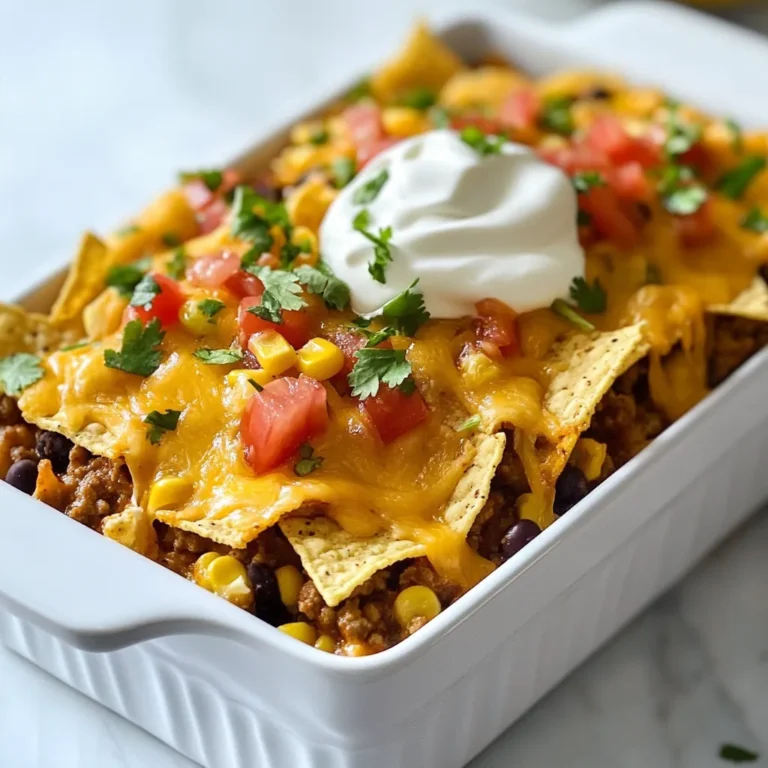 To make a tasty Walking Taco Casserole, you need these simple ingredients: - 1 lb ground beef (or turkey) - 1 packet taco seasoning - 1 can black beans, drained and rinsed - 1 can corn, drained - 1 cup salsa - 1 bag tortilla chips (about 10 oz) - 2 cups shredded cheddar cheese - 1 cup sour cream - 1 cup diced tomatoes - 1/2 cup sliced black olives (optional) - 1/4 cup chopped fresh cilantro (for garnish) These ingredients create a rich flavor. The ground beef or turkey serves as the base. Taco seasoning adds zest. Black beans and corn give texture and nutrients. Salsa brings a nice kick to the mix. Sometimes you may not have all the ingredients. Here are some easy swaps: - Ground beef: Use ground turkey or chicken for a leaner option. - Black beans: Substitute with pinto beans or kidney beans. - Tortilla chips: Use crushed corn chips or even baked chips for less fat. - Cheddar cheese: Swap for Monterey Jack or pepper jack for a spicy twist. - Sour cream: Greek yogurt works great as a healthier choice. These substitutions can help you adapt the recipe to what you have at home. Toppings add fun and flavor to your casserole. Here are some great options: - Sliced jalapeños for heat - Avocado or guacamole for creaminess - Chopped green onions for crunch - Extra salsa for added zest - Shredded lettuce for freshness Feel free to mix and match toppings based on your taste. Each option makes the dish even more enjoyable. {{ingredient_image_1}} To make Walking Taco Casserole, start by gathering your ingredients. You need ground beef or turkey, taco seasoning, black beans, corn, salsa, tortilla chips, cheddar cheese, sour cream, diced tomatoes, and optional black olives and cilantro. 1. First, preheat your oven to 350°F (175°C). 2. In a large skillet, cook the ground beef until it turns brown. This takes about 5 to 7 minutes. Make sure to drain any extra fat from the meat. 3. Next, add the taco seasoning to the meat. Stir it well. Then, mix in the black beans, corn, and salsa. Cook for another 2 to 3 minutes until everything is hot. Now, it’s time to layer and bake your casserole. 1. Grease a 9x13 inch baking dish. This helps with easy serving later. 2. Start with half of the tortilla chips. Spread them evenly on the bottom of the dish. 3. Spoon half of the meat mixture over the chips. Then, sprinkle one cup of cheddar cheese on top. 4. Repeat this with the rest of the chips, meat, and cheese. The last layer should be the cheese. 5. Cover the dish with aluminum foil. Bake it in the preheated oven for 25 minutes. 6. After 25 minutes, take off the foil. Bake for another 10 to 15 minutes. When the cheese is bubbly and golden, it is ready. Layering is key to a good casserole. Here are some tips: - Use sturdy tortilla chips. They should hold up under the toppings. - Spread the meat mixture evenly. This ensures every bite has flavor. - Don’t skimp on the cheese. A cheesy top layer makes it extra tasty. - Consider adding some extra veggies. Bell peppers or onions can add texture and taste. These steps make your Walking Taco Casserole a hit for families. Enjoy cooking! To boost flavor in your Walking Taco Casserole, use fresh herbs. Adding chopped cilantro brings a bright taste. You can also mix in some diced jalapeños for a spicy kick. Try a squeeze of lime juice before serving; it brightens every bite. If you like a smoky flavor, add some smoked paprika to your meat mix. This small change can make a big impact. For great texture, don't skip browning the meat well. This step adds depth and helps develop flavor. Drain the fat after cooking, so your casserole won’t be greasy. Layering is also key; make sure each layer has enough chips and cheese. This helps the chips stay crunchy. Bake until the cheese is melted and bubbly. This gives the casserole a perfect, golden crust. Serve your Walking Taco Casserole with toppings on the side. This lets everyone build their own dish. Offer sour cream, diced tomatoes, and black olives. You might also add some sliced avocado or guacamole for creaminess. For a fun twist, provide extra tortilla chips for scooping. This makes it a hands-on meal for families to enjoy together. Pro Tips Use Fresh Ingredients: Fresh cilantro and ripe tomatoes can elevate the flavors of your casserole, adding brightness and freshness to each bite. Customize Your Protein: Feel free to swap the ground beef for ground turkey, chicken, or even a plant-based meat substitute for a lighter or vegetarian option. Layering Technique: Ensure even distribution of ingredients by layering thoughtfully; this helps every scoop have a balanced mix of flavors and textures. Make Ahead: You can prepare the casserole in advance and store it in the fridge. Just add a few extra minutes to the baking time if baking straight from the fridge. {{image_2}} You can make a great vegetarian version of Walking Taco Casserole. Start by using black beans and corn as your base. Instead of meat, add sautéed mushrooms or lentils for texture. Use a vegan taco seasoning to keep the flavors bold. Swap out the cheddar cheese for a plant-based cheese. Use cashew cream or a store-bought vegan sour cream in place of regular sour cream. This way, you keep all the taste while making it plant-friendly. You have many choices for protein in this casserole. Ground beef is common, but ground turkey works well too. If you prefer a leaner option, turkey is a good choice. For a different flavor, try ground chicken or even chorizo for a spicy kick. If you want to go meatless, use crumbled tofu or tempeh. Each protein brings a unique taste, making it easy to switch things up. You can adjust the heat level of your casserole to fit your family’s taste. To make it mild, use a mild salsa and skip the spicy seasonings. Add sweet bell peppers for a touch of flavor without heat. For a spicy version, use hot salsa or add diced jalapeños. You can also sprinkle in some cayenne pepper or chili powder. This way, everyone can enjoy their perfect bowl of Walking Taco Casserole. To keep your Walking Taco Casserole fresh, let it cool first. Once cool, place it in an airtight container. It should stay fresh in the fridge for up to four days. If you plan to eat it later, this method works great. When you want to enjoy leftovers, preheat your oven to 350°F. Place the casserole in an oven-safe dish. Cover it with foil to prevent drying out. Heat for about 20 minutes or until warm. You can also use the microwave. Heat it in short bursts, stirring in between. This keeps it from getting too hot. If you want to freeze your casserole, use a freezer-safe dish. Cover it tightly with plastic wrap and foil. It can last up to three months in the freezer. When you’re ready to eat it, thaw it overnight in the fridge. Reheat it in the oven or microwave until hot. This way, you can enjoy your delicious meal anytime! You can use ground turkey instead of ground beef. Ground chicken is also a good choice. For a vegetarian option, try black beans, lentils, or tempeh. These options add protein and flavor without meat. Yes, you can prepare it a day in advance. Just make the casserole, cover it, and store it in the fridge. This lets the flavors mix well. When ready, just bake it as directed. Add more taco seasoning for extra heat. You can also mix in diced jalapeños or use spicy salsa. Hot sauce is another great way to boost the spice. Just adjust it to your taste! This blog post covered all you need for a Walking Taco Casserole. We discussed ingredients, optional toppings, and how to substitute items. I laid out easy steps for preparation and cooking, along with tips for the best texture. You can explore variations, storage methods, and reheating tips for great taste. In conclusion, enjoy making this dish your own. Happy cooking!