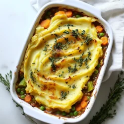 For my Vegan Lentil Shepherd’s Pie, gather these ingredients: - 1 cup lentils (green or brown), rinsed - 2 cups vegetable broth - 1 large onion, finely chopped - 2 cloves garlic, minced - 2 carrots, diced - 2 celery stalks, diced - 1 cup frozen peas - 1 teaspoon dried thyme - 1 teaspoon dried rosemary - 2 tablespoons tomato paste - 1 tablespoon soy sauce or tamari - Salt and pepper to taste - 4 medium potatoes, peeled and cubed - 1/4 cup plant-based milk (almond, soy, or oat) - 2 tablespoons vegan butter You can easily swap some ingredients. Use brown lentils if you can’t find green. Any vegetable broth works, but homemade is best. If you don’t have onions, shallots are a great choice. For garlic lovers, add more cloves for extra flavor. Instead of carrots, try parsnips for a sweet twist. If you need gluten-free options, use tamari instead of soy sauce. You can skip the peas if you want or add corn for a pop of color. For potatoes, substitute with cauliflower for a lower-carb option. This shepherd's pie is not just tasty; it’s healthy too. Each serving has about: - Calories: 300 - Protein: 12g - Fat: 8g - Carbohydrates: 48g - Fiber: 10g High in fiber from lentils and veggies, this dish fills you up. It’s also packed with vitamins from the carrots and peas. Plus, it’s low in saturated fat, making it a heart-healthy choice. Enjoy a hearty meal that keeps you nourished! {{ingredient_image_1}} To start, I cook the lentils first. I take one cup of rinsed lentils and add them to a medium pot. Then, I pour in two cups of vegetable broth. I bring it to a boil, then lower the heat. I let it simmer for 20 to 25 minutes. The lentils should be tender when done. If there’s extra liquid, I drain it. Next, I heat a large skillet over medium heat. I add a splash of water or broth to the pan. I toss in the finely chopped onion and minced garlic. I sauté them for about 3 to 4 minutes until they soften. Then, I add the diced carrots and celery. I let them cook for 5 to 7 minutes until they start to soften too. While the veggies cook, I prepare the potatoes. I peel and cube four medium potatoes. In a separate pot, I bring water to a boil and add the potatoes. I cook them until tender, around 15 minutes. Once they are done, I drain the water. I then mash the potatoes in a bowl. I add 1/4 cup of plant-based milk and 2 tablespoons of vegan butter. I mix until smooth and creamy. I season with salt and pepper to taste. Now it's time to assemble! I preheat the oven to 400°F (200°C). In a baking dish, I spread the lentil and vegetable mixture evenly at the bottom. Next, I spoon the creamy mashed potatoes on top. I smooth them out with a spatula. I bake the shepherd’s pie for 25 to 30 minutes. I know it’s ready when the top is golden brown and the edges bubble slightly. After baking, I let it cool for a few minutes before serving. To cook lentils well, rinse them first. This step removes dust and debris. Use green or brown lentils for best results. Always check the package for cooking time. Typically, lentils need 20-25 minutes of simmering. Keep an eye on the pot to avoid overcooking. Test them for tenderness. They should be soft but not mushy. Drain any excess broth after cooking. This keeps your filling from being too watery. For creamy mashed potatoes, use starchy potatoes like Russets. Peel and cube them for even cooking. Boil the potatoes in salted water until fork-tender, about 15 minutes. Drain the potatoes well to remove excess water. In a bowl, add plant-based milk and vegan butter to the potatoes. Mash everything together until smooth and creamy. Season with salt and pepper to taste for extra flavor. When baking, use a sturdy baking dish for best results. Spread the lentil mix evenly in the dish. Make sure to cover it fully with mashed potatoes. Smooth out the top for even browning. Preheat the oven to 400°F (200°C) for optimal heat. Bake for 25-30 minutes until the top is golden brown. Look for bubbling edges to know it’s ready. Let it cool briefly before serving to avoid burns. Pro Tips Choose the Right Lentils: Green or brown lentils work best for this recipe as they hold their shape and provide a hearty texture. Enhance Flavor: Consider adding a splash of red wine or balsamic vinegar to the lentil mixture for a deeper flavor profile. Make Ahead: You can prepare the lentil filling and mashed potatoes in advance. Assemble the pie just before baking for an easy weeknight meal. Customize Your Vegetables: Feel free to swap in any seasonal vegetables you have on hand, such as mushrooms, bell peppers, or zucchini. {{image_2}} You can easily make this vegan lentil shepherd's pie gluten-free. Instead of using soy sauce, try tamari. Tamari is gluten-free and adds a rich flavor. Make sure your vegetable broth is also gluten-free. This way, you keep all the taste without the gluten. Feel free to sneak in more veggies for extra flavor and nutrients. You can add: - Mushrooms, diced - Bell peppers, chopped - Corn, frozen or fresh - Spinach, wilted These veggies blend well with the lentils. They also add color and texture to your pie. Boost the flavor of your shepherd's pie with a few extra seasonings. Try adding: - Smoked paprika for a hint of smokiness - Nutritional yeast for a cheesy taste - Red pepper flakes for heat These small changes can elevate your dish. Play around with them to find your perfect blend! After your Vegan Lentil Shepherd's Pie cools, place it in an airtight container. You can keep it in the fridge for up to four days. Make sure the pie is completely cool before sealing it. This helps keep the flavors fresh. If you have leftovers, enjoy them for lunch the next day! To freeze, cut your shepherd's pie into portions. Wrap each piece tightly in plastic wrap. Place the wrapped pieces in a freezer-safe bag or container. You can freeze it for up to three months. Label the bag with the date so you can track freshness. This makes it easy to grab a meal on busy days. To reheat, remove the pie from the fridge or freezer. If frozen, allow it to thaw in the fridge overnight. Preheat your oven to 350°F (175°C). Place the pie in an oven-safe dish, covered with foil. Heat for about 20-25 minutes until warm. You can also microwave individual portions for quicker reheating. Enjoy your comforting meal once again! Yes, you can try different lentils! Green and brown lentils work best. They hold their shape well during cooking. Red lentils cook faster and can turn mushy. If you want a firmer texture, stick with green or brown. No, traditional Shepherd's Pie is not vegan. It usually has meat, often lamb or beef. This vegan version swaps meat for lentils. It keeps the comforting taste and adds a healthy twist. You can prep this dish in advance. Cook the lentils and sauté the veggies. Store them in the fridge for up to three days. You can also mash the potatoes ahead. Just assemble everything when you're ready to bake. This dish is hearty and filling on its own. However, a simple green salad works great. You can also serve roasted vegetables or steamed broccoli for extra nutrition. Enjoy your meal with a light side! This article covered the key steps for making Vegan Lentil Shepherd's Pie. We explored the essential ingredients, cooking techniques, and useful tips. You learned about ingredient swaps, nutritional facts, and proper storage. Each section helps you create a tasty dish that you can modify for your needs. In short, this pie is not only delicious but also simple to make. Enjoy your cooking journey and share this recipe with friends!