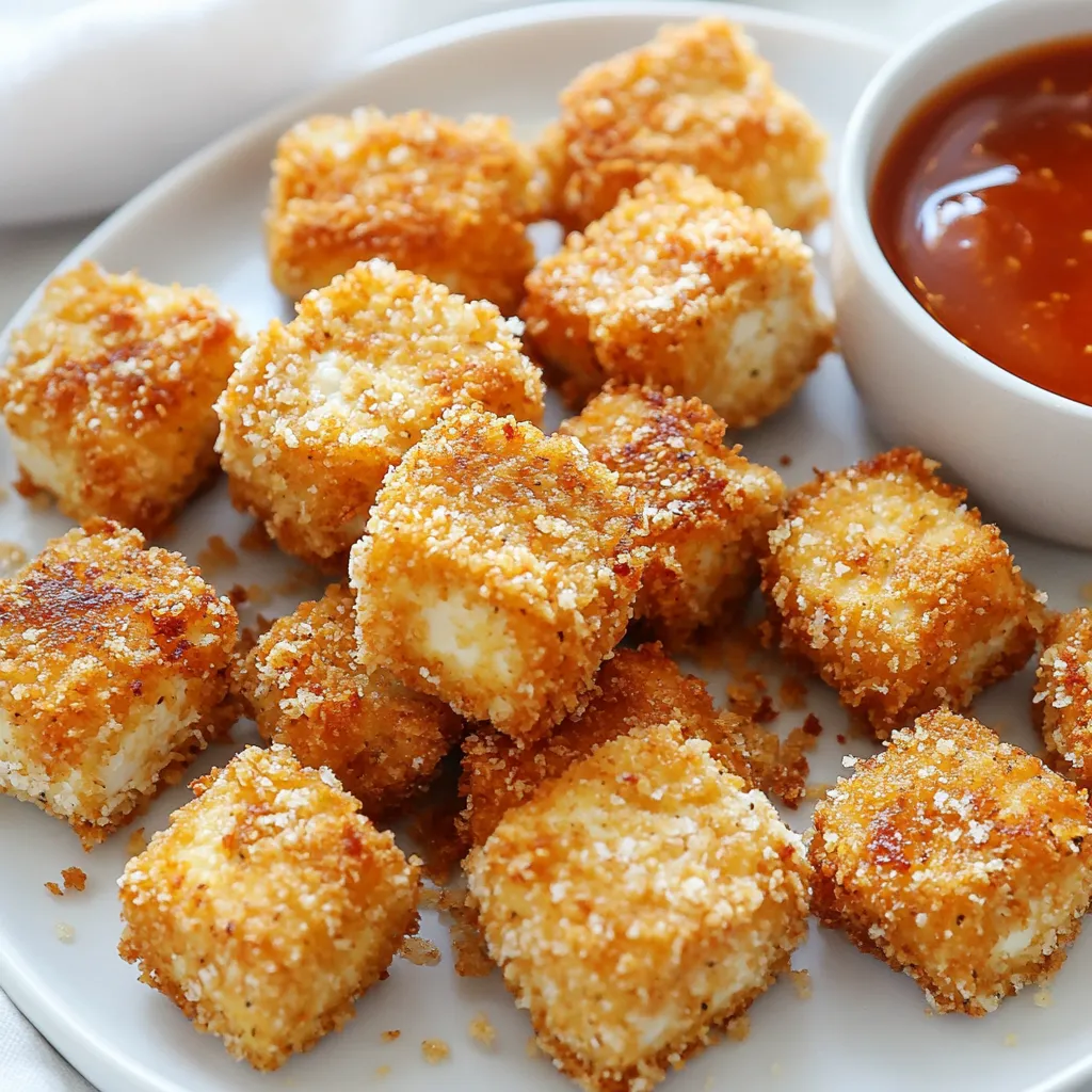 - 14 oz firm tofu, drained and pressed - 1/2 cup cornstarch - 1/2 cup breadcrumbs (panko for extra crunch) - 2 tablespoons nutritional yeast - 1 teaspoon garlic powder - 1 teaspoon onion powder - 1 teaspoon smoked paprika - 1/2 teaspoon salt - 1/4 teaspoon black pepper - 2 tablespoons soy sauce - 1 tablespoon maple syrup - Cooking spray For these crispy air fryer tofu nuggets, you need the right mix of ingredients. Firm tofu works best. It holds its shape well and gives that satisfying bite. Cornstarch is key for crispiness. It forms a great base layer. Panko breadcrumbs add extra crunch that you will love. For flavor, nutritional yeast gives a cheesy taste without dairy. Garlic powder and onion powder add depth. Smoked paprika brings a touch of warmth and color. Salt and black pepper round out the flavors perfectly. To marinate the tofu, combine soy sauce and maple syrup. This mix adds savory and sweet notes. The cooking spray helps achieve that golden, crispy exterior in the air fryer. Gather these ingredients, and you're ready to make a delicious snack! {{ingredient_image_1}} To make crispy tofu nuggets, start by draining and pressing the tofu. First, open the package and pour out any excess water. Place the tofu on a plate and put another plate on top. Weigh it down with something heavy, like a can. Let it sit for about 15 minutes. This step helps remove moisture. Next, cut the pressed tofu into bite-sized nuggets. Aim for 1-inch cubes. This size helps them cook evenly and stay crispy. In a mixing bowl, whisk together soy sauce and maple syrup. This mixture gives the tofu a sweet and salty flavor. Once it’s combined, gently fold the tofu cubes into the marinade. Make sure all the nuggets are coated. Let them sit for 10-15 minutes. This soaking time allows the tofu to soak in the flavors. Now, set up a breading station. You will need three plates: one with cornstarch, and another with a breadcrumb mixture. For the breadcrumb mixture, mix breadcrumbs, nutritional yeast, garlic powder, onion powder, smoked paprika, salt, and black pepper. To coat the nuggets, first dip each piece into the cornstarch. Then, quickly dip it back into the marinade. Finally, coat it with the breadcrumb mixture. Press gently to help it stick well. Before cooking, preheat your air fryer to 400°F (200°C). This ensures even cooking and crispiness. Once it’s hot, arrange the nuggets in a single layer in the air fryer basket. You may need to cook them in batches. Lightly spray the nuggets with cooking spray. This step promotes crispiness during cooking. Cook the nuggets for 12-15 minutes. Flip them halfway through for even browning. They should be golden brown and crispy when done. Enjoy your crispy air fryer tofu nuggets! To get the best crunch from your tofu nuggets, use cooking spray wisely. Lightly coat each nugget before air frying. This helps the outside crisp up nicely. Set your air fryer to 400°F (200°C) for the best results. Cook the nuggets for 12-15 minutes. Flip them halfway to ensure even cooking. You want them golden brown and crispy. Soak the tofu in your marinade for about 10-15 minutes. This lets the flavors soak in well. If you have more time, let it sit longer for a richer taste. Add extras to your marinade for more flavor. Try a splash of lime juice or some chili flakes for heat. This will make your nuggets even tastier. For dipping sauces, sweet chili sauce pairs great with these nuggets. You could also try a tangy barbecue sauce or a creamy ranch dressing. To make your dish pop, garnish with fresh herbs. Chopped cilantro or parsley adds color and freshness. Serve on a colorful platter to impress your guests! Pro Tips Press Tofu Thoroughly: Ensure you press the tofu well to remove excess moisture. This helps the nuggets become crispier during cooking. Use Panko Breadcrumbs: For extra crunch, opt for panko breadcrumbs instead of regular ones. They create a delightful texture that elevates the dish. Don't Overcrowd the Air Fryer: Arrange tofu nuggets in a single layer and avoid overcrowding. This ensures even cooking and maximum crispiness. Experiment with Seasonings: Feel free to customize the seasonings! Add spices like cayenne pepper or Italian herbs for a unique twist on flavor. {{image_2}} You can use soft or firm tofu for your nuggets. I recommend firm tofu for a better texture. Soft tofu can fall apart when you cook it. Firm tofu holds its shape well and gives a nice crunch. Press the tofu to remove extra water. This step makes the nuggets crispy. You can change the spices to create new flavors. Try adding smoked paprika or curry powder for a twist. You can also mix in fresh herbs like parsley or cilantro. For a gluten-free option, use gluten-free breadcrumbs instead of regular ones. This keeps the nuggets crispy and tasty. Tofu nuggets are great in many dishes. You can make a salad with greens, veggies, and your nuggets. Just top with a light dressing. You can also put the nuggets in wraps or sandwiches. Add some avocado, lettuce, or your favorite sauce for a tasty meal. These options let you enjoy tofu nuggets in fun ways! To keep your crispy air fryer tofu nuggets fresh, store them in the fridge. Place the nuggets in an airtight container. This helps prevent moisture from making them soggy. They will stay good for about three to five days. If you made a large batch, consider separating them into smaller containers for easy access. To bring back the crunch, reheating is key. The best way to reheat them is in the air fryer. Set your air fryer to 350°F (175°C). Heat the nuggets for about five to seven minutes. This method keeps them crispy and delicious. You can also use an oven if you don’t have an air fryer. Preheat it to the same temperature and bake for about ten minutes. You can freeze tofu nuggets before or after cooking. If you freeze them raw, coat the nuggets and place them in a single layer on a baking sheet. Once they're frozen, transfer them to a freezer bag. If you freeze them after cooking, let them cool first. Then, place them in an airtight container. When ready to eat, thaw them in the fridge overnight before reheating. This keeps their texture intact. To press tofu, start by draining it well. Wrap the tofu block in a clean kitchen towel. Place a plate on top and add some weight, like canned goods. Let it sit for 15-30 minutes. This helps remove excess water. You can also buy a tofu press for ease. A press applies even pressure and makes the process faster. Yes! You can bake or pan-fry the nuggets. For baking, preheat the oven to 400°F (200°C). Place the nuggets on a lined baking sheet. Bake for 25-30 minutes, flipping halfway through. For pan-frying, heat oil in a skillet over medium heat. Cook the nuggets for 3-4 minutes on each side until golden brown. To keep tofu crispy, always press it well to remove water. Coat the tofu in cornstarch before breading. This forms a barrier that helps retain crispiness. Also, avoid overcrowding the air fryer or pan. This can trap steam and make the tofu soggy. Yes, these nuggets can be gluten-free! Use gluten-free breadcrumbs instead of regular ones. Check that your soy sauce is gluten-free, or use tamari, which is a great substitute. Always read labels to ensure all ingredients are safe for a gluten-free diet. Tofu nuggets are easy to make and delicious. You learned how to press, marinate, and coat the tofu for the best crunch. Our tips on cooking and storing help keep your nuggets tasty. Remember, you can customize flavors, too. Try different spices or serving options. These nuggets are a great snack or meal, whether alone or in wraps. Enjoy experimenting in your kitchen. Each batch will get better as you learn what you like!