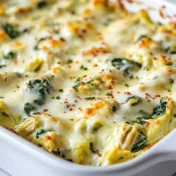 - 2 cups cooked chicken, shredded - 1 cup frozen spinach, thawed and drained - 1 can (14 oz) artichoke hearts, drained and chopped - 1 cup cream cheese, softened - 1/2 cup sour cream - 1 cup shredded mozzarella cheese - 1/2 cup grated Parmesan cheese - 2 cloves garlic, minced - 1 teaspoon onion powder - 1/2 teaspoon red pepper flakes (optional) - Salt and pepper to taste - 1 cup breadcrumbs (optional for topping) - 2 tablespoons olive oil (optional for greasing the pan) Using thawed and drained spinach is key. It helps avoid excess water, which could make your casserole soggy. Feel free to use fresh spinach, but you must cook and chop it first. For artichokes, canned ones are easy, but fresh ones can add a nice touch. Cheese options are flexible. You can swap mozzarella for provolone or use a dairy-free cheese if needed. I recommend a 9x13 inch baking dish. This size gives even heat and good cooking. Use mixing bowls to combine ingredients easily. A spatula or spoon helps to mix well. Make sure you have a sharp knife for chopping the artichokes. {{ingredient_image_1}} First, preheat your oven to 350°F (175°C). This step gets the oven ready for baking. Grease a 9x13 inch baking dish with olive oil. Use your fingers or a paper towel to spread it evenly. This helps the casserole not stick. In a large mixing bowl, combine 1 cup of softened cream cheese, 1/2 cup of sour cream, and 2 cloves of minced garlic. Mix these until they are smooth. Next, add 2 cups of shredded cooked chicken, 1 cup of thawed and drained frozen spinach, and 1 can of chopped artichoke hearts. Add 1 teaspoon of onion powder and 1/2 teaspoon of red pepper flakes if you want a little heat. Season with salt and pepper to taste. Stir everything until it is well combined. Now, fold in half of the shredded mozzarella and half of the grated Parmesan cheese. This gives the casserole a creamy and rich flavor. Pour this mixture into the prepared baking dish. Spread it out evenly so it cooks well. Sprinkle the rest of the mozzarella and Parmesan cheese on top. If you like a crunchy topping, add 1 cup of breadcrumbs. Bake the casserole in your preheated oven for 25-30 minutes. The cheese should be bubbly and golden brown when done. To check for doneness, look for the bubbly cheese and a golden color on top. When it’s ready, take it out and let it cool for a few minutes before serving. To achieve a creamy texture, use room temperature ingredients. Cold cream cheese can make lumps. Mix the cream cheese, sour cream, and garlic well until smooth. Stir gently to keep your mix fluffy. When adding chicken, spinach, and artichokes, fold them in lightly. This helps maintain the creaminess. Pair your casserole with a fresh side salad or crusty bread. A simple arugula salad with lemon dressing works great. For a pop of color, garnish with fresh parsley or extra red pepper flakes. Serve in bowls or on plates for a nice presentation. If you want to adjust serving sizes, double or halve the recipe easily. To freeze, let the casserole cool first. Use airtight containers for storage. You can prepare this dish ahead too. Just mix the ingredients and store them in the fridge. Bake it fresh when you're ready to eat. Pro Tips Use Fresh Ingredients: Whenever possible, opt for fresh spinach and artichokes instead of frozen or canned. This enhances the flavor and nutritional value of the dish. Adjust the Spiciness: If you prefer a milder casserole, omit the red pepper flakes. Alternatively, add more for an extra kick. Perfectly Creamy Texture: To achieve a smooth and creamy texture, ensure the cream cheese is softened at room temperature before mixing. Make Ahead: This casserole can be prepared a day in advance. Simply cover and refrigerate before baking. Add a few extra minutes to the baking time if starting from cold. {{image_2}} You can make simple swaps to fit your diet. For a keto-friendly option, try using cauliflower rice instead of breadcrumbs. This change cuts carbs but keeps it hearty. If you want a vegetarian dish, swap the chicken for tofu or chickpeas. They add protein and texture, making it satisfying. Boost flavors with fresh herbs and spices. Consider adding basil, thyme, or dill for a twist. You can also mix different cheeses for unique flavors. Try gouda or feta for a stronger taste. These changes keep your casserole exciting and fresh. You can cook this casserole in different ways. Use a slow cooker for a hands-off approach. Just mix the ingredients and let them cook on low for a few hours. If you have an Instant Pot, set it to pressure cook for a quick meal. For a smoky flavor, grill the ingredients or use the stovetop. Just cook the chicken first, then mix everything and bake it. These methods give you options for any day. To keep your casserole fresh, use an airtight container. Glass containers work best. Place the cooled casserole in the container, sealing it tightly. This keeps moisture in and prevents drying. To maintain creaminess, store it without the topping. You can add breadcrumbs or cheese just before reheating. For reheating, the oven is the best choice. Preheat it to 350°F (175°C). Place the casserole in an oven-safe dish. Cover it with foil to keep it moist. Bake for about 20 minutes. If using a microwave, heat in short bursts. Stir in between to avoid hot spots. Always check for a warm center to keep the texture nice. You can freeze the casserole before or after baking. If freezing before baking, wrap it well. Use plastic wrap, then foil to prevent freezer burn. To freeze after baking, cool it first. Store in an airtight container or wrap tightly. When ready to eat, thaw in the fridge overnight. Bake it at 350°F (175°C) until hot. This keeps the flavors and texture intact. Yes, you can use fresh spinach. Fresh spinach has great flavor and nutrition. To prepare it, wash the leaves well. Remove any tough stems. Chop the spinach into smaller pieces. Sauté it in a pan over medium heat until it wilts. This usually takes about 2-3 minutes. Let it cool and drain any excess water before adding it to your casserole. If you want a dairy-free option, try using cashew cream or tofu. Blend soaked cashews with a little lemon juice for a creamy texture. Silken tofu is also great for a lighter version. You can add a bit of nutritional yeast for a cheesy flavor. Greek yogurt can be another option; it adds creaminess and tang. Yes, this dish is perfect for prep ahead. You can mix everything in advance and put it in the fridge. Just make sure to cover it tightly. You can prepare it a day ahead. When you're ready to bake, simply preheat the oven and bake it straight from the fridge. If baking from frozen, allow extra time for cooking. This blog post covered how to make a delicious chicken spinach casserole. We discussed the key ingredients, like cooked chicken and artichokes, and shared tips for mixing and baking. I offered ideas for ingredient swaps and different cooking methods, plus storage techniques to keep leftovers fresh. In closing, this dish is versatile and simple. Experiment with flavors and adapt it to your taste. Enjoy your cooking journey!