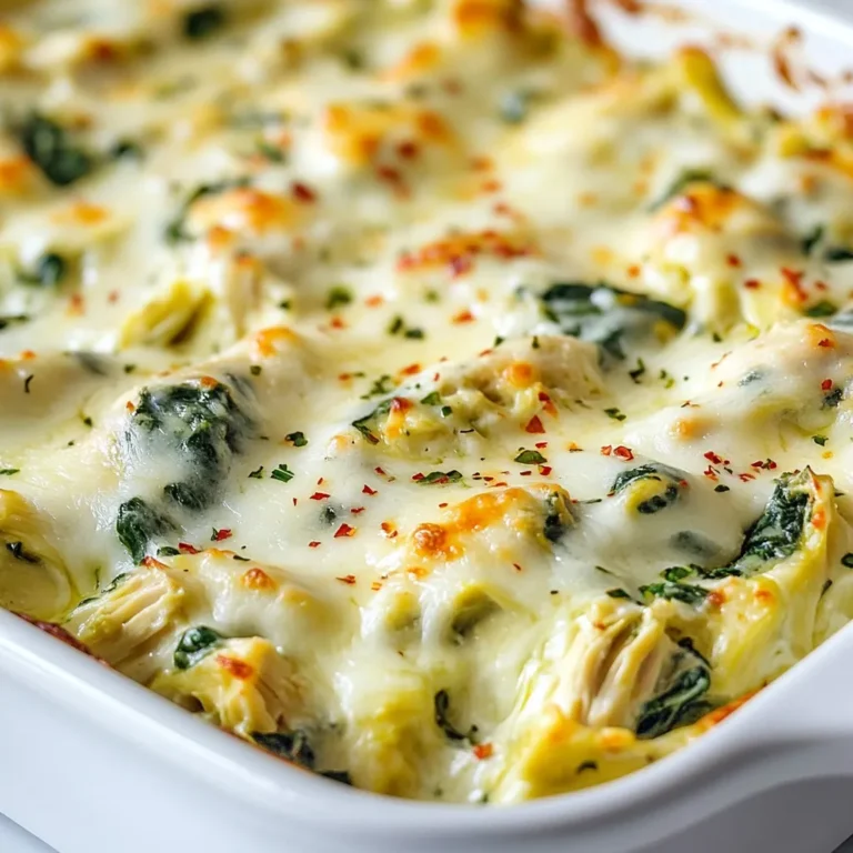 - 2 cups cooked chicken, shredded - 1 cup frozen spinach, thawed and drained - 1 can (14 oz) artichoke hearts, drained and chopped - 1 cup cream cheese, softened - 1/2 cup sour cream - 1 cup shredded mozzarella cheese - 1/2 cup grated Parmesan cheese - 2 cloves garlic, minced - 1 teaspoon onion powder - 1/2 teaspoon red pepper flakes (optional) - Salt and pepper to taste - 1 cup breadcrumbs (optional for topping) - 2 tablespoons olive oil (optional for greasing the pan) Using thawed and drained spinach is key. It helps avoid excess water, which could make your casserole soggy. Feel free to use fresh spinach, but you must cook and chop it first. For artichokes, canned ones are easy, but fresh ones can add a nice touch. Cheese options are flexible. You can swap mozzarella for provolone or use a dairy-free cheese if needed. I recommend a 9x13 inch baking dish. This size gives even heat and good cooking. Use mixing bowls to combine ingredients easily. A spatula or spoon helps to mix well. Make sure you have a sharp knife for chopping the artichokes. {{ingredient_image_1}} First, preheat your oven to 350°F (175°C). This step gets the oven ready for baking. Grease a 9x13 inch baking dish with olive oil. Use your fingers or a paper towel to spread it evenly. This helps the casserole not stick. In a large mixing bowl, combine 1 cup of softened cream cheese, 1/2 cup of sour cream, and 2 cloves of minced garlic. Mix these until they are smooth. Next, add 2 cups of shredded cooked chicken, 1 cup of thawed and drained frozen spinach, and 1 can of chopped artichoke hearts. Add 1 teaspoon of onion powder and 1/2 teaspoon of red pepper flakes if you want a little heat. Season with salt and pepper to taste. Stir everything until it is well combined. Now, fold in half of the shredded mozzarella and half of the grated Parmesan cheese. This gives the casserole a creamy and rich flavor. Pour this mixture into the prepared baking dish. Spread it out evenly so it cooks well. Sprinkle the rest of the mozzarella and Parmesan cheese on top. If you like a crunchy topping, add 1 cup of breadcrumbs. Bake the casserole in your preheated oven for 25-30 minutes. The cheese should be bubbly and golden brown when done. To check for doneness, look for the bubbly cheese and a golden color on top. When it’s ready, take it out and let it cool for a few minutes before serving. To achieve a creamy texture, use room temperature ingredients. Cold cream cheese can make lumps. Mix the cream cheese, sour cream, and garlic well until smooth. Stir gently to keep your mix fluffy. When adding chicken, spinach, and artichokes, fold them in lightly. This helps maintain the creaminess. Pair your casserole with a fresh side salad or crusty bread. A simple arugula salad with lemon dressing works great. For a pop of color, garnish with fresh parsley or extra red pepper flakes. Serve in bowls or on plates for a nice presentation. If you want to adjust serving sizes, double or halve the recipe easily. To freeze, let the casserole cool first. Use airtight containers for storage. You can prepare this dish ahead too. Just mix the ingredients and store them in the fridge. Bake it fresh when you're ready to eat. Pro Tips Use Fresh Ingredients: Whenever possible, opt for fresh spinach and artichokes instead of frozen or canned. This enhances the flavor and nutritional value of the dish. Adjust the Spiciness: If you prefer a milder casserole, omit the red pepper flakes. Alternatively, add more for an extra kick. Perfectly Creamy Texture: To achieve a smooth and creamy texture, ensure the cream cheese is softened at room temperature before mixing. Make Ahead: This casserole can be prepared a day in advance. Simply cover and refrigerate before baking. Add a few extra minutes to the baking time if starting from cold. {{image_2}} You can make simple swaps to fit your diet. For a keto-friendly option, try using cauliflower rice instead of breadcrumbs. This change cuts carbs but keeps it hearty. If you want a vegetarian dish, swap the chicken for tofu or chickpeas. They add protein and texture, making it satisfying. Boost flavors with fresh herbs and spices. Consider adding basil, thyme, or dill for a twist. You can also mix different cheeses for unique flavors. Try gouda or feta for a stronger taste. These changes keep your casserole exciting and fresh. You can cook this casserole in different ways. Use a slow cooker for a hands-off approach. Just mix the ingredients and let them cook on low for a few hours. If you have an Instant Pot, set it to pressure cook for a quick meal. For a smoky flavor, grill the ingredients or use the stovetop. Just cook the chicken first, then mix everything and bake it. These methods give you options for any day. To keep your casserole fresh, use an airtight container. Glass containers work best. Place the cooled casserole in the container, sealing it tightly. This keeps moisture in and prevents drying. To maintain creaminess, store it without the topping. You can add breadcrumbs or cheese just before reheating. For reheating, the oven is the best choice. Preheat it to 350°F (175°C). Place the casserole in an oven-safe dish. Cover it with foil to keep it moist. Bake for about 20 minutes. If using a microwave, heat in short bursts. Stir in between to avoid hot spots. Always check for a warm center to keep the texture nice. You can freeze the casserole before or after baking. If freezing before baking, wrap it well. Use plastic wrap, then foil to prevent freezer burn. To freeze after baking, cool it first. Store in an airtight container or wrap tightly. When ready to eat, thaw in the fridge overnight. Bake it at 350°F (175°C) until hot. This keeps the flavors and texture intact. Yes, you can use fresh spinach. Fresh spinach has great flavor and nutrition. To prepare it, wash the leaves well. Remove any tough stems. Chop the spinach into smaller pieces. Sauté it in a pan over medium heat until it wilts. This usually takes about 2-3 minutes. Let it cool and drain any excess water before adding it to your casserole. If you want a dairy-free option, try using cashew cream or tofu. Blend soaked cashews with a little lemon juice for a creamy texture. Silken tofu is also great for a lighter version. You can add a bit of nutritional yeast for a cheesy flavor. Greek yogurt can be another option; it adds creaminess and tang. Yes, this dish is perfect for prep ahead. You can mix everything in advance and put it in the fridge. Just make sure to cover it tightly. You can prepare it a day ahead. When you're ready to bake, simply preheat the oven and bake it straight from the fridge. If baking from frozen, allow extra time for cooking. This blog post covered how to make a delicious chicken spinach casserole. We discussed the key ingredients, like cooked chicken and artichokes, and shared tips for mixing and baking. I offered ideas for ingredient swaps and different cooking methods, plus storage techniques to keep leftovers fresh. In closing, this dish is versatile and simple. Experiment with flavors and adapt it to your taste. Enjoy your cooking journey!