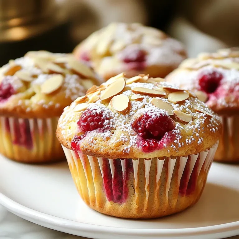To make delicious raspberry almond muffins, you'll need the following key ingredients: - 1 ½ cups all-purpose flour - ½ cup almond flour - 1 cup fresh raspberries (or frozen, thawed) - ¾ cup granulated sugar - ¼ cup brown sugar, packed - 1 tablespoon baking powder - ½ teaspoon baking soda - ½ teaspoon salt - 1 teaspoon almond extract - 1 large egg - ½ cup milk - ⅓ cup vegetable oil - ¼ cup sliced almonds, for topping These ingredients create a soft muffin with a sweet and nutty flavor. The raspberries add a lovely tartness that makes every bite special. You can customize your muffins with these optional ingredients: - ½ teaspoon vanilla extract for extra flavor - ½ cup chopped chocolate for a sweet twist - Zest from one lemon for a bright touch - A handful of chopped nuts for extra crunch These additions can elevate your muffins and match your taste. If you need to make substitutions, here are some ideas: - Use whole wheat flour instead of all-purpose flour for a healthier option. - Swap almond flour with oat flour for a nut-free choice. - Replace vegetable oil with melted coconut oil for a different flavor. - Use a flax egg instead of a large egg for a vegan option. These substitutions help make the recipe fit your diet while still tasting great. Start by preheating your oven to 375°F (190°C). While it warms, line your muffin tin with paper liners or lightly grease it with cooking spray. This step keeps the muffins from sticking. It also makes cleanup easier. In a large bowl, mix together the all-purpose flour, almond flour, granulated sugar, brown sugar, baking powder, baking soda, and salt. Stir until there are no lumps. This mix gives the muffins their nice rise and sweet flavor. In another bowl, whisk the egg, milk, vegetable oil, and almond extract. Make sure these ingredients blend well. The almond extract adds a lovely nutty taste. Pour this mixture into the dry ingredients. Gently fold the wet mix into the dry mix using a spatula. Stop mixing when they just combine. A few lumps are okay; overmixing can make the muffins tough. Next, carefully fold in the raspberries. They should be evenly spread through the batter. Spoon the batter into the muffin tin, filling each cup about ¾ full. Top each muffin with sliced almonds for some extra crunch. Bake in your preheated oven for 20-25 minutes. To check if they are done, insert a toothpick in the center. If it comes out clean, they are ready. Let the muffins cool in the pan for 5 minutes, then transfer them to a wire rack to cool completely. Enjoy your delicious raspberry almond muffins! To make bakery-style muffins, use fresh ingredients. The right flour mix is key. I like using a mix of all-purpose flour and almond flour. This gives a soft, moist texture. Make sure to avoid overmixing the batter. Mix until just combined for fluffy muffins. Also, fill the muffin cups to about three-quarters full. This helps them rise beautifully. When adding raspberries, handle them gently. If using fresh berries, wash and dry them first. For frozen berries, thaw and drain excess juice. Fold them in carefully to keep them intact. This keeps the muffins looking pretty. Distributing the raspberries evenly ensures every bite has a burst of flavor. Here are some tools I recommend for this recipe: - Muffin tin - Paper liners or cooking spray - Mixing bowls - Whisk and spatula - Measuring cups and spoons - Toothpick for testing doneness With the right tools and techniques, you can create these delightful muffins at home! {{image_2}} You can swap raspberries with other berries. Blueberries, strawberries, or blackberries work well. Each berry adds a unique twist. For instance, blueberries bring sweetness, while blackberries offer a tart flavor. Just make sure to adjust the amount. Use about 1 cup of any berry you pick. This change keeps the muffins fresh and exciting. To make gluten-free muffins, replace all-purpose flour with a gluten-free blend. Look for a mix that includes xanthan gum for texture. Use the same amount, 1 ½ cups. Almond flour can stay the same. This swap keeps the nutty flavor intact. The result is still moist and delicious despite being gluten-free. Adding zest can brighten the muffins. A teaspoon of lemon or orange zest lifts the flavor. If you want warmth, add a pinch of cinnamon or nutmeg. These spices make the muffins feel cozy and inviting. Just a little goes a long way. Experiment with flavors to find your perfect mix. To keep your raspberry almond muffins fresh, store them in an airtight container. This helps prevent them from drying out. If you plan to eat them within a few days, place them at room temperature. For longer storage, use the fridge. Just remember, storing in the fridge can change their texture a bit. If you want to save some for later, freezing is a great option. First, let the muffins cool completely. Then, wrap each muffin tightly in plastic wrap. After that, place them in a freezer-safe bag. Label the bag with the date. They can last in the freezer for about three months. When you’re ready to enjoy them, just take out what you need. To reheat your muffins, you have a few easy options. If they are frozen, let them thaw in the fridge overnight. You can also microwave them for about 15-20 seconds. This warms them nicely. For a crispier top, pop them in a preheated oven at 350°F (175°C) for 5-10 minutes. Enjoy them warm for the best taste! Yes, you can use frozen raspberries. Just make sure to thaw them first. Drain any excess juice to keep the batter from getting too wet. Frozen berries may not hold their shape as well, but they will still taste great. Using frozen raspberries can be a smart choice when fresh ones are not available. To make these muffins sugar-free, swap the sugars for a sugar substitute. Options like erythritol or stevia work well. You can also use mashed bananas or unsweetened applesauce for natural sweetness. Adjust the amounts based on the sweetness level you desire. Be aware that using sugar substitutes may change the texture slightly. Raspberry almond muffins pair well with several items. A dollop of whipped cream adds a nice touch. You can also serve them with a side of yogurt for a creamy contrast. Fresh fruit, like sliced strawberries or blueberries, complements the muffins beautifully. A cup of tea or coffee makes for a lovely breakfast or snack time treat. This article covered how to make delicious raspberry almond muffins. You learned about the main and optional ingredients, along with substitutions. We walked through each step, from prepping the muffin tin to baking and cooling. I shared tips for baking and variations to try. Plus, I gave storage advice and answered common questions. Now, you’re ready to bake perfect muffins. Enjoy your time in the kitchen, and share these tasty treats with others!