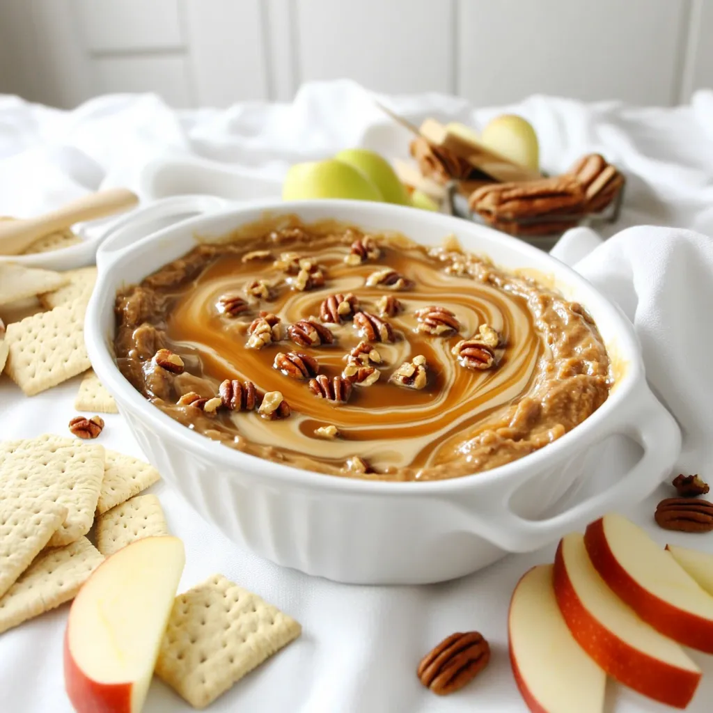- 8 oz cream cheese, softened - 1 cup powdered sugar - 1/2 cup brown sugar - 1 tsp vanilla extract - 1 cup whipped topping (Cool Whip) - 1 cup chopped pecans - 1/4 cup caramel sauce - Graham crackers or apple slices for dipping Cream cheese forms the base of this dip. It adds creaminess and a rich taste. The powdered sugar and brown sugar sweeten the dip. They also balance the cream cheese's tanginess. Vanilla extract gives a warm flavor that ties everything together. Whipped topping makes the dip light and fluffy. Chopped pecans add crunch and a nutty taste. Lastly, caramel sauce brings a sweet, gooey element to the mix. If you need a dairy-free option, use a non-dairy cream cheese. Coconut cream can replace whipped topping for a tropical twist. For a lower sugar option, try using a sugar substitute. You can swap pecans with walnuts or almonds based on your taste. If you want a different flavor, consider adding a splash of maple syrup instead of caramel. To make No Bake Pecan Pie Dip, gather your ingredients first. You will need cream cheese, sugars, vanilla, whipped topping, pecans, and caramel sauce. Set aside graham crackers or apple slices for dipping. This simple treat takes just 15 minutes to prepare. Start by softening the cream cheese. Place it in a large mixing bowl. Use an electric mixer to beat it until smooth. Gradually add the powdered sugar and brown sugar while mixing. Keep mixing until the blend is smooth and creamy. Next, add the vanilla extract and mix it in well. Now, gently fold in the whipped topping. This step adds fluffiness to the dip. Make sure not to overmix. Then, stir in the chopped pecans, saving some for garnish. Finally, drizzle the caramel sauce into the mixture. Fold it in gently to create a marbled look. Transfer the dip into a serving bowl. Sprinkle the reserved pecans on top for a nice finish. You can serve it right away or chill it in the fridge for up to two hours. Chilling helps the flavors blend well. Serve with graham crackers or apple slices for a tasty treat! To get the right texture, start with softened cream cheese. This makes mixing easy. Beat it until smooth before adding sugars. Mixing the sugars slowly helps blend well. When you fold in the whipped topping, do it gently. This keeps the dip light and fluffy. Aim for a creamy feel, not too thick or runny. You can boost the flavor by adding a pinch of salt. This brings out the sweetness. For a deeper taste, try using dark brown sugar. It adds a rich, molasses-like flavor. You can also mix in a bit of cinnamon or nutmeg for warmth. If you love chocolate, add mini chocolate chips for a special touch. One common mistake is overmixing the whipped topping. This can make the dip too dense. Another pitfall is not letting the dip chill. Chilling helps the flavors blend well. Also, don’t skip the caramel drizzle! It makes the dip look pretty and adds a sweet finish. Lastly, remember to reserve some pecans for garnish. A little crunch on top makes it more inviting. {{image_2}} You can change the flavor of this dip with a few tweaks. For a chocolate twist, add 1/2 cup of cocoa powder. This gives the dip a rich, chocolate flavor. If you want a fruity kick, fold in some chopped apples or pears. They add a fresh taste and crunch. To switch up the nuts, try walnuts or almonds for a different texture. Each nut brings its own unique taste to the dip. You can easily make this dip fit different diets. For a vegan option, use vegan cream cheese and a plant-based whipped topping. Substitute the sugars with maple syrup or agave nectar. This will keep it sweet without the refined sugars. If you're gluten-free, serve it with gluten-free graham crackers or fresh fruit. These swaps make the dip friendly for everyone at your table. This dip is very versatile for serving. You can pair it with graham crackers for a classic touch. Apple slices add a fresh crunch and a sweet flavor that goes well. Pretzels give a nice salty contrast, making each bite exciting. For a festive look, serve it in a cute bowl and top it with extra pecans. A drizzle of caramel on top adds an extra sweet touch. Don’t forget to keep spoons handy for easy dipping! After enjoying this dip, store leftovers in an airtight container. Place it in the fridge. Make sure it cools down to room temperature first. This helps keep it fresh longer. Enjoy it within two days for the best taste. You can freeze this dip if you want to save some for later. Use a freezer-safe container. Leave some space at the top, as it might expand. When you’re ready to enjoy it, thaw it in the fridge overnight. Stir it well before serving. This no bake pecan pie dip lasts for about 3 days in the fridge. If frozen, it can last up to 2 months. Just remember, the longer it sits, the texture may change slightly. Always check for freshness before digging in! Yes, you can make this dip ahead of time. I suggest preparing it up to 2 hours before serving. This allows the flavors to blend well. Just cover it and chill it in the fridge. If you need to prepare it a day early, that works too. Just remember to add the pecan garnish right before serving. This dip pairs well with several tasty options. Here are some great choices: - Graham crackers - Apple slices - Pretzels - Vanilla wafers - Pecan halves Feel free to mix it up and use what you have on hand. Each option brings a unique flavor and crunch! You can make some easy swaps to lighten this dip. Here are a few ideas: - Use low-fat cream cheese instead of regular. - Swap powdered sugar for a natural sweetener like honey or maple syrup. - Use a light whipped topping instead of regular. - Add more nuts for healthy fats and protein. These changes will help you enjoy this treat while keeping it a bit healthier. Absolutely! While pecans are classic, you can use other nuts too. Here are some options: - Walnuts - Almonds - Hazelnuts - Cashews Chop them up and mix them in just like you would with pecans. Each nut will give a different taste and texture, making this dip your own! We covered the key parts of making No Bake Pecan Pie Dip. You learned about the ingredients, their roles, and helpful substitutions. The step-by-step guide simplifies the mixing process and adding final touches. Tips ensure you achieve the right texture and flavor. We also discussed variations for different diets and serving ideas. Try this dip to delight your friends and family. Enjoy experimenting with flavors and storing tips. You’ll impress everyone with your new skills!