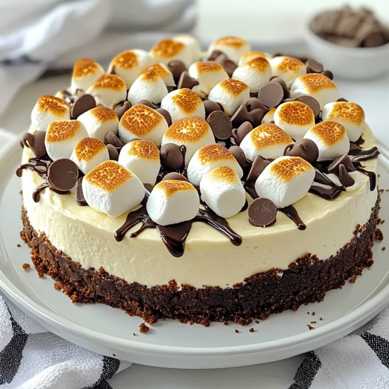 To make S’mores No Bake Cheesecake, you need these key ingredients: - 1 cup graham cracker crumbs - 1/4 cup unsweetened cocoa powder - 1/3 cup sugar - 1/2 cup unsalted butter, melted - 16 oz cream cheese, softened - 1 cup powdered sugar - 1 teaspoon vanilla extract - 1 cup heavy whipping cream - 1 cup mini marshmallows - 1/2 cup chocolate chips These ingredients come together for a rich and creamy treat. You will need some basic kitchen tools to make this cheesecake: - A medium mixing bowl - A large mixing bowl - A whisk - A spatula - A 9-inch springform pan - A measuring cup - A mixer or a hand whisk Having the right tools makes the process easier and more fun. You can make this cheesecake even if you don't have all the exact ingredients: - Use almond flour or crushed cookies in place of graham cracker crumbs. - Try coconut sugar instead of regular sugar for a different sweetness. - If you do not have cream cheese, Greek yogurt can work in a pinch. - You can swap heavy whipping cream with coconut cream for a dairy-free option. - Instead of mini marshmallows, regular marshmallows or chocolate shavings will work well. These substitutions keep the spirit of the S’mores while catering to your needs. {{ingredient_image_1}} To start, gather your ingredients for the crust. You need graham cracker crumbs, cocoa powder, sugar, and melted butter. In a medium bowl, mix the graham cracker crumbs, cocoa powder, and sugar together. Then, add the melted butter. Stir until the mixture looks crumbly and holds together. Next, press this mixture firmly into a 9-inch springform pan. Use the back of a measuring cup to pack it down evenly. This creates a solid base for your cheesecake. Now, it's time to make the filling. In a large bowl, beat the softened cream cheese with powdered sugar and vanilla extract. Mix until it's smooth and creamy. This step gives your cheesecake its rich taste. In another bowl, whisk the heavy whipping cream until soft peaks form. This makes the filling light and fluffy. Gently fold the whipped cream into the cream cheese mixture. Be careful not to deflate the whipped cream. Pour the cream cheese filling over the graham cracker crust. Use a spatula to spread it evenly. This layer will be thick and creamy. Then, sprinkle mini marshmallows and chocolate chips on top. These toppings add that classic s'mores flavor. Place the cheesecake in the refrigerator for at least 4 hours, or overnight, to set. Once it has set, carefully remove the sides of the springform pan. For a fun twist, you can torch the mini marshmallows on top. This gives a toasted s'mores effect that everyone will love! To get the best texture, use softened cream cheese. Cold cream cheese makes lumps. Always whip the heavy cream until soft peaks form. This adds lightness to your cheesecake. Fold the whipped cream gently into the cream cheese mix. This keeps your cheesecake fluffy. Let the cheesecake chill for at least 4 hours. Longer chilling will give you a firmer slice. One common mistake is not pressing the crust firmly enough. If it crumbles, your cheesecake won't hold. Make sure to mix the graham cracker crumbs and butter well. Another mistake is overmixing the cream cheese. This can make it too dense. Also, don’t forget to toast the marshmallows. This adds that classic s’mores taste. For a fun presentation, drizzle chocolate on each slice. You can also sprinkle extra graham cracker crumbs on top. Try serving with fresh fruit like strawberries or raspberries. These add a nice color and taste. For a special touch, use a kitchen torch to toast the marshmallows right before serving. This gives a lovely look and flavor. Pro Tips Chill Your Tools: Before whipping the cream, chill your mixing bowl and beaters in the fridge for 10-15 minutes. This helps achieve better volume and stability in your whipped cream. Softening Cream Cheese: To soften cream cheese quickly, cut it into small cubes and let it sit at room temperature for about 15-20 minutes. This makes it easier to blend smoothly without lumps. Graham Cracker Crust Variation: For added flavor, consider mixing in a tablespoon of cinnamon or finely chopped nuts into your graham cracker crust mixture. Perfect Marshmallow Toasting: When torching the marshmallows, keep the flame about 6 inches away and move it in a circular motion to avoid burning. This gives an even, golden-brown finish. {{image_2}} You can easily change the flavor of your s’mores no-bake cheesecake. Try adding 1/2 cup of peanut butter to the cream cheese mix. This gives a nutty twist that pairs well with chocolate. For a fruity touch, mix in 1/2 cup of crushed strawberries or raspberries. This adds a fresh flavor. You can also use flavored cream cheese, like chocolate or vanilla, for a new taste. If you want a lighter version, use low-fat cream cheese. You can swap the sugar with a sugar substitute. For gluten-free options, use gluten-free graham crackers. This keeps the crust tasty and safe for those with gluten allergies. Vegan options are also possible. Use plant-based cream cheese and coconut cream in place of heavy cream. Get creative with your toppings! Instead of mini marshmallows, use toasted coconut flakes. They add a unique texture and flavor. Crushed nuts, like almonds or walnuts, can add a nice crunch. For a fun twist, drizzle caramel sauce or a flavored syrup over the top. Fresh fruit, like berries, can also brighten up the dessert. You can even add extra chocolate chips for a richer taste. To store leftovers, first cover the cheesecake with plastic wrap or foil. This keeps it fresh. You can also place it in an airtight container. Make sure to refrigerate it right away. This way, the flavors stay great. You can freeze this cheesecake to enjoy later. First, let it set fully in the fridge. Then, slice it into pieces. Wrap each piece tightly in plastic wrap. After that, place the wrapped pieces in a freezer bag. Press out any air before sealing. It can stay in the freezer for up to three months. This cheesecake is best eaten within five days when stored in the fridge. The longer it sits, the softer it becomes. If frozen, remember to thaw it in the fridge overnight before enjoying. This helps keep the creamy texture and flavors intact. Yes, you can use low-fat cream cheese. It will change the taste and texture slightly. The cheesecake may be less rich but still tasty. If you choose low-fat, ensure it is softened well. This helps it mix smoothly with the other ingredients. The cheesecake takes at least 4 hours to set. For the best results, I recommend leaving it overnight. This helps the flavors blend and makes it firmer. The longer it sits, the better it tastes. Absolutely! This cheesecake is perfect for making ahead. You can prepare it one or two days before serving. Keep it covered in the fridge. Just remember to add toppings right before serving for freshness. In this blog post, we explored everything you need to create a delicious cheesecake. We covered ingredients, equipment, and even substitutions. We went step-by-step, from the graham cracker crust to the cream cheese filling. I shared tips on perfect texture and common mistakes to avoid. Lastly, we discussed ways to store leftovers and answered frequently asked questions. Remember, making cheesecake can be fun and rewarding. Enjoy experimenting with flavors and serving ideas. With practice, you will master this dessert!