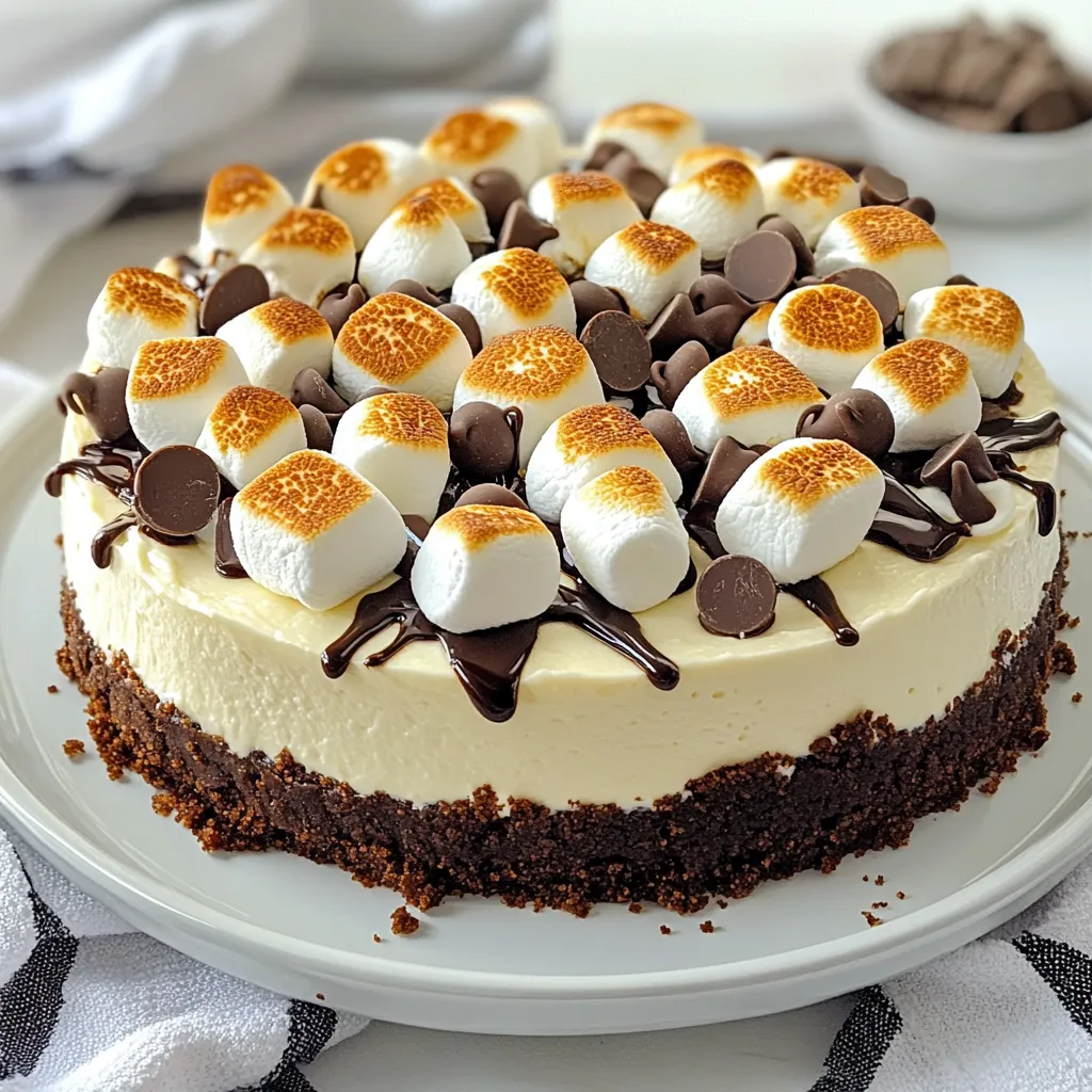 To make S’mores No Bake Cheesecake, you need these key ingredients: - 1 cup graham cracker crumbs - 1/4 cup unsweetened cocoa powder - 1/3 cup sugar - 1/2 cup unsalted butter, melted - 16 oz cream cheese, softened - 1 cup powdered sugar - 1 teaspoon vanilla extract - 1 cup heavy whipping cream - 1 cup mini marshmallows - 1/2 cup chocolate chips These ingredients come together for a rich and creamy treat. You will need some basic kitchen tools to make this cheesecake: - A medium mixing bowl - A large mixing bowl - A whisk - A spatula - A 9-inch springform pan - A measuring cup - A mixer or a hand whisk Having the right tools makes the process easier and more fun. You can make this cheesecake even if you don't have all the exact ingredients: - Use almond flour or crushed cookies in place of graham cracker crumbs. - Try coconut sugar instead of regular sugar for a different sweetness. - If you do not have cream cheese, Greek yogurt can work in a pinch. - You can swap heavy whipping cream with coconut cream for a dairy-free option. - Instead of mini marshmallows, regular marshmallows or chocolate shavings will work well. These substitutions keep the spirit of the S’mores while catering to your needs. {{ingredient_image_1}} To start, gather your ingredients for the crust. You need graham cracker crumbs, cocoa powder, sugar, and melted butter. In a medium bowl, mix the graham cracker crumbs, cocoa powder, and sugar together. Then, add the melted butter. Stir until the mixture looks crumbly and holds together. Next, press this mixture firmly into a 9-inch springform pan. Use the back of a measuring cup to pack it down evenly. This creates a solid base for your cheesecake. Now, it's time to make the filling. In a large bowl, beat the softened cream cheese with powdered sugar and vanilla extract. Mix until it's smooth and creamy. This step gives your cheesecake its rich taste. In another bowl, whisk the heavy whipping cream until soft peaks form. This makes the filling light and fluffy. Gently fold the whipped cream into the cream cheese mixture. Be careful not to deflate the whipped cream. Pour the cream cheese filling over the graham cracker crust. Use a spatula to spread it evenly. This layer will be thick and creamy. Then, sprinkle mini marshmallows and chocolate chips on top. These toppings add that classic s'mores flavor. Place the cheesecake in the refrigerator for at least 4 hours, or overnight, to set. Once it has set, carefully remove the sides of the springform pan. For a fun twist, you can torch the mini marshmallows on top. This gives a toasted s'mores effect that everyone will love! To get the best texture, use softened cream cheese. Cold cream cheese makes lumps. Always whip the heavy cream until soft peaks form. This adds lightness to your cheesecake. Fold the whipped cream gently into the cream cheese mix. This keeps your cheesecake fluffy. Let the cheesecake chill for at least 4 hours. Longer chilling will give you a firmer slice. One common mistake is not pressing the crust firmly enough. If it crumbles, your cheesecake won't hold. Make sure to mix the graham cracker crumbs and butter well. Another mistake is overmixing the cream cheese. This can make it too dense. Also, don’t forget to toast the marshmallows. This adds that classic s’mores taste. For a fun presentation, drizzle chocolate on each slice. You can also sprinkle extra graham cracker crumbs on top. Try serving with fresh fruit like strawberries or raspberries. These add a nice color and taste. For a special touch, use a kitchen torch to toast the marshmallows right before serving. This gives a lovely look and flavor. Pro Tips Chill Your Tools: Before whipping the cream, chill your mixing bowl and beaters in the fridge for 10-15 minutes. This helps achieve better volume and stability in your whipped cream. Softening Cream Cheese: To soften cream cheese quickly, cut it into small cubes and let it sit at room temperature for about 15-20 minutes. This makes it easier to blend smoothly without lumps. Graham Cracker Crust Variation: For added flavor, consider mixing in a tablespoon of cinnamon or finely chopped nuts into your graham cracker crust mixture. Perfect Marshmallow Toasting: When torching the marshmallows, keep the flame about 6 inches away and move it in a circular motion to avoid burning. This gives an even, golden-brown finish. {{image_2}} You can easily change the flavor of your s’mores no-bake cheesecake. Try adding 1/2 cup of peanut butter to the cream cheese mix. This gives a nutty twist that pairs well with chocolate. For a fruity touch, mix in 1/2 cup of crushed strawberries or raspberries. This adds a fresh flavor. You can also use flavored cream cheese, like chocolate or vanilla, for a new taste. If you want a lighter version, use low-fat cream cheese. You can swap the sugar with a sugar substitute. For gluten-free options, use gluten-free graham crackers. This keeps the crust tasty and safe for those with gluten allergies. Vegan options are also possible. Use plant-based cream cheese and coconut cream in place of heavy cream. Get creative with your toppings! Instead of mini marshmallows, use toasted coconut flakes. They add a unique texture and flavor. Crushed nuts, like almonds or walnuts, can add a nice crunch. For a fun twist, drizzle caramel sauce or a flavored syrup over the top. Fresh fruit, like berries, can also brighten up the dessert. You can even add extra chocolate chips for a richer taste. To store leftovers, first cover the cheesecake with plastic wrap or foil. This keeps it fresh. You can also place it in an airtight container. Make sure to refrigerate it right away. This way, the flavors stay great. You can freeze this cheesecake to enjoy later. First, let it set fully in the fridge. Then, slice it into pieces. Wrap each piece tightly in plastic wrap. After that, place the wrapped pieces in a freezer bag. Press out any air before sealing. It can stay in the freezer for up to three months. This cheesecake is best eaten within five days when stored in the fridge. The longer it sits, the softer it becomes. If frozen, remember to thaw it in the fridge overnight before enjoying. This helps keep the creamy texture and flavors intact. Yes, you can use low-fat cream cheese. It will change the taste and texture slightly. The cheesecake may be less rich but still tasty. If you choose low-fat, ensure it is softened well. This helps it mix smoothly with the other ingredients. The cheesecake takes at least 4 hours to set. For the best results, I recommend leaving it overnight. This helps the flavors blend and makes it firmer. The longer it sits, the better it tastes. Absolutely! This cheesecake is perfect for making ahead. You can prepare it one or two days before serving. Keep it covered in the fridge. Just remember to add toppings right before serving for freshness. In this blog post, we explored everything you need to create a delicious cheesecake. We covered ingredients, equipment, and even substitutions. We went step-by-step, from the graham cracker crust to the cream cheese filling. I shared tips on perfect texture and common mistakes to avoid. Lastly, we discussed ways to store leftovers and answered frequently asked questions. Remember, making cheesecake can be fun and rewarding. Enjoy experimenting with flavors and serving ideas. With practice, you will master this dessert!
