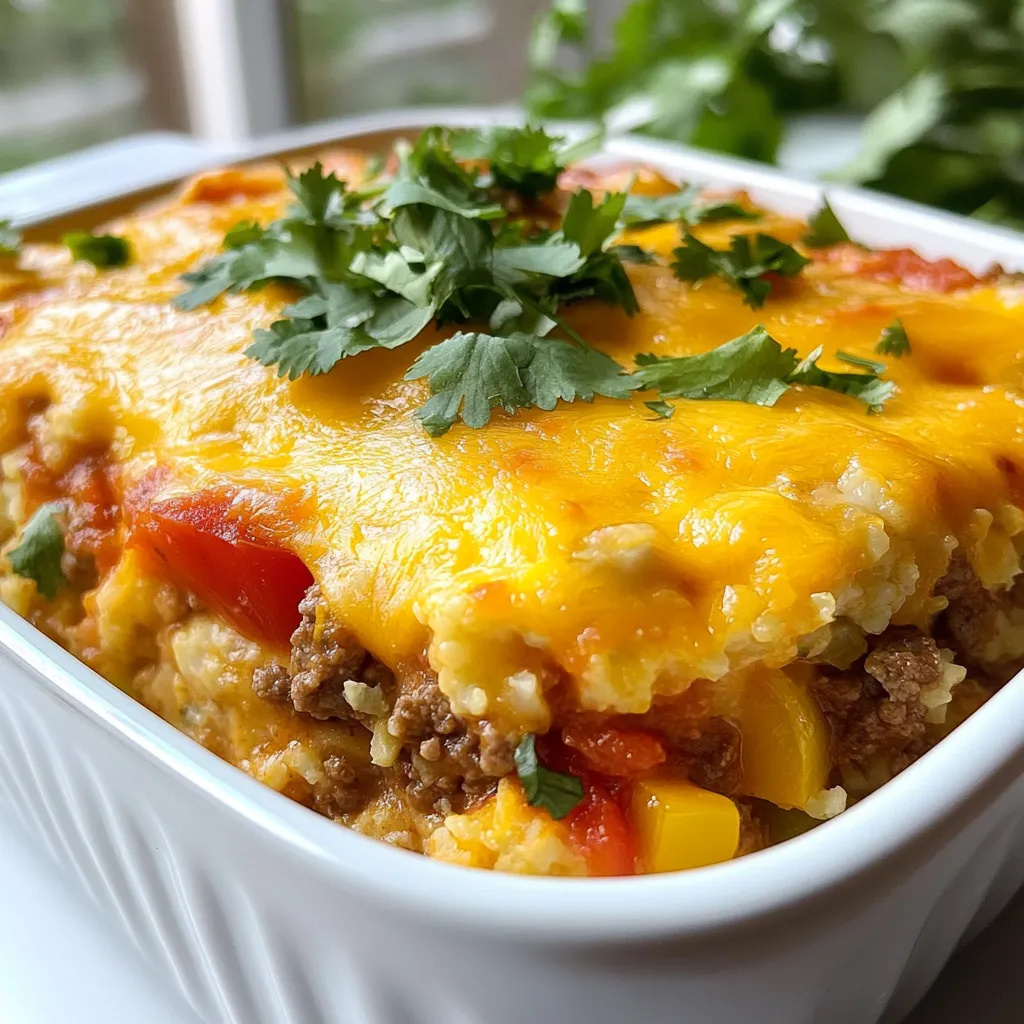 - 1 lb ground beef - 1 medium head of cauliflower, riced - 1 cup diced tomatoes (canned or fresh) - 1 small onion, diced - 2 cloves garlic, minced - 1 cup shredded cheese (cheddar or Mexican blend) - 1 tablespoon olive oil - 1 tablespoon taco seasoning (homemade or store-bought) - 1/2 teaspoon cumin - 1/4 teaspoon paprika - Salt and pepper to taste - 1/2 cup chopped bell peppers (any color) - Fresh cilantro for garnish (optional) Let’s break down the ingredients you need for this Keto Mexican Beef Cauliflower Casserole. First, you need ground beef. It’s the heart of this dish. I suggest using lean beef to keep it healthy. Next, grab a medium head of cauliflower. You will rice it, which means you’ll chop it into small pieces. This makes it act like rice in the casserole. For flavor, you’ll use diced tomatoes. These can be fresh or canned. They add moisture and taste to the dish. Then, get a small onion and two cloves of garlic for that savory depth. You’ll dice the onion and mince the garlic. Next, cheese is a must. You can choose shredded cheese like cheddar or a Mexican blend. This will melt beautifully on top. Olive oil is needed to cook the beef and soften the onion and garlic. For seasoning, don’t forget taco seasoning. This brings that Mexican flair. You’ll also need cumin and paprika. These spices add warmth and richness. Lastly, grab salt and pepper to taste and bell peppers for crunch. You can pick any color you like. If you want to make it look nice, use fresh cilantro as a garnish. Now you have all the ingredients ready. Let’s cook! {{ingredient_image_1}} - Preheat the Oven Set your oven to 375°F (190°C). This ensures even cooking. - Prepare Vegetables Dice one small onion and two cloves of garlic. Rinse and chop your bell peppers. - Sauté Onion and Garlic Heat one tablespoon of olive oil in a large skillet over medium heat. Cook the diced onion for about 3-4 minutes. Add minced garlic and cook for one more minute. - Brown the Ground Beef Increase the heat to medium-high. Add one pound of ground beef, breaking it apart with a spatula. Cook for 5-7 minutes until browned. Drain excess fat if needed. - Mix in Seasonings and Tomatoes Stir in one tablespoon of taco seasoning, 1/2 teaspoon of cumin, and 1/4 teaspoon of paprika. Mix well. Add one cup of diced tomatoes and 1/2 cup of chopped bell peppers. Let it simmer for about 5 minutes. Season with salt and pepper to taste. - Combine Cauliflower and Cheese In a large bowl, mix one medium head of riced cauliflower with half of your shredded cheese. - Layer Ingredients in Baking Dish Grease a 9x13 inch baking dish. Spread the cauliflower and cheese mixture on the bottom. Pour the beef mixture over the top, spreading it evenly. - Top with Cheese Add the remaining cheese on top of the casserole for that gooey finish. - Bake Time and Temperature Place the casserole in your preheated oven. Bake for 25-30 minutes until the cheese is bubbly and slightly golden. - Letting it Rest Before Serving Remove the casserole from the oven and let it sit for 5 minutes. This helps the layers set before serving. Alternatives for Riced Cauliflower If you can't find riced cauliflower, you can make your own. Simply chop fresh cauliflower into small pieces and pulse it in a food processor. You can also use frozen riced cauliflower. Just thaw it first and drain any extra water. Tips for Cooking Ground Beef Always use a hot skillet when cooking ground beef. This helps it brown nicely and adds flavor. Break it up well with a spatula so it cooks evenly. If you notice a lot of fat, drain it off before adding seasonings. This keeps your casserole from getting greasy. Suggestions for Additional Spices Want to boost the flavor? Try adding a pinch of chili powder or oregano. A squeeze of lime juice can also brighten up the whole dish. If you like it spicy, toss in some diced jalapeños for a kick. Recommended Toppings Top your casserole with fresh toppings for extra yum. Avocado slices add creaminess. A dollop of sour cream or Greek yogurt gives a nice tang. Don’t forget a sprinkle of fresh cilantro for a pop of color and flavor! Pro Tips Use Fresh Cauliflower: For the best flavor and texture, use fresh cauliflower instead of frozen. This will prevent excess moisture in your casserole. Customize the Spice Level: Adjust the amount of taco seasoning and cumin to suit your taste. You can add more heat with cayenne pepper or jalapeños. Cheese Options: Experiment with different cheese blends like pepper jack for a spicy kick or mozzarella for a milder flavor. Make-Ahead Option: This casserole can be assembled a day in advance. Just cover it tightly and store it in the refrigerator until you're ready to bake. {{image_2}} You can change the meat in this casserole. Using ground turkey or chicken works well. These swaps cut fat but keep the taste. Ground turkey is lean and mild. Ground chicken has a slightly richer flavor. Both options still fit into a keto diet. Adding more veggies boosts nutrition and flavor. You can toss in zucchini, spinach, or mushrooms. These additions will give your casserole extra color and texture. They also add more fiber, which is great for digestion. If you want a meatless dish, you can substitute meat alternatives. Try using crumbled tempeh or lentils. Both options work well in this recipe. They soak up the spices just like beef. You can also use canned black beans for a protein-rich option. Make sure to drain and rinse them before adding. Do you prefer a mild or spicy casserole? For a mild version, reduce the taco seasoning. You can use half the amount for less heat. Add a dollop of sour cream on top for a creamy touch. For a spicy kick, add more taco seasoning. You can also toss in some diced jalapeños. This will make the dish flavorful and exciting. Just remember to adjust spice levels to match your taste. - How to Store Leftovers After your Keto Mexican Beef Cauliflower Casserole cools, place it in a container. Cover it tightly with a lid or plastic wrap. This will keep the flavors fresh and prevent drying. - Best Containers for Storage Use glass or BPA-free plastic containers. They seal well and help maintain the dish's texture. If you have a smaller casserole dish, you can store leftovers in that. Just cover it well. - How to Freeze the Casserole To freeze, let the casserole cool completely. Then, cut it into portions. Wrap each piece in plastic wrap, then place in a freezer-safe bag. This makes it easy to grab a meal later. - Reheating Tips To reheat, thaw the casserole overnight in the fridge. You can also microwave it for a quick meal. For the best texture, reheat in the oven at 350°F (175°C) until hot. This keeps the cheese nice and melty. Enjoy your tasty meal! A keto diet focuses on low-carb eating. It limits carbs and boosts fat intake. This helps your body enter ketosis. Ketosis is when your body burns fat for fuel. You get energy from fats instead of carbs. Many people find this helps with weight loss. It can also improve blood sugar levels. Always talk to a doctor before starting any diet. Yes, you can prep this casserole ahead of time. To do this, cook the beef and veggies first. Combine them with the cauliflower and cheese. Place everything in your baking dish. Cover it and store it in the fridge. You can bake it later. This saves time on busy days. Just remember to add a few minutes to the bake time. Check for a bubbly, golden cheese top. The casserole should be hot all over. You can use a fork to test the center. If it’s warm, it's ready to eat. Allow it to cool for five minutes before serving. This lets the flavors mix better. Yes, you can use fresh cauliflower. Ricing fresh cauliflower is easy. Just chop it into small pieces. Use a food processor or a box grater. Fresh cauliflower has a nice crunch. It also has more nutrients than riced versions. This can add a great texture to your casserole. This blog post covered a tasty casserole made with simple ingredients. You learned how to prep, cook, and assemble your dish. We also shared tips for perfect texture and extra flavor. Variations let you swap ingredients for different tastes. You can store leftovers easily or freeze the casserole for later. Enjoy making this healthy meal that fits a keto diet, and remember to check for doneness. With these steps, you are ready to create a delicious, satisfying dish your family will love!