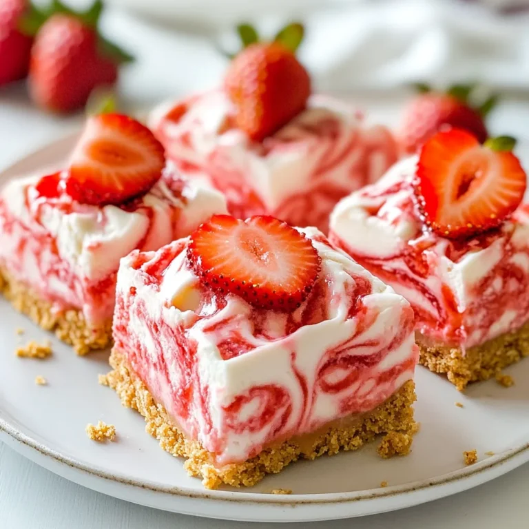 To make these Frozen Strawberry Cheesecake Bars, you will need: - 1 ½ cups graham cracker crumbs - ⅓ cup granulated sugar - ½ cup unsalted butter, melted - 2 cups cream cheese, softened - 1 cup powdered sugar - 1 teaspoon vanilla extract - 2 cups strawberries, fresh or frozen (thawed) - 1 tablespoon lemon juice - 1 cup heavy whipping cream These ingredients blend to create a creamy, sweet treat with a crunchy crust. You can swap some ingredients if needed: - Use digestive biscuits instead of graham crackers for a different crust flavor. - Coconut sugar or brown sugar can replace granulated sugar for a richer taste. - For a dairy-free option, try plant-based cream cheese. - You can use frozen strawberries, but make sure to thaw them first. These swaps keep the recipe flexible and still delicious. Using fresh strawberries gives a bright taste and vibrant color. They can be pureed or left chunky for texture. If you use frozen strawberries, make sure to thaw and drain them well. This prevents excess water in your cheesecake filling. Both options work, but fresh strawberries add a touch of summer. Use these tips to create your perfect Frozen Strawberry Cheesecake Bars! {{ingredient_image_1}} To start, gather your ingredients. You'll need graham cracker crumbs, sugar, and melted butter. In a mixing bowl, combine 1 ½ cups of graham cracker crumbs with ⅓ cup of granulated sugar. Then, pour in ½ cup of melted unsalted butter. Mix it all together until the crumbs soak up the butter. Next, prepare an 8x8-inch baking dish by lining it with parchment paper. This step helps you remove the bars later. Now, take your crumb mixture and press it firmly into the bottom of the dish. Make sure it's even. Pop the dish into the freezer while you make the filling. For the cheesecake filling, you need cream cheese, powdered sugar, and vanilla extract. In a large bowl, beat 2 cups of softened cream cheese until it’s smooth. Slowly add in 1 cup of powdered sugar and 1 teaspoon of vanilla extract. Mix until it’s creamy and well combined. Now, let’s add the strawberries. You can use fresh or frozen strawberries. If using frozen, make sure they are thawed. Blend 2 cups of strawberries with 1 tablespoon of lemon juice until smooth. If you want some strawberry chunks, set aside a few pieces before blending. Fold the strawberry puree into the cream cheese mixture gently. This creates a nice swirl. Next, whip 1 cup of heavy whipping cream in a separate bowl. Keep whipping until stiff peaks form. Carefully fold this whipped cream into the cheesecake mix. This keeps your filling light and fluffy. Now it’s time to assemble! Take the crust out of the freezer. Pour the cheesecake filling over the crust and smooth the top with a spatula. If you saved any strawberry pieces, sprinkle them on top to add color. Cover the dish with plastic wrap and freeze for at least 4 hours. When it’s completely solid, use the parchment paper to lift the cheesecake out of the dish. Place it on a cutting board. Finally, slice into bars. Serve them right away or keep them in an airtight container in the freezer. Enjoy your Frozen Strawberry Cheesecake Bars! To get a creamy texture, use softened cream cheese. Let it sit out for 30 minutes before mixing. This helps it blend smoothly with the sugar. Whipping the heavy cream until stiff peaks form adds lightness. Fold it in gently to keep the mix airy. To avoid cracks, do not overmix the filling. Mix just until combined. Bake in a water bath if you choose to bake. If you freeze the bars, let them set fully before cutting. This keeps the bars intact and pretty. Serve on a colorful plate to catch the eye. Top with fresh strawberry slices for a burst of color. Drizzle some strawberry sauce on top for extra flair. You can also sprinkle crushed graham crackers for texture. Use a sharp knife for clean cuts to show the layers. Pro Tips Use Fresh Strawberries: For the best flavor and texture, opt for fresh strawberries if they are in season. They will enhance the taste of your cheesecake bars significantly. Thaw Frozen Strawberries Properly: If using frozen strawberries, ensure they are completely thawed and drained of excess liquid before pureeing to avoid a watery filling. Let Cream Cheese Soften: Allow your cream cheese to come to room temperature before mixing. This ensures a smoother filling without lumps. Freeze for Best Results: For the best texture, freeze the bars for a longer time, even overnight. This allows the flavors to meld and results in a creamier cheesecake. {{image_2}} You can switch up the flavor of your bars by using other fruits. Try blueberries, raspberries, or mangoes. Each fruit brings its own taste and color. For a tropical twist, blend mango with lime juice. For a berry mix, combine strawberries and blueberries for a vibrant look. To make these bars gluten-free, swap the graham cracker crumbs. Use gluten-free cookie crumbs or almond flour instead. Make sure your other ingredients are also gluten-free. This way, everyone can enjoy the creamy delight without worry. Toppings can add fun to your cheesecake bars. Consider drizzling chocolate sauce or adding a sprinkle of chopped nuts. Fresh mint leaves or extra fruit slices on top can enhance the look. Serve the bars with a side of whipped cream for extra richness. These small touches can make a big impact! To keep your frozen strawberry cheesecake bars fresh, wrap them well. Use plastic wrap or foil. Place them in an airtight container, too. This helps prevent freezer burn. Make sure they are completely cool before freezing. If you want to store individual bars, cut them first. Wrap each bar in plastic wrap. This makes it easy to grab one when you want a treat. These bars can last up to three months in the freezer. They stay tasty and fresh if stored properly. After that time, they may lose some flavor and texture. I recommend labeling your container with the date. This way, you can keep track of how long they have been frozen. When you want to enjoy a bar, take it out of the freezer. Place it in the fridge for about 2 hours to thaw. If you're in a hurry, you can let it sit at room temperature for 15-20 minutes. Avoid using a microwave, as this can change the texture. Enjoy your creamy, fruity delight! Yes, you can use low-fat cream cheese. It will still taste good. The texture may be a bit less creamy. This change can also reduce calories. Just make sure to soften it well before mixing. To make a larger batch, double the ingredients. Use a bigger pan, like a 9x13-inch dish. You may need to adjust the freezing time. Check for firmness before slicing. Yes, store-bought crust works well. It saves time, and it tastes great too. Just check the size to fit your pan. Make sure it's firm enough to hold the filling. This blog post shared everything you need for cheesecake bars. We covered the main ingredients, easy swaps, and tips for fresh or frozen strawberries. I walked you through steps for the crust, cheesecake filling, and serving. You learned how to get the best texture and avoid cracks. We discussed tasty variations and smart storage methods for freezing. Remember, you can customize your recipe and make it your own. Enjoy your delicious cheesecake bars and impress your friends!