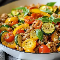 - 1 lb ground turkey - 2 medium zucchinis, sliced into half-moons - 1 small onion, diced - 2 cloves garlic, minced - 1 red bell pepper, diced - 1 cup cherry tomatoes, halved - 1 teaspoon Italian seasoning - ½ teaspoon paprika - Salt and pepper, to taste - 2 tablespoons olive oil - Fresh basil or parsley, for garnish When you shop for vegetables, look for bright colors and firm textures. Choose zucchinis that feel heavy for their size. Avoid any that are soft or have dark spots. For tomatoes, pick ones that are plump and fragrant. Choose ground turkey that is pink and has no off smell. Always check the sell-by date on the package. Fresh herbs like basil or parsley should look vibrant and smell strong. These tips help ensure you make a tasty Turkey Zucchini Skillet. This dish is not just tasty; it is also good for you. One serving contains about 350 calories. You get around 30 grams of protein from the turkey. The zucchinis add fiber and vitamins A and C. Each serving has about 10 grams of carbs, making it a healthy choice. The olive oil gives you healthy fats. This meal is balanced and can help fuel your day. Eating this dish can support your health while satisfying your taste buds. {{ingredient_image_1}} 1. Heat Oil: Start by heating 2 tablespoons of olive oil in a large skillet over medium heat. 2. Sauté Onion: Add 1 small diced onion to the skillet. Sauté it for about 3-4 minutes. The onion should turn soft and clear. 3. Add Garlic and Turkey: Toss in 2 minced garlic cloves and 1 pound of ground turkey. Use a wooden spoon to break it up. Cook until the turkey is browned, about 6-8 minutes. 4. Mix in Veggies: While the turkey cooks, add 1 diced red bell pepper and 2 sliced zucchinis. Stir them well. Cook for another 5 minutes until the zucchinis soften. 5. Season: Add 1 cup of halved cherry tomatoes, 1 teaspoon of Italian seasoning, and ½ teaspoon of paprika. Sprinkle some salt and pepper. Stir to mix everything. 6. Simmer: Allow the mixture to simmer for 3-4 minutes. This helps the flavors blend and the tomatoes soften. 7. Taste and Adjust: Taste your skillet dish. Adjust the seasoning if you want more flavor. 8. Garnish: Remove from heat and add fresh basil or parsley on top before serving. - Medium Heat: Always cook on medium heat. This helps prevent burning and ensures even cooking. - Sautéing: Sautéing the onion first adds depth to the dish. It builds a base flavor that enhances everything else. - Simmering: Simmering the dish at the end is key. It lets flavors meld together for a tastier meal. - Overcooking Turkey: Be careful not to overcook the turkey. It should be browned but still moist. - Not Tasting: Always taste your dish before serving. Adjusting seasoning can elevate the flavors. - Skipping Fresh Herbs: Fresh herbs add brightness. Don’t skip the basil or parsley at the end! Use a large skillet to keep things easy. This lets you stir and mix well. Make sure to cook the turkey fully. Look for a nice, brown color. It helps add flavor and texture. Don’t rush the cooking time. Each step adds to the taste. Use fresh ingredients for the best results. Fresh zucchini and tomatoes make a big difference. Gather these tools for your Turkey Zucchini Skillet: - Large skillet - Wooden spoon - Knife - Cutting board - Measuring spoons These tools make cooking smooth and fun. A good knife helps with fast chopping. A wooden spoon is perfect for mixing. Add a squeeze of lemon juice for a zesty kick. This brightens up the dish. Use fresh herbs like basil or parsley on top. They add color and a nice smell. Try adding a sprinkle of cheese for a creamy touch. Feta cheese works well with the veggies. Don't forget to serve it hot for the best taste! Pro Tips Choose Lean Turkey: Opt for lean ground turkey to reduce fat content while keeping the dish healthy without sacrificing flavor. Vegetable Variations: Feel free to swap in other vegetables like spinach or mushrooms based on your preference or seasonal availability. Herb Freshness: Use fresh herbs instead of dried ones when possible for a burst of flavor that elevates the dish. Meal Prep Friendly: This dish can be made ahead of time and stored in the refrigerator for up to 3 days, making it perfect for meal prepping. {{image_2}} You can switch out ground turkey for other meats. Ground chicken works well in this dish. It has a mild taste and cooks just like turkey. If you prefer beef, use lean ground beef. It adds a richer flavor. Just remember to drain any extra fat for a healthier meal. For a vegetarian twist, skip the meat entirely. You can use lentils or chickpeas instead. These options are packed with protein and fiber. If you want a vegan version, use those same ingredients. You can also add tofu. Just cube it and toss it in with the veggies. This gives you a hearty and filling meal. Feel free to get creative with your veggies! You can add bell peppers, carrots, or even spinach. Broccoli florets are also a great choice. These veggies add color and nutrients. They also enhance the flavor and texture of the dish. Remember, the more variety, the better! Mix and match to find your favorite combo. To keep your Turkey Zucchini Skillet fresh, store leftovers in an airtight container. Make sure to cool the dish first. This helps prevent moisture build-up. Place the container in the fridge. Leftovers will stay good for up to three days. For best taste, eat them within this time frame. When reheating, use a skillet for the best results. Heat the skillet over medium heat. Add a splash of olive oil to avoid sticking. Stir the leftovers until they are hot. This usually takes about 5 to 7 minutes. You can also use the microwave. Heat in short bursts of 30 seconds, stirring in between. If you want to store the skillet longer, freezing is a great option. Place cooled leftovers in a freezer-safe container. Make sure to label it with the date. You can freeze the dish for up to three months. To reheat, let it thaw overnight in the fridge. Then, follow the reheating instructions above. Enjoy your tasty meal even later! You can serve Turkey Zucchini Skillet with rice or quinoa. These grains soak up the juices well. A simple salad is also a great side. You might like a fresh green salad with lemon vinaigrette. If you want something warm, garlic bread pairs nicely. You can also try it with a side of mashed potatoes. The creamy texture balances the dish's flavors. Yes, you can use frozen turkey and zucchini. Just remember to thaw them first. For turkey, make sure it is fully cooked. Zucchini may release extra water when cooked. This might make the dish a bit watery, but it will still taste good. You might want to drain off some liquid while cooking. To make this dish low-carb, skip the rice or quinoa. Use more zucchini instead. You can add other low-carb veggies like bell peppers or spinach. For gluten-free options, just ensure all your spices are gluten-free. The recipe is already gluten-free as written. Enjoy it without worries! This blog post covers the essentials of cooking a delicious turkey zucchini skillet. We explored key ingredients, tips for freshness, and nutritional facts. I provided step-by-step cooking instructions and highlighted common mistakes to avoid. You learned expert tips, kitchen tools, and ways to enhance flavor. I shared variations with different meats and veggies, plus how to store and reheat leftovers. With these guidelines, you can prepare a tasty dish and impress everyone. Enjoy your cooking journey and make this recipe your own!