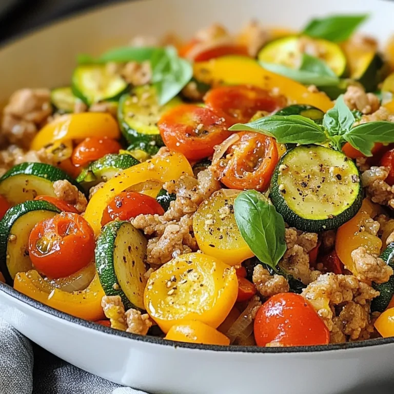 - 1 lb ground turkey - 2 medium zucchinis, sliced into half-moons - 1 small onion, diced - 2 cloves garlic, minced - 1 red bell pepper, diced - 1 cup cherry tomatoes, halved - 1 teaspoon Italian seasoning - ½ teaspoon paprika - Salt and pepper, to taste - 2 tablespoons olive oil - Fresh basil or parsley, for garnish When you shop for vegetables, look for bright colors and firm textures. Choose zucchinis that feel heavy for their size. Avoid any that are soft or have dark spots. For tomatoes, pick ones that are plump and fragrant. Choose ground turkey that is pink and has no off smell. Always check the sell-by date on the package. Fresh herbs like basil or parsley should look vibrant and smell strong. These tips help ensure you make a tasty Turkey Zucchini Skillet. This dish is not just tasty; it is also good for you. One serving contains about 350 calories. You get around 30 grams of protein from the turkey. The zucchinis add fiber and vitamins A and C. Each serving has about 10 grams of carbs, making it a healthy choice. The olive oil gives you healthy fats. This meal is balanced and can help fuel your day. Eating this dish can support your health while satisfying your taste buds. {{ingredient_image_1}} 1. Heat Oil: Start by heating 2 tablespoons of olive oil in a large skillet over medium heat. 2. Sauté Onion: Add 1 small diced onion to the skillet. Sauté it for about 3-4 minutes. The onion should turn soft and clear. 3. Add Garlic and Turkey: Toss in 2 minced garlic cloves and 1 pound of ground turkey. Use a wooden spoon to break it up. Cook until the turkey is browned, about 6-8 minutes. 4. Mix in Veggies: While the turkey cooks, add 1 diced red bell pepper and 2 sliced zucchinis. Stir them well. Cook for another 5 minutes until the zucchinis soften. 5. Season: Add 1 cup of halved cherry tomatoes, 1 teaspoon of Italian seasoning, and ½ teaspoon of paprika. Sprinkle some salt and pepper. Stir to mix everything. 6. Simmer: Allow the mixture to simmer for 3-4 minutes. This helps the flavors blend and the tomatoes soften. 7. Taste and Adjust: Taste your skillet dish. Adjust the seasoning if you want more flavor. 8. Garnish: Remove from heat and add fresh basil or parsley on top before serving. - Medium Heat: Always cook on medium heat. This helps prevent burning and ensures even cooking. - Sautéing: Sautéing the onion first adds depth to the dish. It builds a base flavor that enhances everything else. - Simmering: Simmering the dish at the end is key. It lets flavors meld together for a tastier meal. - Overcooking Turkey: Be careful not to overcook the turkey. It should be browned but still moist. - Not Tasting: Always taste your dish before serving. Adjusting seasoning can elevate the flavors. - Skipping Fresh Herbs: Fresh herbs add brightness. Don’t skip the basil or parsley at the end! Use a large skillet to keep things easy. This lets you stir and mix well. Make sure to cook the turkey fully. Look for a nice, brown color. It helps add flavor and texture. Don’t rush the cooking time. Each step adds to the taste. Use fresh ingredients for the best results. Fresh zucchini and tomatoes make a big difference. Gather these tools for your Turkey Zucchini Skillet: - Large skillet - Wooden spoon - Knife - Cutting board - Measuring spoons These tools make cooking smooth and fun. A good knife helps with fast chopping. A wooden spoon is perfect for mixing. Add a squeeze of lemon juice for a zesty kick. This brightens up the dish. Use fresh herbs like basil or parsley on top. They add color and a nice smell. Try adding a sprinkle of cheese for a creamy touch. Feta cheese works well with the veggies. Don't forget to serve it hot for the best taste! Pro Tips Choose Lean Turkey: Opt for lean ground turkey to reduce fat content while keeping the dish healthy without sacrificing flavor. Vegetable Variations: Feel free to swap in other vegetables like spinach or mushrooms based on your preference or seasonal availability. Herb Freshness: Use fresh herbs instead of dried ones when possible for a burst of flavor that elevates the dish. Meal Prep Friendly: This dish can be made ahead of time and stored in the refrigerator for up to 3 days, making it perfect for meal prepping. {{image_2}} You can switch out ground turkey for other meats. Ground chicken works well in this dish. It has a mild taste and cooks just like turkey. If you prefer beef, use lean ground beef. It adds a richer flavor. Just remember to drain any extra fat for a healthier meal. For a vegetarian twist, skip the meat entirely. You can use lentils or chickpeas instead. These options are packed with protein and fiber. If you want a vegan version, use those same ingredients. You can also add tofu. Just cube it and toss it in with the veggies. This gives you a hearty and filling meal. Feel free to get creative with your veggies! You can add bell peppers, carrots, or even spinach. Broccoli florets are also a great choice. These veggies add color and nutrients. They also enhance the flavor and texture of the dish. Remember, the more variety, the better! Mix and match to find your favorite combo. To keep your Turkey Zucchini Skillet fresh, store leftovers in an airtight container. Make sure to cool the dish first. This helps prevent moisture build-up. Place the container in the fridge. Leftovers will stay good for up to three days. For best taste, eat them within this time frame. When reheating, use a skillet for the best results. Heat the skillet over medium heat. Add a splash of olive oil to avoid sticking. Stir the leftovers until they are hot. This usually takes about 5 to 7 minutes. You can also use the microwave. Heat in short bursts of 30 seconds, stirring in between. If you want to store the skillet longer, freezing is a great option. Place cooled leftovers in a freezer-safe container. Make sure to label it with the date. You can freeze the dish for up to three months. To reheat, let it thaw overnight in the fridge. Then, follow the reheating instructions above. Enjoy your tasty meal even later! You can serve Turkey Zucchini Skillet with rice or quinoa. These grains soak up the juices well. A simple salad is also a great side. You might like a fresh green salad with lemon vinaigrette. If you want something warm, garlic bread pairs nicely. You can also try it with a side of mashed potatoes. The creamy texture balances the dish's flavors. Yes, you can use frozen turkey and zucchini. Just remember to thaw them first. For turkey, make sure it is fully cooked. Zucchini may release extra water when cooked. This might make the dish a bit watery, but it will still taste good. You might want to drain off some liquid while cooking. To make this dish low-carb, skip the rice or quinoa. Use more zucchini instead. You can add other low-carb veggies like bell peppers or spinach. For gluten-free options, just ensure all your spices are gluten-free. The recipe is already gluten-free as written. Enjoy it without worries! This blog post covers the essentials of cooking a delicious turkey zucchini skillet. We explored key ingredients, tips for freshness, and nutritional facts. I provided step-by-step cooking instructions and highlighted common mistakes to avoid. You learned expert tips, kitchen tools, and ways to enhance flavor. I shared variations with different meats and veggies, plus how to store and reheat leftovers. With these guidelines, you can prepare a tasty dish and impress everyone. Enjoy your cooking journey and make this recipe your own!