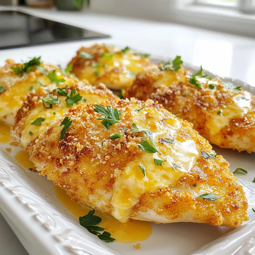 - 4 boneless, skinless chicken breasts - 1 cup grated Parmesan cheese - 1 cup breadcrumbs (preferably Italian-style) - 1/2 cup all-purpose flour - 2 large eggs - 4 cloves garlic, minced - 1/2 cup unsalted butter - 1 tablespoon fresh parsley, chopped - Salt and pepper to taste - 1 teaspoon smoked paprika (optional) Choosing quality chicken and cheese When you select chicken, look for fresh, organic options. This adds flavor and nutrition. For the cheese, opt for high-quality Parmesan. Freshly grated cheese melts better and tastes richer. Alternatives for breadcrumbs If you can’t find Italian-style breadcrumbs, you can use panko. Panko gives a nice crunch. You can also make your own by toasting bread. Just pulse it in a food processor until coarse. {{ingredient_image_1}} Start by preheating your oven to 375°F (190°C). This will help cook the chicken evenly. Gather all your ingredients and place them on your counter. It makes cooking easier. You need to set up a breading station. Use three shallow dishes for this. In the first dish, add 1/2 cup of flour. Season it with salt, pepper, and smoked paprika if you like. In the second dish, beat the two large eggs. In the third dish, mix 1 cup of breadcrumbs with 1 cup of grated Parmesan cheese. This will make your chicken tasty and crunchy. To bread the chicken, take each boneless, skinless chicken breast. Pat it dry with paper towels. Season both sides with salt and pepper. First, dredge the chicken in the flour, shaking off any extra. Next, dip it into the eggs. Finally, coat it well in the breadcrumb and Parmesan mix. Press down a little so it sticks well. Now, let's cook the chicken. In a large skillet, melt 1/2 cup of unsalted butter over medium heat. Add the 4 cloves of minced garlic and sauté them for about 1 minute. This will release a nice garlic aroma. Be careful not to burn the garlic; it can turn bitter. Once the garlic smells great, add the breaded chicken breasts to the skillet. Sear each side for about 4 to 5 minutes. Look for a golden brown color on the outside. The chicken will finish cooking in the oven, so don’t worry if it’s not fully cooked yet. After searing, transfer the chicken breasts to a baking dish. Pour the garlic butter sauce from the skillet over them. This keeps the chicken juicy and adds flavor. Bake the chicken in the preheated oven for 20 to 25 minutes. You want the internal temperature to reach 165°F (75°C). This ensures the chicken is fully cooked and safe to eat. Once done, let the chicken rest for a few minutes. This helps keep it moist. You can sprinkle some fresh parsley on top for a nice touch. Enjoy your Parmesan Chicken with Garlic Sauce! To enhance the garlic flavor in your sauce, use fresh garlic. Fresh garlic gives a bold taste. I like to sauté it until it’s fragrant. Be careful, though; burnt garlic tastes bitter. If you want a richer flavor, add a splash of white wine. It adds depth and pairs well with garlic. For a twist, try adding lemon juice for brightness. For golden, crispy chicken, the breading is key. Dredge your chicken in flour first. This helps the egg stick. After that, dip it in beaten eggs. Finally, coat it with the breadcrumb and Parmesan mix. Press down gently to ensure it adheres well. When cooking, use medium-high heat. This gives your chicken a nice crust. Sear it for 4-5 minutes on each side before baking. Serve your Parmesan chicken on a large platter. Drizzle the garlic butter sauce over it. This makes for a beautiful presentation. Pair it with steamed veggies or a fresh salad on the side. Both options add color and nutrition. You can also add lemon wedges for a zesty kick. This adds freshness and balances the richness of the dish. Pro Tips Tip Title: Use Panko Breadcrumbs: For an extra crispy coating, consider using panko breadcrumbs instead of regular breadcrumbs. They create a lighter, crunchier texture. Tip Title: Let the Chicken Rest: After baking, allow the chicken to rest for a few minutes before serving. This helps the juices redistribute, resulting in a juicier piece of meat. Tip Title: Experiment with Cheese: While Parmesan is delicious, feel free to mix in other cheeses like mozzarella or cheddar for a different flavor profile. Tip Title: Add Vegetables: For a complete meal, consider adding sliced bell peppers or zucchini to the baking dish alongside the chicken. They will roast beautifully in the garlic butter sauce. {{image_2}} You can add vegetables to this dish for more flavor and nutrition. Try adding spinach, broccoli, or bell peppers. Chop them into small pieces and sauté them with the garlic. This adds great taste and color to your meal. You can also roast veggies alongside the chicken. Just toss them in olive oil, salt, and pepper before baking. They will cook well in the oven and complement the chicken. If you want to mix it up, try other cheeses. Mozzarella gives a nice stretch and creaminess. Asiago adds a sharp flavor that works well too. You can also use a blend of cheeses for more depth. Just remember to keep the same amount of cheese, so your dish stays balanced. Experimenting with herbs and spices can change the whole dish. Try adding thyme or oregano for an Italian twist. Paprika gives a smoky flavor, while lemon zest adds brightness. You can also use red pepper flakes for a bit of heat. Just sprinkle them on before baking. Don’t be afraid to get creative and make it your own! To keep your Parmesan chicken fresh, let it cool first. Place the chicken in an airtight container. Store it in the fridge. It will last for about three days. Make sure to keep the garlic sauce with it. This helps maintain its taste. When you want to enjoy leftovers, avoid the microwave. It can make the chicken dry. Instead, use the oven. Preheat it to 350°F (175°C). Place the chicken on a baking dish. Add a splash of water or broth to keep it moist. Cover the dish with foil. Heat for about 15-20 minutes. When it’s warm, enjoy the great flavors again. If you want to save Parmesan chicken for later, freezing is a great option. Wrap each piece tightly in plastic wrap. Then, place them in a freezer bag. Remove as much air as you can. Label the bag with the date. It will stay good for up to three months. When you’re ready to eat, thaw it in the fridge overnight. Reheat it using the tips above to keep the taste. The total cook time for Parmesan Chicken is about 50 minutes. This includes 15 minutes of prep and 35 minutes of cooking. You can bake the chicken for 20-25 minutes after searing it. Make sure to keep an eye on the time to ensure a perfect meal. Yes, you can use frozen chicken breasts. Just ensure to thaw them first. You can do this overnight in the fridge or use the microwave. Once thawed, follow the same steps for breading and cooking. Cooking time may vary slightly, so check for doneness. Parmesan Chicken pairs well with many sides. Here are some great options: - Steamed vegetables - Fresh green salad - Garlic bread - Mashed potatoes - Rice pilaf These sides will balance the flavors and make your meal complete. To check if the chicken is done, use a meat thermometer. The internal temperature should reach 165°F (75°C). This ensures the chicken is safe to eat. If you don’t have a thermometer, cut into the thickest part. The juices should run clear, not pink. In this post, we covered how to make delicious Parmesan chicken with simple steps. We explored the key ingredients, tips for perfecting the dish, and creative variations to keep things exciting. Remember, quality ingredients make a big difference. Storing leftovers properly ensures you can enjoy this meal again. Whether you’re new to cooking or a pro, this recipe meets everyone’s taste. Try it out and enjoy the tasty results!