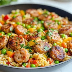 To make this dish, you will need: - 1 pound chicken or turkey sausage, sliced - 1 cup long-grain rice - 1 medium onion, diced - 2 cloves garlic, minced - 1 bell pepper (any color), diced - 1 can (14.5 oz) diced tomatoes, undrained - 2 cups chicken broth - 1 teaspoon paprika - 1/2 teaspoon cumin - Salt and pepper to taste - 1 cup frozen peas - 2 tablespoons olive oil - Fresh parsley, chopped for garnish These ingredients blend well to create a hearty meal. The sausage adds protein, while rice serves as a filling base. You can modify this recipe to fit your taste or what's in your pantry. Here are some swaps: - Use pork sausage or beef sausage for a different flavor. - Swap long-grain rice with jasmine or basmati rice for unique textures. - If you lack bell peppers, try zucchini or corn for a fresh twist. - Replace chicken broth with vegetable broth for a vegetarian option. - You can also use fresh tomatoes if you prefer over canned. These changes still keep the essence of the dish while allowing you to personalize it. Seasonings can elevate your meal. Here are some to consider: - Add red pepper flakes for heat. - Try Italian seasoning for a herby touch. - A splash of hot sauce can spice things up. - Consider fresh herbs like thyme or oregano for added freshness. These spices and herbs can make your One-Pan Sausage and Rice Skillet even more delightful. Play around with them to discover your favorite combinations. {{ingredient_image_1}} Start by heating two tablespoons of olive oil in a large skillet over medium heat. Add one pound of sliced chicken or turkey sausage. Cook it for about 5 to 7 minutes until it turns brown. This gives the sausage a nice flavor. Once browned, take the sausage out of the skillet and set it aside. In the same skillet, add one medium onion, diced, and one bell pepper, diced. Sauté these for about 3 to 4 minutes. They should become soft and fragrant. Then, add two cloves of minced garlic. Cook for one more minute. This step brings out the flavors in your dish. Now it’s time to bring everything together. Stir in one cup of long-grain rice and the cooked sausage. Add one can of diced tomatoes (with the juices) and two cups of chicken broth. Sprinkle in one teaspoon of paprika and half a teaspoon of cumin. Don’t forget to add salt and pepper to taste. Once everything is in the skillet, bring it to a boil. After it boils, reduce the heat to low. Cover the skillet and let it simmer for about 20 minutes. The rice will absorb the liquid and become tender. After 20 minutes, add one cup of frozen peas. Cover again and let it sit for 5 more minutes. This thaws the peas and adds a nice pop of color to your dish. To make this dish perfect, here are some tips: - Use a large skillet. It helps to cook evenly. - Make sure the heat is not too high. This prevents the rice from burning. - Fluff the rice with a fork after cooking. It makes the dish light and fluffy. - Garnish with fresh parsley before serving. It adds a nice touch. These steps will help you create a tasty and satisfying meal in no time! To make perfect rice, use long-grain rice. Rinse it first to remove extra starch. This helps keep the grains fluffy. When you add the rice to the skillet, stir it well with the sausage and veggies. This mix helps the rice absorb flavors while cooking. When it simmers, keep the lid on tight. This traps steam and cooks the rice evenly. After cooking, fluff it gently with a fork. This keeps it from becoming mushy. Cooking the sausage right is key to this dish. Start by browning it in olive oil. This takes about 5-7 minutes. Browning gives the sausage a nice flavor. Once it’s done, set it aside. The skillet will have tasty bits left behind. Use these bits to cook the veggies. This timing ensures the sausage stays juicy and adds depth to the overall flavor. To pack in more flavor, think about adding spices. You can try adding a pinch of cayenne pepper for heat or a dash of Italian herbs for freshness. Adding more veggies like spinach or zucchini boosts nutrition. You can also sprinkle in some parmesan cheese before serving for a rich touch. If you want a bit of sweetness, toss in some corn or diced carrots. These small changes make a big difference in taste and health. Pro Tips Use Fresh Herbs: Adding fresh parsley or other herbs at the end enhances flavor and freshness. Choose Your Sausage Wisely: Different sausages bring unique flavors; try spicy or Italian for a twist. Rinse the Rice: Rinsing rice before cooking removes excess starch, preventing it from becoming gummy. Adjust Liquid for Different Rice: If using brown rice, increase the liquid and cooking time for perfect results. {{image_2}} You can switch the sausage to beef or turkey. Ground beef works well and adds rich flavor. If you prefer a vegetarian option, try plant-based sausage. You can also use beans like black beans or chickpeas for protein. Just add them when you combine the rice and broth. These options keep the dish hearty and satisfying. Feel free to mix up the veggies. You can use zucchini, spinach, or carrots. Just chop them small so they cook evenly. You can also add corn for sweetness or broccoli for crunch. If you have leftover vegetables in your fridge, toss them in. This dish is great for using what you have on hand. Want to spice things up? Add a pinch of cayenne for heat. You can also stir in some Italian seasoning for a new taste. For a saucy twist, drizzle in some soy sauce or hot sauce. A splash of lemon juice brightens the whole dish. Experiment with flavors until you find your perfect mix! To keep your One-Pan Sausage and Rice Skillet fresh, let it cool first. Transfer it to an airtight container. You can store it in the fridge for up to three days. Make sure each portion is well-sealed to avoid drying out. To reheat, place the skillet on the stove over medium heat. Add a splash of chicken broth or water to keep it moist. Stir often to heat evenly. You can also use the microwave. Just cover it with a microwave-safe lid. Heat in 1-minute intervals until hot. For longer storage, freeze the dish in portions. Use freezer-safe containers or bags. It can last for up to three months in the freezer. When ready to eat, thaw it in the fridge overnight. Reheat as mentioned above. This way, you enjoy a quick and tasty meal anytime! Yes, you can use brown rice. Brown rice has more fiber and nutrients. It takes longer to cook, so adjust the broth and cooking time. Use 2 1/2 cups of broth and cook for 40-45 minutes. Check the rice for doneness. It should be tender but not mushy. This dish is a complete meal, but you can add sides. A fresh salad pairs well. You can also serve it with crusty bread for dipping. If you want more veggies, steamed broccoli or sautéed greens work great. Feel free to get creative with your sides! To make it healthier, try these tips: - Use turkey or chicken sausage for less fat. - Add more vegetables like spinach or zucchini. - Choose low-sodium chicken broth to cut salt. - Swap out white rice for brown rice for added fiber. These changes keep the dish tasty and boost nutritional value. This blog post showed you how to make a tasty One-Pan Sausage and Rice Skillet. We covered the key ingredients, smart substitutions, and spices that boost flavor. You learned step-by-step how to cook everything perfectly. Tips helped you get the best rice texture and timing for sausage. I shared fun variations and storage tips to keep your meals fresh. Remember, you can customize this dish to fit your taste. Try new ingredients and enjoy a quick, delicious meal any day. Happy cooking!