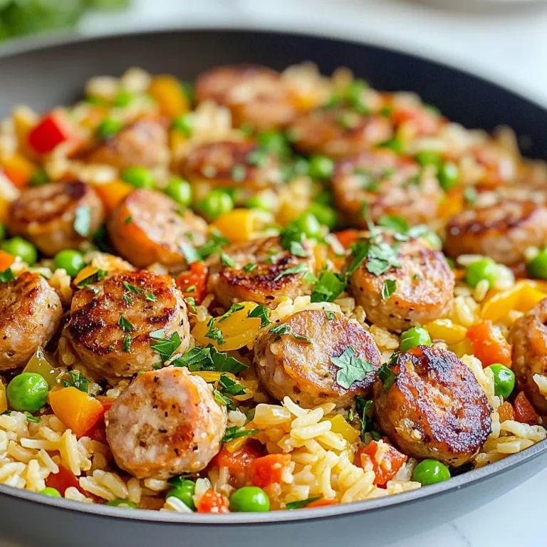 To make this dish, you will need: - 1 pound chicken or turkey sausage, sliced - 1 cup long-grain rice - 1 medium onion, diced - 2 cloves garlic, minced - 1 bell pepper (any color), diced - 1 can (14.5 oz) diced tomatoes, undrained - 2 cups chicken broth - 1 teaspoon paprika - 1/2 teaspoon cumin - Salt and pepper to taste - 1 cup frozen peas - 2 tablespoons olive oil - Fresh parsley, chopped for garnish These ingredients blend well to create a hearty meal. The sausage adds protein, while rice serves as a filling base. You can modify this recipe to fit your taste or what's in your pantry. Here are some swaps: - Use pork sausage or beef sausage for a different flavor. - Swap long-grain rice with jasmine or basmati rice for unique textures. - If you lack bell peppers, try zucchini or corn for a fresh twist. - Replace chicken broth with vegetable broth for a vegetarian option. - You can also use fresh tomatoes if you prefer over canned. These changes still keep the essence of the dish while allowing you to personalize it. Seasonings can elevate your meal. Here are some to consider: - Add red pepper flakes for heat. - Try Italian seasoning for a herby touch. - A splash of hot sauce can spice things up. - Consider fresh herbs like thyme or oregano for added freshness. These spices and herbs can make your One-Pan Sausage and Rice Skillet even more delightful. Play around with them to discover your favorite combinations. {{ingredient_image_1}} Start by heating two tablespoons of olive oil in a large skillet over medium heat. Add one pound of sliced chicken or turkey sausage. Cook it for about 5 to 7 minutes until it turns brown. This gives the sausage a nice flavor. Once browned, take the sausage out of the skillet and set it aside. In the same skillet, add one medium onion, diced, and one bell pepper, diced. Sauté these for about 3 to 4 minutes. They should become soft and fragrant. Then, add two cloves of minced garlic. Cook for one more minute. This step brings out the flavors in your dish. Now it’s time to bring everything together. Stir in one cup of long-grain rice and the cooked sausage. Add one can of diced tomatoes (with the juices) and two cups of chicken broth. Sprinkle in one teaspoon of paprika and half a teaspoon of cumin. Don’t forget to add salt and pepper to taste. Once everything is in the skillet, bring it to a boil. After it boils, reduce the heat to low. Cover the skillet and let it simmer for about 20 minutes. The rice will absorb the liquid and become tender. After 20 minutes, add one cup of frozen peas. Cover again and let it sit for 5 more minutes. This thaws the peas and adds a nice pop of color to your dish. To make this dish perfect, here are some tips: - Use a large skillet. It helps to cook evenly. - Make sure the heat is not too high. This prevents the rice from burning. - Fluff the rice with a fork after cooking. It makes the dish light and fluffy. - Garnish with fresh parsley before serving. It adds a nice touch. These steps will help you create a tasty and satisfying meal in no time! To make perfect rice, use long-grain rice. Rinse it first to remove extra starch. This helps keep the grains fluffy. When you add the rice to the skillet, stir it well with the sausage and veggies. This mix helps the rice absorb flavors while cooking. When it simmers, keep the lid on tight. This traps steam and cooks the rice evenly. After cooking, fluff it gently with a fork. This keeps it from becoming mushy. Cooking the sausage right is key to this dish. Start by browning it in olive oil. This takes about 5-7 minutes. Browning gives the sausage a nice flavor. Once it’s done, set it aside. The skillet will have tasty bits left behind. Use these bits to cook the veggies. This timing ensures the sausage stays juicy and adds depth to the overall flavor. To pack in more flavor, think about adding spices. You can try adding a pinch of cayenne pepper for heat or a dash of Italian herbs for freshness. Adding more veggies like spinach or zucchini boosts nutrition. You can also sprinkle in some parmesan cheese before serving for a rich touch. If you want a bit of sweetness, toss in some corn or diced carrots. These small changes make a big difference in taste and health. Pro Tips Use Fresh Herbs: Adding fresh parsley or other herbs at the end enhances flavor and freshness. Choose Your Sausage Wisely: Different sausages bring unique flavors; try spicy or Italian for a twist. Rinse the Rice: Rinsing rice before cooking removes excess starch, preventing it from becoming gummy. Adjust Liquid for Different Rice: If using brown rice, increase the liquid and cooking time for perfect results. {{image_2}} You can switch the sausage to beef or turkey. Ground beef works well and adds rich flavor. If you prefer a vegetarian option, try plant-based sausage. You can also use beans like black beans or chickpeas for protein. Just add them when you combine the rice and broth. These options keep the dish hearty and satisfying. Feel free to mix up the veggies. You can use zucchini, spinach, or carrots. Just chop them small so they cook evenly. You can also add corn for sweetness or broccoli for crunch. If you have leftover vegetables in your fridge, toss them in. This dish is great for using what you have on hand. Want to spice things up? Add a pinch of cayenne for heat. You can also stir in some Italian seasoning for a new taste. For a saucy twist, drizzle in some soy sauce or hot sauce. A splash of lemon juice brightens the whole dish. Experiment with flavors until you find your perfect mix! To keep your One-Pan Sausage and Rice Skillet fresh, let it cool first. Transfer it to an airtight container. You can store it in the fridge for up to three days. Make sure each portion is well-sealed to avoid drying out. To reheat, place the skillet on the stove over medium heat. Add a splash of chicken broth or water to keep it moist. Stir often to heat evenly. You can also use the microwave. Just cover it with a microwave-safe lid. Heat in 1-minute intervals until hot. For longer storage, freeze the dish in portions. Use freezer-safe containers or bags. It can last for up to three months in the freezer. When ready to eat, thaw it in the fridge overnight. Reheat as mentioned above. This way, you enjoy a quick and tasty meal anytime! Yes, you can use brown rice. Brown rice has more fiber and nutrients. It takes longer to cook, so adjust the broth and cooking time. Use 2 1/2 cups of broth and cook for 40-45 minutes. Check the rice for doneness. It should be tender but not mushy. This dish is a complete meal, but you can add sides. A fresh salad pairs well. You can also serve it with crusty bread for dipping. If you want more veggies, steamed broccoli or sautéed greens work great. Feel free to get creative with your sides! To make it healthier, try these tips: - Use turkey or chicken sausage for less fat. - Add more vegetables like spinach or zucchini. - Choose low-sodium chicken broth to cut salt. - Swap out white rice for brown rice for added fiber. These changes keep the dish tasty and boost nutritional value. This blog post showed you how to make a tasty One-Pan Sausage and Rice Skillet. We covered the key ingredients, smart substitutions, and spices that boost flavor. You learned step-by-step how to cook everything perfectly. Tips helped you get the best rice texture and timing for sausage. I shared fun variations and storage tips to keep your meals fresh. Remember, you can customize this dish to fit your taste. Try new ingredients and enjoy a quick, delicious meal any day. Happy cooking!