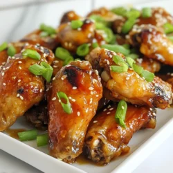 To make these tasty honey garlic chicken wings, you will need: - 2 pounds chicken wings, split into drumettes and flats - 1/4 cup honey - 1/4 cup soy sauce (low sodium) - 4 cloves garlic, minced - 1 tablespoon fresh ginger, grated - 1 teaspoon sesame oil - 1 tablespoon rice vinegar - 1/2 teaspoon crushed red pepper flakes (optional) - Salt and black pepper, to taste The marinade gives the wings their amazing flavor. Here’s what it includes: - Honey adds sweetness. - Soy sauce brings saltiness and depth. - Garlic adds a robust taste. - Fresh ginger gives a hint of spice. - Sesame oil adds a nutty finish. - Rice vinegar adds a touch of acidity. - Crushed red pepper flakes add heat, if you like spice. To make these wings even better, consider these garnishes: - Chopped green onions for freshness. - Sesame seeds for crunch and a nice look. These ingredients combine to create an irresistible flavor that will make your wings stand out. You'll love how simple it is to bring these flavors together! {{ingredient_image_1}} To make the marinade, grab a large bowl. Combine these ingredients: - 1/4 cup honey - 1/4 cup soy sauce (low sodium) - 4 cloves garlic, minced - 1 tablespoon fresh ginger, grated - 1 teaspoon sesame oil - 1 tablespoon rice vinegar - 1/2 teaspoon crushed red pepper flakes (optional) Whisk these together until smooth. This mix brings out great flavor. Now, add 2 pounds of chicken wings to the bowl. Split them into drumettes and flats for even marinating. Toss the wings well in the marinade. Cover the bowl and place it in the fridge. Let it sit for at least 30 minutes. For more taste, marinate for up to 2 hours. First, preheat your air fryer to 370°F (190°C). Next, take the wings out of the marinade. Let the extra marinade drip off. Season the wings with salt and black pepper. Place them in a single layer in the air fryer basket. You may need to do this in batches. Cook the wings for 25 minutes. Flip them halfway through for even cooking. If you want them crispier, add 5 extra minutes. While the wings cook, boil the leftover marinade in a small saucepan. Reduce the heat and let it simmer for 5-7 minutes until it thickens. This thickened mix becomes your glaze. When the wings are crispy, toss them in this glaze for extra flavor. Serve hot, garnished with chopped green onions and sesame seeds. Enjoy your tasty wings! To get the crispiest wings, pat them dry before marinating. This helps remove extra moisture. The air fryer works best when the wings are dry. After marinating, let the wings sit for a few minutes. This step allows the marinade to soak in well. Air fry them in a single layer. Avoid stacking to ensure even cooking. If they touch, they may steam instead of crisp. For the best taste, marinate the wings for at least 30 minutes. If you have time, let them soak for up to 2 hours. Longer marinating deepens the flavor. The honey, garlic, and ginger blend perfectly over time. Cover the bowl tightly to keep the wings fresh. Place them in the fridge to keep them cool while they marinate. Cooking time can vary based on wing size and air fryer brand. For smaller wings, reduce the cooking time by a few minutes. Start checking for doneness at 20 minutes. If you want extra crispiness, add 5 more minutes. Always flip the wings halfway through cooking. This ensures they cook evenly and get golden brown on both sides. Pro Tips Marinate for Maximum Flavor: The longer you marinate the chicken wings, the more flavorful they will be. Aim for at least 2 hours for the best results. Don’t Overcrowd the Air Fryer: For even cooking, ensure the wings are in a single layer and not overcrowded. Cook in batches if necessary. Check for Doneness: Use a meat thermometer to ensure the internal temperature of the chicken wings reaches 165°F (75°C) for safe consumption. Use Fresh Ingredients: Fresh garlic and ginger can significantly enhance the flavor of your marinade, making your wings even more delicious. {{image_2}} To make spicy honey garlic wings, add more heat. Use 1 teaspoon of crushed red pepper flakes. For extra spice, mix in sriracha or hot sauce. This adds a kick that blends well with the sweetness of honey. You can adjust the spice level to suit your taste. If you love heat, try adding some cayenne pepper too! You can swap chicken wings for other proteins. Try using chicken thighs or drumsticks for a different texture. You can even use tofu for a vegetarian option. Make sure to adjust the cooking time based on the protein. Thicker cuts may need more time in the air fryer, while tofu cooks faster. If you don’t have an air fryer, you can bake the wings. Preheat your oven to 400°F (200°C). Arrange the wings on a baking sheet. Bake for 30-35 minutes, flipping halfway through. This gives the wings that crispy texture you love. Brush them with the thickened marinade during the last few minutes of baking for more flavor. After enjoying your air fryer honey garlic chicken wings, you can store leftovers. Place them in an airtight container. They stay fresh in the fridge for up to three days. Make sure to cool them before sealing. This keeps the skin crispy for later. If you want to store the wings longer, freezing is a great option. First, let the wings cool completely. Then, put them in a freezer-safe bag. Remove as much air as possible to prevent freezer burn. You can freeze them for up to three months. When ready to eat, thaw them in the fridge overnight. Reheating your chicken wings can be easy. You have a few options. For the best results, use the air fryer. Preheat it to 375°F (190°C) and cook for about 8-10 minutes. This method keeps them crispy. You can also use the oven at 350°F (175°C) for a similar time. Microwaving is an option too, but it may make the wings soggy. To avoid this, cover them with a paper towel and heat in short bursts. To make chicken wings in an air fryer, start by mixing your marinade. Combine honey, soy sauce, minced garlic, grated ginger, sesame oil, rice vinegar, and crushed red pepper flakes in a bowl. Whisk until smooth. Next, add the chicken wings to the marinade. Toss them to coat well. Let them marinate in the fridge for at least 30 minutes. Preheat your air fryer to 370°F (190°C). Remove wings from the marinade and season with salt and pepper. Place the wings in a single layer in the air fryer. Cook for 25 minutes, flipping halfway. For extra crispiness, add 5 more minutes. Toss cooked wings in the thickened marinade before serving. Yes, you can use frozen chicken wings! However, you need to adjust the cooking time. Start by cooking the wings for about 30-35 minutes at 370°F (190°C). Flip them halfway through to help them cook evenly. Make sure they reach an internal temperature of 165°F (74°C) before serving. You might want to skip marinating if using frozen wings. Just coat them with your honey garlic sauce after cooking. Honey garlic chicken wings pair well with many sides. Here are some great ideas: - Fresh veggie sticks like carrots and celery - Creamy ranch or blue cheese dressing for dipping - Crispy fries or sweet potato fries - Steamed rice or cauliflower rice for a lighter option - A light salad to balance the meal These sides add color and flavor to your meal. Enjoy the wings with friends and family for a great time! You can create tasty honey garlic chicken wings with simple steps. We covered ingredients, marinade, and cooking methods. I shared tips for crispiness and flavor, plus tasty variations. You learned how to store and reheat wings too. Enjoy your wings today! With easy recipes and helpful tips, you will impress everyone. Simple cooking brings fun to any meal!