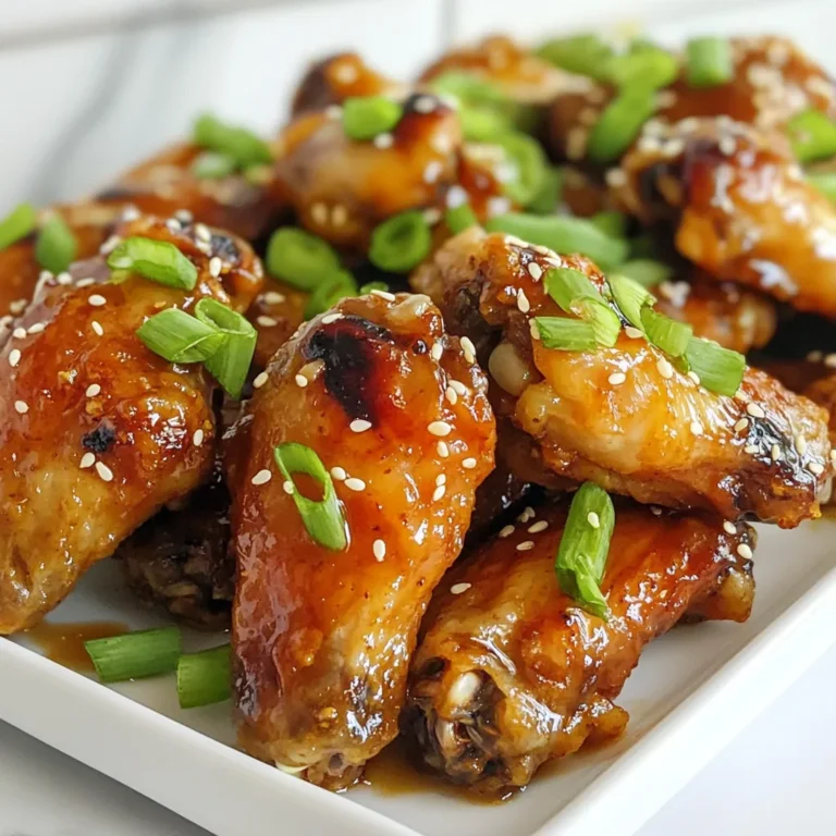 To make these tasty honey garlic chicken wings, you will need: - 2 pounds chicken wings, split into drumettes and flats - 1/4 cup honey - 1/4 cup soy sauce (low sodium) - 4 cloves garlic, minced - 1 tablespoon fresh ginger, grated - 1 teaspoon sesame oil - 1 tablespoon rice vinegar - 1/2 teaspoon crushed red pepper flakes (optional) - Salt and black pepper, to taste The marinade gives the wings their amazing flavor. Here’s what it includes: - Honey adds sweetness. - Soy sauce brings saltiness and depth. - Garlic adds a robust taste. - Fresh ginger gives a hint of spice. - Sesame oil adds a nutty finish. - Rice vinegar adds a touch of acidity. - Crushed red pepper flakes add heat, if you like spice. To make these wings even better, consider these garnishes: - Chopped green onions for freshness. - Sesame seeds for crunch and a nice look. These ingredients combine to create an irresistible flavor that will make your wings stand out. You'll love how simple it is to bring these flavors together! {{ingredient_image_1}} To make the marinade, grab a large bowl. Combine these ingredients: - 1/4 cup honey - 1/4 cup soy sauce (low sodium) - 4 cloves garlic, minced - 1 tablespoon fresh ginger, grated - 1 teaspoon sesame oil - 1 tablespoon rice vinegar - 1/2 teaspoon crushed red pepper flakes (optional) Whisk these together until smooth. This mix brings out great flavor. Now, add 2 pounds of chicken wings to the bowl. Split them into drumettes and flats for even marinating. Toss the wings well in the marinade. Cover the bowl and place it in the fridge. Let it sit for at least 30 minutes. For more taste, marinate for up to 2 hours. First, preheat your air fryer to 370°F (190°C). Next, take the wings out of the marinade. Let the extra marinade drip off. Season the wings with salt and black pepper. Place them in a single layer in the air fryer basket. You may need to do this in batches. Cook the wings for 25 minutes. Flip them halfway through for even cooking. If you want them crispier, add 5 extra minutes. While the wings cook, boil the leftover marinade in a small saucepan. Reduce the heat and let it simmer for 5-7 minutes until it thickens. This thickened mix becomes your glaze. When the wings are crispy, toss them in this glaze for extra flavor. Serve hot, garnished with chopped green onions and sesame seeds. Enjoy your tasty wings! To get the crispiest wings, pat them dry before marinating. This helps remove extra moisture. The air fryer works best when the wings are dry. After marinating, let the wings sit for a few minutes. This step allows the marinade to soak in well. Air fry them in a single layer. Avoid stacking to ensure even cooking. If they touch, they may steam instead of crisp. For the best taste, marinate the wings for at least 30 minutes. If you have time, let them soak for up to 2 hours. Longer marinating deepens the flavor. The honey, garlic, and ginger blend perfectly over time. Cover the bowl tightly to keep the wings fresh. Place them in the fridge to keep them cool while they marinate. Cooking time can vary based on wing size and air fryer brand. For smaller wings, reduce the cooking time by a few minutes. Start checking for doneness at 20 minutes. If you want extra crispiness, add 5 more minutes. Always flip the wings halfway through cooking. This ensures they cook evenly and get golden brown on both sides. Pro Tips Marinate for Maximum Flavor: The longer you marinate the chicken wings, the more flavorful they will be. Aim for at least 2 hours for the best results. Don’t Overcrowd the Air Fryer: For even cooking, ensure the wings are in a single layer and not overcrowded. Cook in batches if necessary. Check for Doneness: Use a meat thermometer to ensure the internal temperature of the chicken wings reaches 165°F (75°C) for safe consumption. Use Fresh Ingredients: Fresh garlic and ginger can significantly enhance the flavor of your marinade, making your wings even more delicious. {{image_2}} To make spicy honey garlic wings, add more heat. Use 1 teaspoon of crushed red pepper flakes. For extra spice, mix in sriracha or hot sauce. This adds a kick that blends well with the sweetness of honey. You can adjust the spice level to suit your taste. If you love heat, try adding some cayenne pepper too! You can swap chicken wings for other proteins. Try using chicken thighs or drumsticks for a different texture. You can even use tofu for a vegetarian option. Make sure to adjust the cooking time based on the protein. Thicker cuts may need more time in the air fryer, while tofu cooks faster. If you don’t have an air fryer, you can bake the wings. Preheat your oven to 400°F (200°C). Arrange the wings on a baking sheet. Bake for 30-35 minutes, flipping halfway through. This gives the wings that crispy texture you love. Brush them with the thickened marinade during the last few minutes of baking for more flavor. After enjoying your air fryer honey garlic chicken wings, you can store leftovers. Place them in an airtight container. They stay fresh in the fridge for up to three days. Make sure to cool them before sealing. This keeps the skin crispy for later. If you want to store the wings longer, freezing is a great option. First, let the wings cool completely. Then, put them in a freezer-safe bag. Remove as much air as possible to prevent freezer burn. You can freeze them for up to three months. When ready to eat, thaw them in the fridge overnight. Reheating your chicken wings can be easy. You have a few options. For the best results, use the air fryer. Preheat it to 375°F (190°C) and cook for about 8-10 minutes. This method keeps them crispy. You can also use the oven at 350°F (175°C) for a similar time. Microwaving is an option too, but it may make the wings soggy. To avoid this, cover them with a paper towel and heat in short bursts. To make chicken wings in an air fryer, start by mixing your marinade. Combine honey, soy sauce, minced garlic, grated ginger, sesame oil, rice vinegar, and crushed red pepper flakes in a bowl. Whisk until smooth. Next, add the chicken wings to the marinade. Toss them to coat well. Let them marinate in the fridge for at least 30 minutes. Preheat your air fryer to 370°F (190°C). Remove wings from the marinade and season with salt and pepper. Place the wings in a single layer in the air fryer. Cook for 25 minutes, flipping halfway. For extra crispiness, add 5 more minutes. Toss cooked wings in the thickened marinade before serving. Yes, you can use frozen chicken wings! However, you need to adjust the cooking time. Start by cooking the wings for about 30-35 minutes at 370°F (190°C). Flip them halfway through to help them cook evenly. Make sure they reach an internal temperature of 165°F (74°C) before serving. You might want to skip marinating if using frozen wings. Just coat them with your honey garlic sauce after cooking. Honey garlic chicken wings pair well with many sides. Here are some great ideas: - Fresh veggie sticks like carrots and celery - Creamy ranch or blue cheese dressing for dipping - Crispy fries or sweet potato fries - Steamed rice or cauliflower rice for a lighter option - A light salad to balance the meal These sides add color and flavor to your meal. Enjoy the wings with friends and family for a great time! You can create tasty honey garlic chicken wings with simple steps. We covered ingredients, marinade, and cooking methods. I shared tips for crispiness and flavor, plus tasty variations. You learned how to store and reheat wings too. Enjoy your wings today! With easy recipes and helpful tips, you will impress everyone. Simple cooking brings fun to any meal!