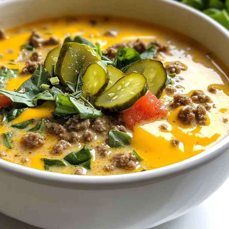 To make a tasty Keto Cheeseburger Soup, you'll need the following: - 1 lb ground beef - 1 medium onion, diced - 2 cloves garlic, minced - 4 cups beef broth - 1 cup heavy cream - 1 cup shredded cheddar cheese - 1/2 cup diced tomatoes (canned or fresh) - 1/4 cup pickles, diced - 2 teaspoons Italian seasoning - Salt and pepper to taste - 2 tablespoons olive oil - 4 cups fresh spinach or kale (optional) Start by preparing your ingredients. Dice the onion and mince the garlic. This helps release their flavors. Next, prepare the beef. Choose good quality ground beef. The fat content adds rich flavor to your soup. If you want leaner meat, go for 80/20 ground beef. If you use canned tomatoes, drain them before adding. Fresh tomatoes work well too. Just chop them into small pieces. For the pickles, dice them into tiny bits. This will add a nice crunch to the soup. Finally, wash and chop the spinach or kale if you choose to use it. When picking ground beef, look for bright red color. Avoid brown spots, as they indicate age. For onions, choose firm ones without soft spots. Garlic should be dry and plump. For beef broth, go for low-sodium options. This way, you can control the salt in your soup. Heavy cream should be fresh and cold. Check the date on the label. Choose sharp cheddar cheese for a stronger flavor. This adds richness to your soup. Use fresh vegetables whenever possible. They taste better and add nutrients. If you can, buy organic produce. This is better for your health and the environment. {{ingredient_image_1}} Start by heating olive oil in a large pot over medium heat. Add diced onion and minced garlic. Sauté them until the onion turns translucent, about 3-4 minutes. Next, add the ground beef. Cook it until it’s browned. Break the meat apart with a spoon as it cooks. Season the beef with salt, pepper, and Italian seasoning. This adds great flavor. Now, pour in the beef broth. Bring the mixture to a simmer. Let it cook for about 10 minutes. This helps all the flavors blend together. After that, stir in the diced tomatoes, heavy cream, and pickles. Bring the soup back to a gentle simmer. This step makes the soup rich and tasty. To achieve that creamy texture, gradually add the shredded cheddar cheese. Stir continuously until the cheese melts completely. This keeps the soup smooth and velvety. If you want, stir in fresh spinach or kale until it wilts. This adds color and nutrients. Finally, taste and adjust the seasoning with more salt and pepper if needed. Enjoy your hearty bowl of soup! To make a great Keto Cheeseburger Soup, follow these simple tips: - Use fresh ingredients. Fresh produce enhances flavor. - Brown the beef well. This adds depth to the soup. - Don’t rush the simmering. Letting it simmer helps the flavors blend. - Gradually add cheese. This keeps the texture smooth and creamy. - Taste as you go. Adjust salt and pepper to fit your preference. Many home cooks make a few common mistakes: - Overcooking the garlic. It can turn bitter if cooked too long. - Skipping the seasoning. Not seasoning the beef can lead to bland soup. - Adding cheese too fast. If you dump it in all at once, it clumps. - Using low-quality broth. A rich broth makes a big difference in taste. You can easily change the flavor of your soup: - Add herbs. Fresh herbs like parsley or chives can brighten the dish. - Incorporate spices. A pinch of cayenne pepper adds heat. - Experiment with toppings. Try crispy bacon or jalapeños for extra flavor. - Use different cheeses. Swap cheddar for gouda or pepper jack for a twist. Pro Tips Use Quality Beef: Opt for grass-fed ground beef for a richer flavor and healthier fat profile. Customize Your Cheese: Experiment with different cheese varieties like Gouda or Monterey Jack for a unique twist. Make It Spicy: Add a pinch of cayenne pepper or diced jalapeños for an extra kick in your soup. Store Leftovers Safely: Refrigerate any leftover soup in an airtight container for up to 4 days, or freeze for longer storage. {{image_2}} You can switch ingredients to fit your taste. Try ground turkey instead of beef. It gives a lighter flavor. You can also use cauliflower rice instead of heavy cream. This swap keeps it low-carb and adds texture. If you want a dairy-free option, use coconut milk instead of heavy cream. It adds a nice creaminess and sweetness. Toppings make this soup fun! You can add crispy bacon bits for crunch. Chopped green onions add a fresh taste. For spice, sprinkle some red pepper flakes or hot sauce. If you love pickles, add more diced pickles on top. You can also use avocado slices for creaminess. The options are endless! To make this soup vegetarian, use plant-based ground meat. Replace beef broth with vegetable broth. For dairy-free, swap heavy cream with almond or coconut milk. You can add beans for protein and texture. This keeps the soup hearty while fitting your diet. Enjoy the same great taste in every bowl! To keep your Keto Cheeseburger Soup fresh, let it cool first. Use airtight containers for storage. Place the soup in the fridge if you plan to eat it within three days. If you need more time, freeze it instead. When you’re ready to enjoy your soup again, take it out of the fridge or freezer. If frozen, let it thaw in the fridge overnight. Heat the soup in a pot over low heat. Stir often to prevent sticking. You may need to add a bit of beef broth or cream to restore its creamy texture. For long-term storage, freeze the soup in individual portions. This makes it easy to grab just what you need. Use freezer-safe bags or containers. Remove as much air as possible to avoid freezer burn. The soup can last up to three months in the freezer. Yes, Keto Cheeseburger Soup is healthy. It uses lean ground beef, which is rich in protein. The heavy cream adds healthy fats, making it great for a keto diet. Spinach or kale boosts vitamins and minerals. Plus, it has low carbs, keeping your diet on track. This soup fits perfectly into a balanced meal plan. Absolutely! You can make this soup ahead of time. Just follow the recipe and store it in the fridge. It tastes even better the next day as the flavors blend. To reheat, warm it on the stove or in the microwave. Make sure to stir it well before serving. If you want a thicker soup, try these options: - Extra cheese: Add more cheddar for creaminess. - Cream cheese: Blend it in for a rich texture. - Cauliflower: Cook and puree it for a low-carb thickener. - Xanthan gum: Use a small amount to thicken without adding carbs. These options keep your soup tasty and keto-friendly! This blog post covered the essential ingredients, preparation tips, and cooking steps for making a tasty Keto Cheeseburger Soup. We talked about ways to avoid common mistakes and shared variations to suit your taste. I also shared tips on storing leftovers and reheating, so you'll enjoy every bite later. Incorporating these insights helps you create a rich, satisfying soup. You now have the tools to impress at any meal with this delicious recipe. Enjoy experimenting in your kitchen!