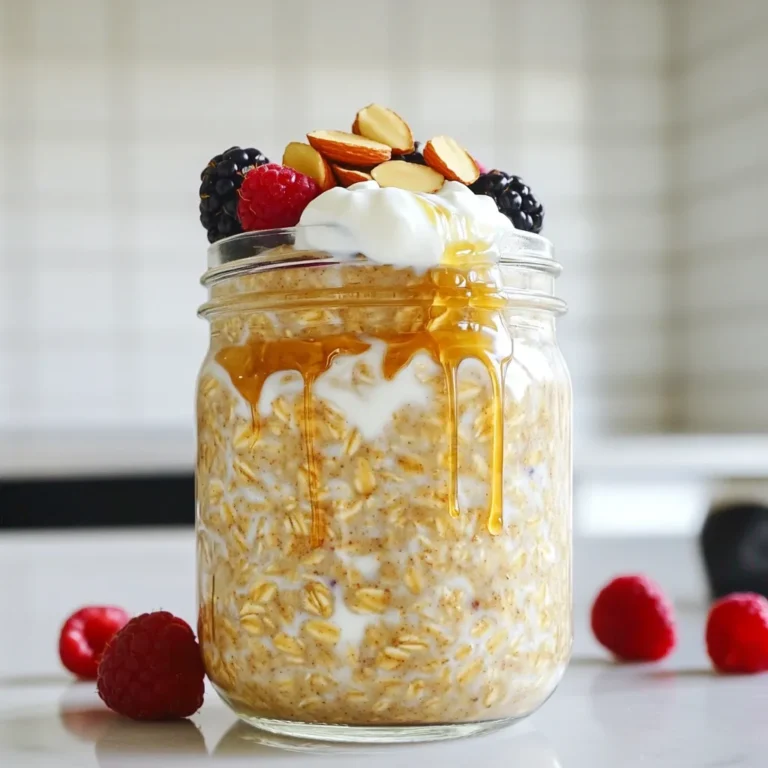 To make Maple Chai Overnight Oats, you need: - 1 cup rolled oats - 1 ½ cups almond milk (or any milk of your choice) - 2 tablespoons maple syrup - 1 teaspoon chai spice blend (or a mix of cinnamon, ginger, cardamom, and cloves) - ½ teaspoon vanilla extract - ½ cup Greek yogurt (or a dairy-free alternative) - 1 tablespoon chia seeds - Pinch of salt These ingredients create a base that is creamy, sweet, and spiced just right. The rolled oats soak up the almond milk and flavors. The chia seeds add a nice texture and boost of nutrition. You can elevate your overnight oats with fun toppings. Here are some ideas: - Sliced almonds - Fresh fruits like bananas or berries - A drizzle of extra maple syrup - A sprinkle of extra chai spice These toppings not only add flavor but also make the dish look pretty. You can mix and match to create your favorite combo. Each serving of Maple Chai Overnight Oats is packed with nutrients. Here’s a quick look at the breakdown: - Calories: About 300-350 calories - Protein: 10-15 grams - Fiber: 7-10 grams - Sugars: 8-12 grams (mostly from maple syrup and fruits) This meal is great for breakfast. It gives you energy and keeps you full. The oats provide healthy carbs, and the yogurt adds protein. Plus, you get vitamins from the fruit toppings. To make Maple Chai Overnight Oats, gather your ingredients first. You will need: - 1 cup rolled oats - 1 ½ cups almond milk (or any milk of your choice) - 2 tablespoons maple syrup - 1 teaspoon chai spice blend (or a mix of cinnamon, ginger, cardamom, and cloves) - ½ teaspoon vanilla extract - ½ cup Greek yogurt (or a dairy-free alternative) - 1 tablespoon chia seeds - Pinch of salt - Sliced almonds and fresh fruits (like bananas or berries) for topping In a large bowl, mix the rolled oats, almond milk, maple syrup, chai spice blend, vanilla extract, Greek yogurt, chia seeds, and a pinch of salt. Stir well until the oats are soaked in the liquid. Next, divide this mixture into mason jars or airtight containers. Seal them tightly. Place the jars in the fridge for at least 4 hours or overnight. This soaking time helps the oats soften and absorb the flavors. If you are short on time, soak them for at least 4 hours. When you wake up, stir the oats. If they seem too thick, add a splash of almond milk. This will help you reach your desired texture. Top your oats with sliced almonds and fresh fruits before you dig in. Bananas or berries work great for a pop of color and flavor. You can also drizzle more maple syrup on top for extra sweetness. Enjoy your delicious, easy breakfast that is ready when you are! To get the best texture for your Maple Chai Overnight Oats, use rolled oats. They soak up the milk well and keep a nice bite. Make sure to mix the oats with the liquid until they are fully wet. This step helps the oats soften evenly. If you want a creamier texture, add more Greek yogurt. A splash more almond milk in the morning can help, too. You can easily change the flavor of your overnight oats. Try different spices if you want. Swap the chai spice for pumpkin spice for a fall twist. You may also add a splash of vanilla or almond extract for a unique taste. Mixing in some fresh fruit or nuts can also give a new flavor. Sliced bananas or berries add sweetness and color to your oats. One common mistake is not using enough liquid. If you add too few cups of almond milk, your oats will be dry. Another mistake is not letting the oats soak long enough. They need at least four hours, but overnight is best. Lastly, don’t skip the salt! A pinch of salt brings out the flavors and makes the dish more enjoyable. {{image_2}} You can easily make this recipe dairy-free and vegan. Just swap Greek yogurt for a dairy-free yogurt. Almond milk works great, but feel free to use any plant-based milk. Oat milk or soy milk are also good choices. The oats will soak up the flavors just as well. If you want to change the sweetness, try using agave syrup or honey. Both work well in overnight oats. You can also use mashed ripe bananas for natural sweetness. This will add flavor and creaminess without adding extra sugar. Just remember, the sweetness level can change based on what you choose. Add your favorite fruits or nuts to make it special. Fresh berries or sliced bananas work great on top. For extra crunch, sprinkle in some sliced almonds or walnuts. You could even add a spoonful of nut butter for a creamy twist. The options are endless, so feel free to get creative! To store your Maple Chai Overnight Oats, use mason jars or airtight containers. These keep the oats fresh and tasty. After you prepare the oats, seal the containers tightly. Place them in the refrigerator. This keeps them cool and ready to eat. Your overnight oats will stay fresh for up to five days in the fridge. The flavors will blend and deepen over time. However, for the best taste and texture, eat them within three days. This way, you enjoy the perfect creaminess of the oats. You can eat the oats cold straight from the fridge. If you prefer warm oats, reheat them in the microwave. Just add a splash of almond milk to keep them moist. Stir well and heat in short bursts of 15-30 seconds. Top with sliced almonds and fresh fruits for a delicious finish. Enjoy your meal! Maple Chai Overnight Oats last for about five days in the fridge. After that, the oats may lose their texture. To keep them fresh, store them in airtight containers. Make sure to check for any off smells or changes in texture before eating. Yes, you can use quick oats. Quick oats will soak up the liquid faster than rolled oats. This may change the texture, making it softer and smoother. If you prefer a chewier bite, stick with rolled oats. You can use any milk you like. Almond milk is a great choice, but oat milk or soy milk work well too. If you prefer dairy, whole milk or skim milk can also be used. Just choose what fits your taste! In this post, we explored how to make Maple Chai Overnight Oats. We covered essential ingredients and optional toppings to enhance flavor. You learned step-by-step instructions, soaking tips, and serving suggestions. We also shared helpful tips to avoid common mistakes. Variations for dietary needs and storage info ensure you enjoy this dish longer. Overnight oats are easy to make and fun to customize. Try different flavors and toppings!
