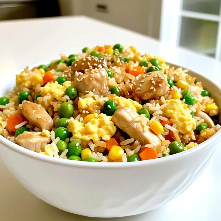 - 2 cups cooked jasmine rice - 1 lb chicken breast - 3 tablespoons honey - 3 tablespoons soy sauce - 2 garlic cloves, minced - 1 teaspoon grated ginger - 2 eggs, beaten - 1 cup mixed vegetables (peas, carrots, corn) - 4 green onions, chopped - 2 tablespoons sesame oil - Salt and pepper to taste - Sesame seeds for garnish This dish uses simple items that you may already have at home. The cooked jasmine rice is key. Day-old rice works best. It stays firm and doesn’t get mushy. The chicken breast is a great choice for protein. It cooks quickly and tastes great with honey. For flavor, we need soy sauce, honey, minced garlic, and grated ginger. They mix well together. They add sweet and savory notes to the dish. Eggs give a nice texture and add protein too. Mixed vegetables bring color and nutrition. You can use any mix you like. Peas, carrots, and corn are a classic choice. Green onions add a fresh crunch. Sesame oil gives depth to the flavors. Don't forget salt and pepper to season the dish just right. Lastly, sprinkle sesame seeds on top for a nice finish. Gather all these ingredients before you start cooking. This will make the process smooth and fun! First, grab a small bowl. Mix together the honey, soy sauce, minced garlic, and grated ginger. This sauce adds sweet and savory flavors. It’s simple and tasty! Next, heat a large skillet on medium-high. Pour in one tablespoon of sesame oil. Then, add your diced chicken breast. Sprinkle with salt and pepper. Cook until the chicken is browned, about 5 to 7 minutes. Once done, take the chicken out and set it aside. Now, use the same skillet. Add the other tablespoon of sesame oil. Pour in your beaten eggs. Scramble them until they are fully cooked. When ready, transfer the eggs to the plate with the chicken. In the same skillet, toss in your mixed vegetables. Cook them for about 3 to 4 minutes until tender. Peas, carrots, and corn work great here! This step brings color and nutrition to your dish. Time to combine! Add your day-old rice and the honey garlic sauce to the skillet. Stir everything well to coat the rice. Let it heat through for about 3 to 5 minutes. This step makes sure every grain is flavorful. Finally, return the cooked chicken and scrambled eggs to the skillet. Toss everything together until mixed well. Fold in the chopped green onions for a fresh crunch. Adjust seasoning with salt and pepper if needed. Serve hot and enjoy your delicious meal! Using day-old jasmine rice makes a big difference. Fresh rice often clumps and sticks together. Day-old rice dries out a bit, which helps it stay separate when frying. This texture helps achieve that perfect fried rice bite. It also absorbs flavors better from the sauce, making every bite tasty. Just store your cooked rice in the fridge overnight. This simple step transforms your dish. Balancing sweetness, saltiness, and spice is key. Honey gives a sweet touch, but make sure it doesn't overpower. Start with less honey, and add more as needed. The soy sauce adds salt. Taste as you go to find the right mix. If you want a kick, add a pinch of chili flakes or some hot sauce. This way, you can craft a dish that fits your taste perfectly. Stir-frying is an art. To avoid burning, keep your heat high but not too high. Use a large skillet or wok to give your food space. This helps it cook evenly. Always add your ingredients in stages. Start with the chicken, then the eggs, and finally the veggies. Stir constantly to keep everything moving. This method keeps your dish vibrant and prevents sticking. {{image_2}} You can easily swap out chicken for other proteins. Tofu is a great choice for a vegetarian option. It absorbs the honey garlic sauce well. Shrimp also works nicely; just cook it until it turns pink. You can even use beef or pork if you prefer. Each protein brings a new flavor to the dish. Mixing up the veggies keeps the meal fun and fresh. You can use bell peppers, broccoli, or snap peas. Each adds a different crunch and taste. Frozen mixed veggies work too if you're short on time. Always aim for colorful veggies to make the plate appealing and healthy. To make your fried rice even tastier, try adding spices or sauces. A pinch of red pepper flakes gives it heat. A splash of rice vinegar adds a tangy twist. You can also try a touch of hoisin sauce for a sweet kick. Experiment with flavors to find your favorite mix. Store any leftovers in an airtight container. This keeps the honey garlic chicken fried rice fresh. It will last for about 3 to 4 days in the fridge. Make sure to cool it down before sealing. This helps prevent moisture from building up. You can freeze honey garlic chicken fried rice for later use. First, let it cool completely. Then, place it in a freezer-safe bag or container. Be sure to remove as much air as possible. It will stay good for about 2 to 3 months. When ready to eat, thaw it overnight in the fridge. For safe reheating, use the stovetop or microwave. If using the stovetop, add a splash of water to keep it moist. Stir it frequently on medium heat until hot. In the microwave, heat in short bursts, stirring in between. This ensures even heating and helps avoid hot spots. Always check that it is steaming hot before serving. Yes, you can use various rice types. Here are some options: - Brown rice: It adds a nutty flavor and more fiber. - Basmati rice: This rice has a fragrant aroma and a light texture. - Sushi rice: It’s sticky and holds together well, adding a different texture. Each rice type offers a unique taste and texture. Just make sure the rice is cooked before adding it to the dish. To make this dish gluten-free, swap soy sauce for gluten-free alternatives. Here are some options: - Tamari: It tastes similar to soy sauce but is gluten-free. - Coconut aminos: This sauce is slightly sweeter and lower in sodium. - Homemade soy sauce substitute: Mix 1 tablespoon of water, 1 tablespoon of vinegar, and a pinch of salt. These substitutes keep the flavor while making the dish safe for those avoiding gluten. To make honey garlic chicken fried rice vegetarian, you can replace the chicken and eggs. Here are some ideas: - Tofu: Use firm tofu for protein and a nice texture. - Tempeh: It adds a nutty flavor and is packed with protein. - Chickpeas: These legumes work well in fried rice and add heartiness. This way, you can enjoy a flavorful meal without meat or eggs. This blog post covered a delicious honey garlic chicken fried rice recipe. We discussed key ingredients and steps for making this dish. I shared tips for flavor, cooking methods, and variations to try. You can adapt the recipe to your taste and dietary needs. Remember, using day-old rice makes a big difference. With the right techniques, you'll create a tasty meal every time. Enjoy experimenting and making this dish your own!