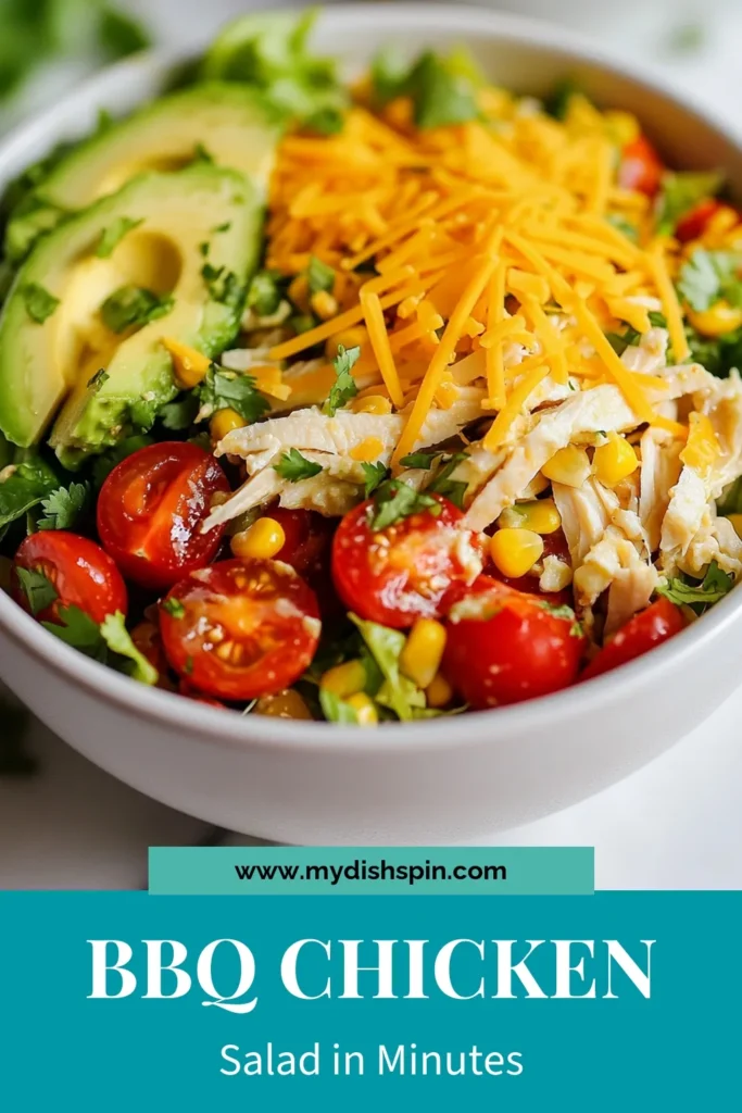 Looking for a delicious BBQ chicken salad recipe? Try this BBQ Ranch Chicken Salad featuring tender rotisserie chicken and refreshing summer salad ingredients! This ranch dressing salad combines crunchy veggies and savory flavors for a healthy BBQ salad perfect for warm days. Easy to make in just 15 minutes, it's a must-try! Save this recipe for a tasty meal that everyone will love. #BBQChickenSalad #HealthySalad #SummerSaladWithChicken #RanchDressingSalad