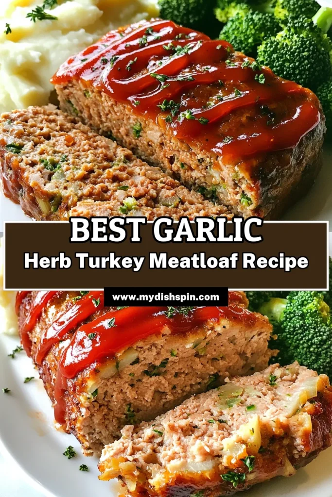 Indulge in this delicious Garlic Herb Turkey Meatloaf, a healthy turkey meatloaf recipe packed with flavor! This ground turkey meatloaf with herbs is an easy turkey meatloaf dinner that the whole family will love. With aromatic garlic and fresh parsley, it's a flavorful meatloaf that elevates your weeknight meals. Try it tonight and enjoy a satisfying taste experience! Don't forget to save this recipe for later! #HealthyEating #TurkeyMeatloaf #DinnerIdeas #EasyRecipes