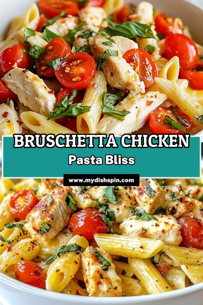 Discover the ultimate Bruschetta Chicken Pasta recipe that combines juicy chicken, vibrant cherry tomatoes, and melty mozzarella cheese for a delicious meal. This easy chicken pasta recipe is perfect for weeknight dinners, taking just 30 minutes to prepare. Enjoy the fresh flavors of basil and the richness of balsamic vinegar in this satisfying dish. Save this easy recipe for your next family meal! #BruschettaChickenPasta #CherryTomatoPasta #MozzarellaPastaDishes #BasilChickenPasta