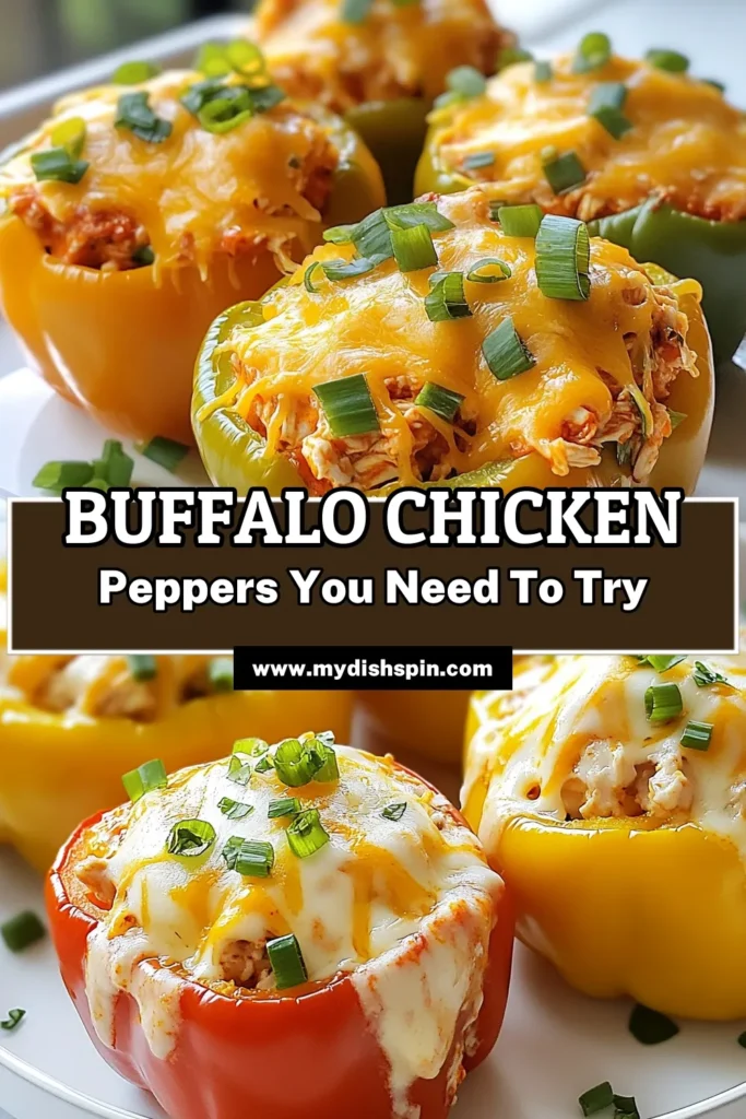 Spice up your dinner with these delicious Buffalo Chicken Stuffed Peppers! This easy buffalo chicken recipe combines shredded chicken and creamy cheese, all stuffed into tender bell peppers. Perfect as a meal or buffalo chicken appetizers for your next gathering, these spicy stuffed peppers are sure to impress. Try this stuffed bell peppers recipe today for a flavorful twist on dinner! Save and share! #BuffaloChicken #StuffedPeppers #SpicyRecipes #EasyRecipes