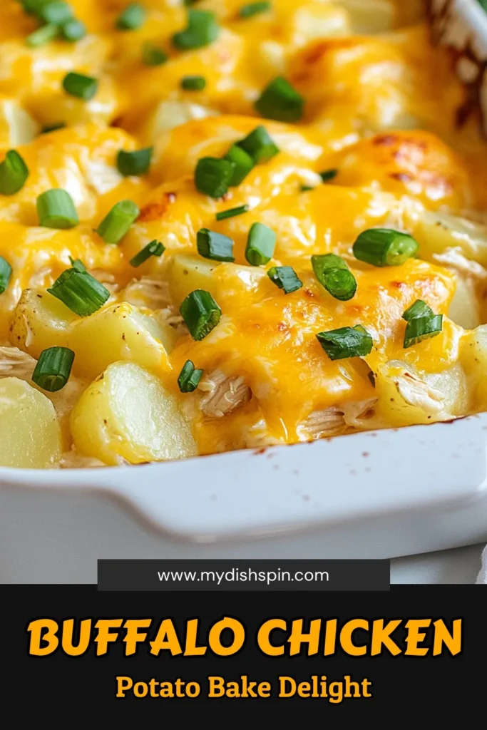 Discover the ultimate comfort food with this Buffalo Chicken Potato Bake! This cheesy buffalo chicken recipe is an easy potato casserole that transforms rotisserie chicken into a loaded buffalo chicken dish everyone will love. With tender potatoes, spicy buffalo sauce, and creamy cheese, it's a perfect weeknight meal. Try this delicious recipe and save for later! #BuffaloChicken #PotatoCasserole #ComfortFood #EasyRecipes