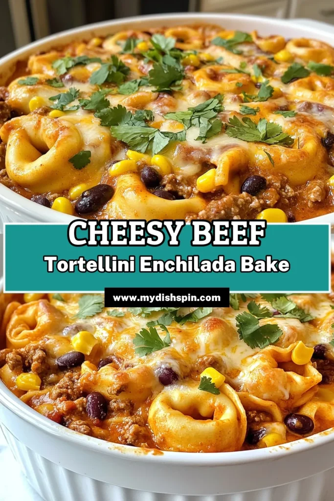 Discover a delicious and easy Beef Enchilada Tortellini Bake that combines the best of cheesy tortellini and flavorful ground beef enchiladas in a one pot enchilada casserole. This easy tortellini recipe is perfect for busy weeknights, and it’s sure to please the whole family! With just a few simple ingredients, you can create a satisfying meal in under an hour. Save this recipe for your next dinner! #BeefEnchiladas #TortelliniRecipes #Casserole #EasyDinnerRecipes